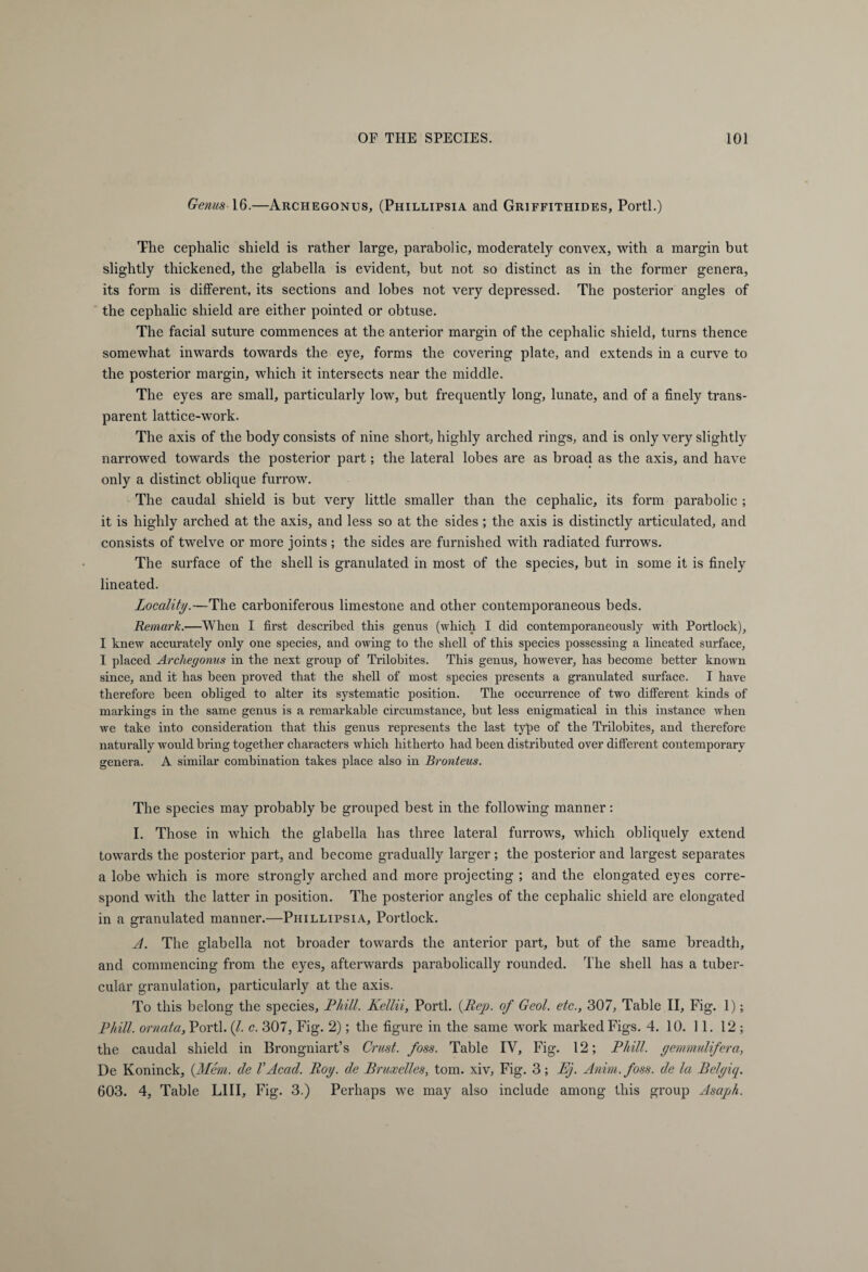 Genus 16.—Archegonus, (Phillipsia and Griffithides, Porti.) The cephalic shield is rather large, parabolic, moderately convex, with a margin but slightly thickened, the glabella is evident, but not so distinct as in the former genera, its form is different, its sections and lobes not very depressed. The posterior angles of the cephalic shield are either pointed or obtuse. The facial suture commences at the anterior margin of the cephalic shield, turns thence somewhat inwards towards the eye, forms the covering plate, and extends in a curve to the posterior margin, which it intersects near the middle. The eyes are small, particularly low, but frecpiently long, lunate, and of a finely trans¬ parent lattice-work. The axis of the body consists of nine short, highly arched rings, and is only very slightly narrowed towards the posterior part; the lateral lobes are as broad as the axis, and have only a distinct oblique furrow. The caudal shield is but very little smaller than the cephalic, its form parabolic ; it is highly arched at the axis, and less so at the sides; the axis is distinctly articulated, and consists of twelve or more joints ; the sides are furnished with radiated furrows. The surface of the shell is granulated in most of the species, but in some it is finely lineated. Locality.—The carboniferous limestone and other contemporaneous beds. Remark.—When I first described this genus (which I did contemporaneously with Portlock), I knew accurately only one species, and owing to the shell of this species possessing a lineated surface, I placed Archegonus in the next group of Trilobites. This genus, however, has become better known since, and it has been proved that the shell of most species presents a granulated surface. I have therefore been obliged to alter its systematic position. The occurrence of two different kinds of markings in the same genus is a remarkable circumstance, but less enigmatical in this instance when we take into consideration that this genus represents the last type of the Trilobites, and therefore naturally would bring together characters which hitherto had been distributed over different contemporary genera. A similar combination takes place also in Bronteus. The species may probably be grouped best in the following manner: I. Those in which the glabella has three lateral furrows, which obliquely extend towards the posterior part, and become gradually larger ; the posterior and largest separates a lobe which is more strongly arched and more projecting ; and the elongated eyes corre¬ spond with the latter in position. The posterior angles of the cephalic shield are elongated in a granulated manner.—Phillipsia, Portlock. A. The glabella not broader towards the anterior part, but of the same breadth, and commencing from the eyes, afterwards parabolically rounded. The shell has a tuber¬ cular granulation, particularly at the axis. To this belong the species, Phill. Kellii, Porti. (Rep. of Geol. etc., 307, Table II, Fig. 1); Phi'll, ornata, Porti. (/. c. 307, Fig. 2); the figure in the same work marked Figs. 4. 10. 11. 12 ; the caudal shield in Brongniart’s Crust, foss. Table IV, Fig. 12; Phill. yemmulifera, De Köninck, (Mem. de VAcad. Roy. de Bruxelles, tom. xiv, Fig. 3; Eg. Anim.foss. de la Belyiq. 603. 4, Table L1II, Fig. 3.) Perhaps we may also include among this group Asaph.