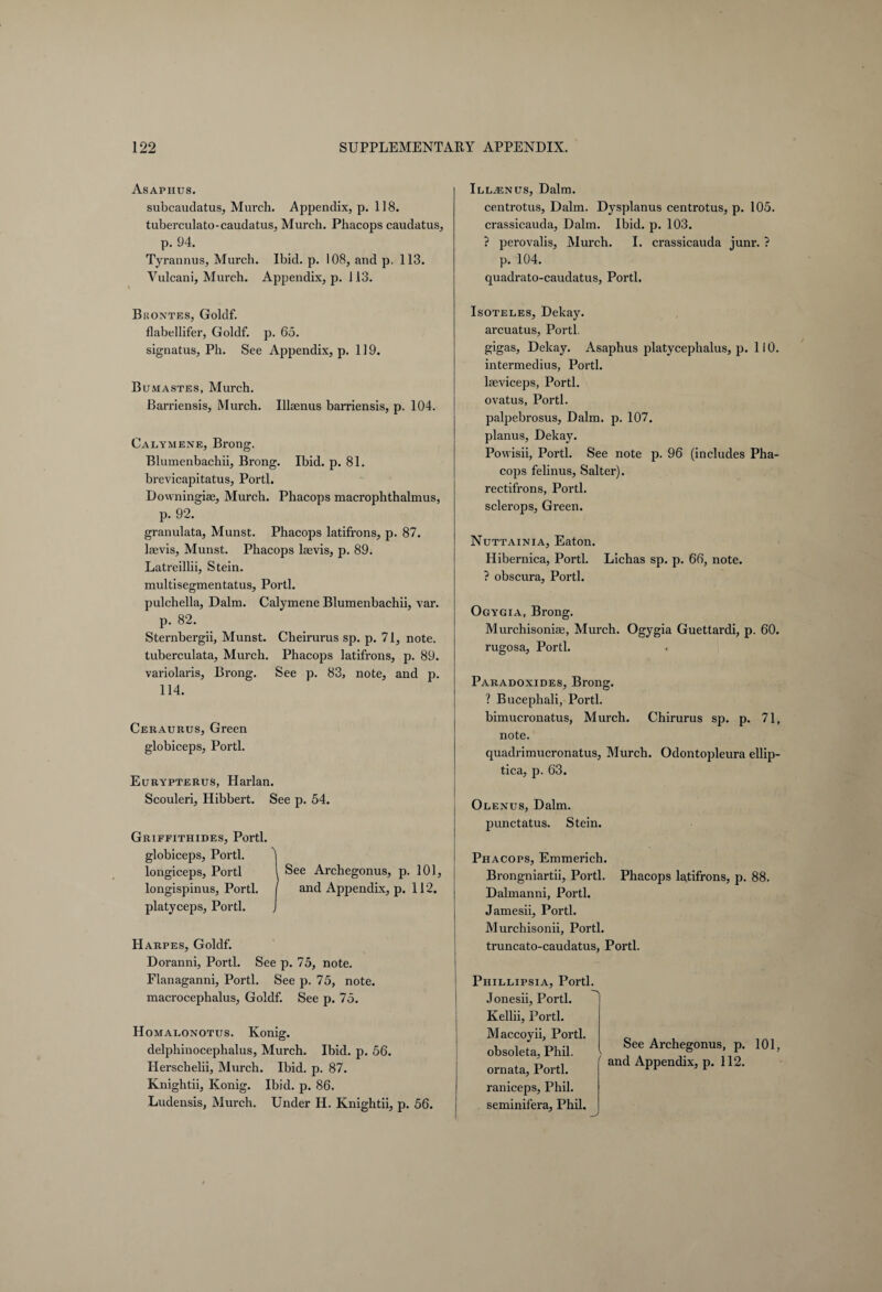 Asaphus. subcaudatus, Murch. Appendix, p. 118. tuberculato-caudatus, Murch. Phacops caudatus, p. 94. Tyrannus, Murch. Ibid. p. 108, and p. 113. Vulcani, Murch. Appendix, p. J13. Illa^nus, Dalm. centrotus, Dalm. Dysplanus centrotus, p. 105. crassicauda, Dalm. Ibid. p. 103. ? perovalis, Murch. I. crassicauda junr. ? p. 104. quadrato-caudatus, Porti. Bkontes, Goldf. flabellifer, Goldf. p. 65. signatus, Ph. See Appendix, p. 119. Bumastes, Murch. Barriensis, Murch. Illaenus barriensis, p. 104. Calymene, Brong. Blumenbachii, Brong. Ibid. p. 81. brevicapitatus, Porti. Downingiae, Murch. Phacops macrophthalmus, p. 92. granulata, Munst. Phacops latifrons, p. 87. laevis, Munst. Phacops laevis, p. 89. Latreillii, Stein, multisegmentatus, Porti. pulchella, Dalm. Calymene Blumenbachii, var. p. 82. Sternbergii, Munst. Cheirurus sp. p. 71, note, tuberculata, Murch. Phacops latifrons, p. 89. variolaris, Brong. See p. 83, note, and p. 114. Ceraurus, Green globiceps, Porti. Eurypterus, Harlan. Scouleri, Hibbert. See p. 54. Griffithides, Porti, globiceps, Porti. | longiceps, Porti l See Archegonus, p. 101, longispinus, Porti. / and Appendix, p. 112. platyceps, Porti. J Harpes, Goldf. Doranni, Porti. See p. 75, note. Flanaganni, Porti. See p. 75, note, macrocephalus, Goldf. See p. 75. Homaronotus. König. delphinocephalus, Murch. Ibid. p. 56. Ilerschelii, Murch. Ibid. p. 87. Knightii, König. Ibid. p. 86. Ludensis, Murch. Under H. Knightii, p. 56. Isoteles, Dekay. arcuatus, Porti. gigas, Dekay. Asaphus platycephalus, p. 110. intermedius, Porti, laeviceps, Porti, ovatus, Porti. palpebrosus, Dalm. p. 107. planus, Dekay. Powisii, Porti. See note p. 96 (includes Pha¬ cops felinus, Salter), rectifrons, Porti, sclerops, Green. Nuttainia, Eaton. Hibernica, Porti. Lichas sp. p. 66, note. ? obscura, Porti. Ogygia, Brong. Murchisoniag, Murch. Ogygia Guettardi, p. 60. rugosa, Porti. Paradoxides, Brong. ? Bucephali, Porti. bimucronatus, Murch. Chirurus sp. p. 71, note. quadrimucronatus, Murch. Odontopleura ellip- tica, p. 63. Ol enus, Dalm. punctatus. Stein. Phacops, Emmerich. Brongniartii, Porti. Phacops latifrons, p. 88. Dalmanni, Porti. Jamesii, Porti. Murchisonii, Porti, truncato-caudatus, Porti. Phillipsia, Porti. Jonesii, Porti. Kellii, Porti. Maccoyii, Porti, obsoleta, Phil, ornata, Porti, raniceps, Phil, seminifera, Phil. See Archegonus, p. and Appendix, p. 112. 101,