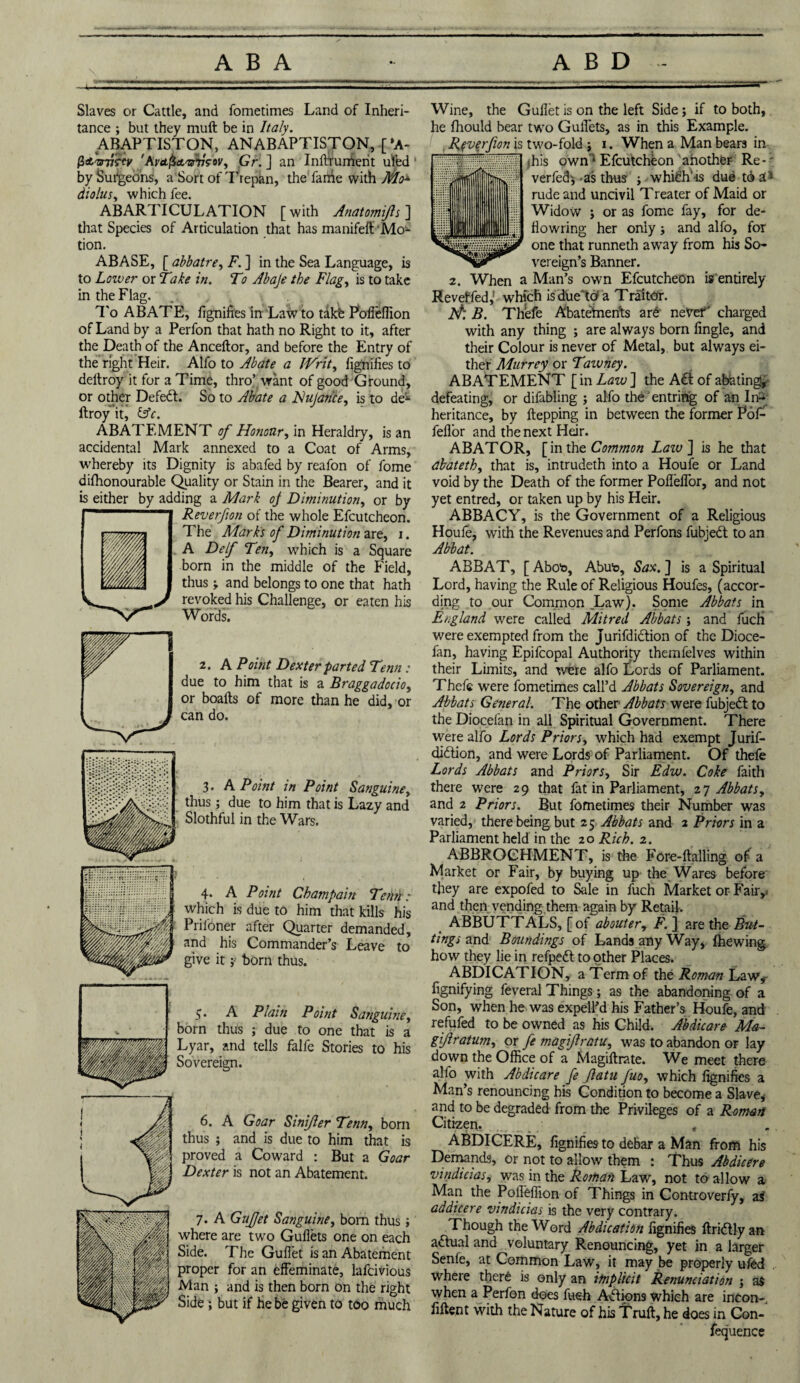 -4- Slaves or Cattle, and fometimes Land of Inheri¬ tance ; but they mull be in Italy. ABAPTISTON, ANABAPTISTON, [»A- vTtv 'AvitjkiaftizWy Gr. ] an Infh'ument ulfed by Surgeons, a Sort of Trepan, the fame with Mo* diolus, which fee. ABARTICULATION [with Anatomijls] that Species of Articulation that has manifeft ‘Mo¬ tion. ABASE, [ abbatre, F. ] in the Sea Language, is to Lozver or Take in. To Abaje the Flag, is to take in the Flag. To ABATE, fignifies in Law to takfe Fofleffion of Land by a Perfon that hath no Right to it, after the Death of the Anceftor, and before the Entry of the right Heir. Alfo to Abate a Writ, fignifies to deltroy it for a Time, thro’ want of good Ground, or other Defedt. So to Abate a Flujarice, is to de1 Itroy it, &c. ABATEMENT of Honour, in Heraldry, is an accidental Mark annexed to a Coat of Arms, whereby its Dignity is abafed by reafon of fome dilhonourable Quality or Stain in the Bearer, and it is either by adding a Mark oj Diminution, or by Reverfon of the whole Efcutcheon. The Marks of Diminution are, i. A Delf Ten, which is a Square born in the middle of the Field, thus y and belongs to one that hath revoked his Challenge, or eaten his Words. 2. A Point Dexter parted Tenn : due to him that is a Braggadocio, or boafts of more than he did, or can do. 3. A. Point in Point Sanguine, thus; due to him that is Lazy and Slothful in the Wars. 4. A Point Champain Term: which is due to him that kills his Prifoner after Quarter demanded, and his Commander’s Leave to give it y bom thus. 5* A Plain Point Sanguine, born thus ; due to one that is a Lyar, and tells falfe Stories to his Sovereign. 6. A Goar Sinijler Tenn, born thus ; and is due to him that is proved a Coward : But a Goar Dexter is not an Abatement. 7. A Gufjet Sanguine, born thus; where are two Gullets one on each Side. The Gullet is an Abatement proper for an effeminate, lafcivious Man ; and is then born on the right Side; but if he be given to too much Wine, the Gullet is on the left Side; if to both, he Ihould bear two Gullets, as in this Example. two-fold i 1. When a Man bears in this own'* Efcutcheon another Re-- verfed* -as thus ; whidh‘is due td a1 rude and uncivil Treater of Maid or Widow ; or as fome fay, for de¬ flowring her only •, and alfo, for one that runneth away from his So¬ vereign’s Banner. 2. When a Man’s own Efcutcheon is entirelv Revelled,’ which is due'td a Traitor. if B. Thefe Abatements zxt nevef charged with any thing ; are always born fingle, and their Colour is never of Metal, but always ei¬ ther Murrey or Tawney. ABATEMENT [ in Law ] the Adt of abatingj defeating, or difabling ; alfo the entring of an In¬ heritance, by Itepping in between the former Pof- feflor and the next Heir. ABATOR, [inthz Common Lazo] is he that dbatethy that is, intrudeth into a Houfe or Land void by the Death of the former Pofleffor, and not yet entred, or taken up by his Heir. ABBACY, is the Government of a Religious Houle, with the Revenues and Perfons fubjedt to an Abbat. ABBAT, [ Aboto, Abuto, Sax. ] is a Spiritual Lord, having the Rule of Religious Houfes, (accor¬ ding to our Common .Law). Some Abbats in England were called Mitred Abbats; and fucH were exempted from the Jurifdidtion of the Dioce- fan, having Epifcopal Authority themfelves within their Limits, and were alfo fiords of Parliament. Thefe were fometimes call’d Abbats Sovereign, and Abbats General. The other’ Abbats were fubjedl to the Diocelan in all Spiritual Government. There were alfo Lords Priors, which had exempt Jurif- didtion, and were Lords of Parliament. Of thefe Lords Abbats and Priors, Sir Edw. Coke faith there were 29 that fat in Parliament, 27 Abbats, and 2 Priors. But fometimes their Number was varied, there being but 25, Abbats and 2 Priors in a Parliament held in the 20 Rich. 2. ABBROCHMENT, is the Fore-Hailing of a Market or Fair, by buying up the Wares before they are expofed to Sale in fuch Market or Fair,, and then vending them again by Retail. ABBUTTALS, [of aboutery F. ] are the But¬ tings and. Boundings of Lands any Way, Ihewing how they lie in refpedl to other Places. ABDICATION, a Term of the Roman Law, fignifying feveral Things; as the abandoning of a Son, when he was expell’d his Father’s Houfe, and refufed to be owned as his Child. Abdicare Ma- giflratum, or fe magijlratu, was to abandon or lay down the Office of a Magiftrate. We meet there alfo with Abdicare fe Jlatu fuoy which fignifies a Man’s renouncing his Condition to become a Slave, and to be degraded from the Privileges of a Roman Citizen. , ABDICERE, fignifies to debar a Man from his Demands, or not to allow them : Thus Abdicere vindicias, was in the Roman Law, not to allow a Man the Pofieffion of Things in Controverfy, as; addicere vindicias is the very contrary. Though the Word Abdication fignifies ftridly an adiual and voluntary Renouncing, yet in a larger Senfe, at Common Law, it may be properly ufed where there is only an implicit Renunciation ; as when a Perfon does fuch Adi ions which are incon- fiftent with the Nature of his Truft, he does in Con-‘ fequence