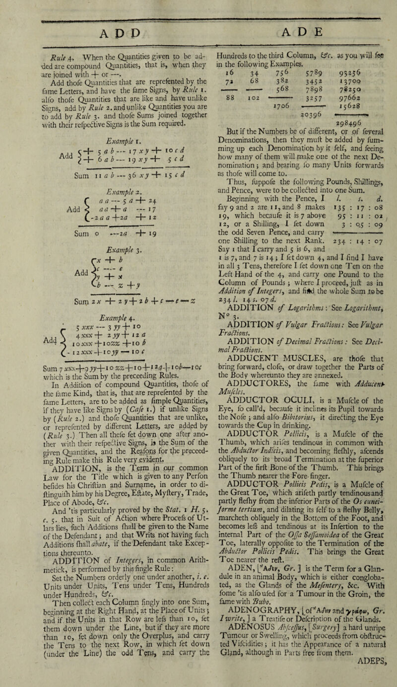 Rule 4» When the Quantities given to be ad¬ ded are compound Qiiantities, that is, when they are joined with or —. Add thofe Quantities that are reprefented by the fame Letters, and have the fame Signs, by Rule i. alfo thofe Qiiantities that are like and have unlike Signs, add by Rule 2. and unlike Quantities you are to add by Rule 3. and thofe Sums joined together with their refpedtive Signs is the Sum required. Example r. c-f- 5 a b 17 x y -4 10 c d c 4“ 6 a b — 19 xy *4- 5 c d Sum 11 a b — 36 x y 15 c d Example 2. C a a — 5 a -4- 24 Add s aa ■4“ a — 17 y^-zaa-\-za —Hi 2 Sum o —2a -4“ 19 Example 3. ^ x -4~ b Add jy -H * V.b —r z ~fy Sum zx 2 y-\- 2b + c •z Example 4. 3 xxx — 3 yy 4^ 1 ° 4 xxx 4“ 2yy-j- 12 a 1 o xxx 4-1 ozz 4-10 b 12 xxx -j-1 o yy — 10 c Sum 7 xxx-\-g yy-\-i ° zs4-I04_124-|-|°^-~tor which is the Sum by the preceeding Rules. In Addition of compound Quantities, thofe of the lame Kind, that is, that are reprefented by the fame Letters, are to be added as fimple Qiiantities, if they have like Signs by {Cafe 1.) if unlike Signs by {Rule 2.) and thofe Quantities that are unlike, or reprefented by different Letters, are added by {Rule 3.) Then all thefe fet down one after ano¬ ther with their refpeclive Signs, is the Sum of the given Qiiantities, and the Reafons for the preceed¬ ing Rule make this Rule very evident. ADDITION, is the Term in our common Law for the Title which is given to any Perfon befides his Chriftian and Surname, in order to di- Itinguiih him by his Degree, Eftate, Myftery, Trade, Place of Abode, &c. And ’tis particularly proved by the Stat. 1 H. 5. c. 5. that in Suit of Adion where Procefs of Ut- lars lies, fuch Additions {hall be given to the Name of the Defendant; and that Writs not having fuch Additions (hallabate, if the Defendant take Excep¬ tions thereunto. addition of Integers, in common Arith- metick, is performed by this fingle Rule: Set the Numbers orderly one under another, i. e. Units under Units, Tens under Tens, Hundreds under Hundreds, &c. Then colled each Column fingly into one Sum, beginning at the Right Hand, at the Place of Unitsk, and if the Units in that Row are lefs than 10, fet them down under the Line, but if they are more than 10, fet down only the Overplus, and carry the Tens to the next Row, in which fet down (under the Line) the odd Tens, and carry the Hundreds to the third Column, &c. as you will fee in the following Examples. 16 34 75 6 5789 93256 72 68 382 3 45 2 1 3700 — ■-- 568 7898 78250 88 102 1706 3257 20396 97662 15628 298496 Rut if the Numbers be of different, or of feveral Denominations, then they mull be added by fum- ming up each Denomination by it felf, and feeing how many of them will make one of the next De¬ nomination ; and bearing fo many Units forwards as thofe will come to. Thus, fuppofe the following Pounds, Shillings, and Pence, were to be colleded into one Sum. Beginning with the Pence, I /. s. d. fay 9 and 2 are n,and 8 makes 135 : 17 : 08 19, which becaufe it is 7 above 95 : 11 : 02 12, or a Shilling, I fet down 3 : 0,5 : 09 the odd Seven Pence, and carry -—— one Shilling to the next Rank. 234 : 14 : 07 Say 1 that I carry and 5 is 6, and 1 is 7, and 7 is 14; I fet down 4, and I find I have in all 3 Tens, therefore I fet down one Ten on the Left Hand of the 4, and carry one Pound to the Column of Pounds; where I proceed, juft as in Addition of Integers, and fifld the whole Sum .to be 234 /. 14 s. 07 d. ADDITION of Logarithms: See Logarithms, N° 3. ADDITION^ Vulgar Fractions: See Vulgar Fractions. ADDITION of Decimal Fractions: See Deci¬ mal Fractions. ADDUCENT MUSCLES, are thofe that bring forward, clofe, or draw together the Parts of the Body whereunto they are annexed. ADDUCTORES, the fame with Adducent Mufcles. ADDUCTOR OCULI, is a Mufcle of the Eye, fo call’d, becaufe it inclines its Pupil towards the Nofe ; and alfo Bibitorius, it directing the Eye towards the Cup in drinking. ADDUCTOR Pollicis, is a Mufcle of the Thumb, which arifes tendinous in common with the AbduCtor Indicis, and becoming flefhly, afeends obliquely to its broad Termination at the fuperior Part of the firft Bone of the Thumb. This brings the Thumb nearer the Fore-finger. ADDUCTOR Pollicis Pedis, is a Mufcle of the Great Toe, which arifeth partly tendinous and partly flefhy from the inferior Parts of the Os cunei- Jorme tertium, and dilating its felf to a flefhy Belly, marcheth obliquely in the Bottom of the Foot, and becomes lefs and tendinous at its Infertion to the internal Part of the Of a Sejfamoidea of the Great Toe, laterally oppolite to the Termination of the AbduCtor Pollicis Pedis. This brings the Great Toe nearer the reft. ADEN, jJ'AAy, Gr. ] is the Term for a Glan¬ dule in an animal Body, which is either congloba¬ ted, as the Glands of the Mefentery, &c. With fome ’tis alfoufed for a Tumour in the Groin, the fame with ‘Bubo. ADENOGRAPHY, [of’'A=fwandy^co, Gr. 1 write, ] a Treatifeor Defcription of the Glands. ADENOSUS Abfceffus, [ Surgery] a hard unripe Tumour or Swelling, which proceeds from obftruc*1 ted Vifcidities; it has the Appearance of a natural Gland, although in Parts free from them. ADEPS,