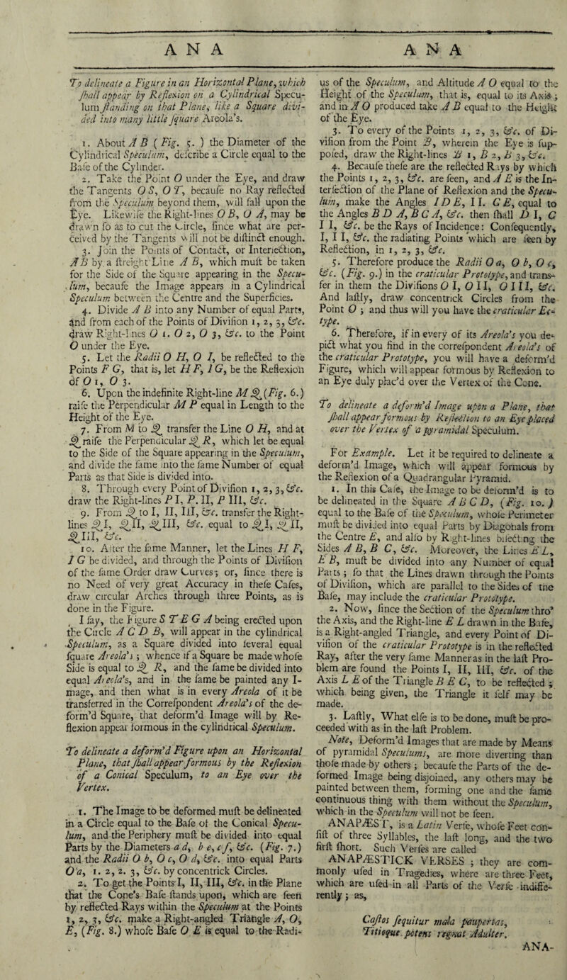 To delineate a Figure in an Horizontal Plane, which Jhall appear by Reflexion on a Cylindrical Specu¬ lum funding on that Plane, like a Square divi¬ ded into many little Jqiiare Areola’s. 1. About A B {Fig. 5. ) die Diameter of the Cylindrical Speculum, deferibe a Circle equal to the Bale of the Cylinder. 2. Take the Point O under the Eye, and draw the Tangents OS, 0 T, becaufe no Ray reflected from the Speculum beyond them, will fall upon the Eye. Likewife the Right-lines O B, 0 A, may be drawn fo as to cut the circle, fince what are per¬ ceived by the Tangents v\ ill not be diftincl enough. 3. Join the Points of Contact, or In ten eCl ion, AB by a Areight Line A B, which mult be taken for the Side of the Square appearing in the Specu- , lum, becaufe the Image appears in a Cylindrical Speculum between the Centre and the Superficies. 4. Divide A B into any Number of equal Parts, 4nd from each of the Points of Divifion 1, 2, 3, br. <jraw Pvight-l.nes 0 1. O 2, 0 3, br. to the Point O under the Eye. 5. Let the Radii 0 H, 0 I, be reflected to the Points F G, that is, let H F, 1G, be the Reflexion of O r, O 3. 6. Upon the indefinite Right-line MQ(Fig. 6.) raife the Perpendicular M P equal in Length to the Height of the Eye. 7. From M to transfer the Line 0 H, and at ^ raife the Perpendicular £fR, which let be equal to the Side of the Square appearing in the Speculum, and divide the lame into the fame Number of equal Parts as that Side is divided into. 8. Through every Point of Divifion 1, 2, 3,bY. draw the Right-lines P I, P. II, P Hi, bY. 9. From ip to I, II, III, be. transfer the Right¬ lines J^I, i^II, J<fiIII, bY. equal to j^I, II, 4M1I, &A. 10. Alter the fame Manner, let the Lines FI F, 1 G be divided, and through the Points of Divifion of the fame Order draw Curves; or, fince there is no Need of very great Accuracy in thefe Cafes, draw circular Arches through three Points, as is done in the Figure. I fay, the Figure ST EG A being creeled upon the Cncle A C D B, will appear in the cylindrical .Speculum, as a Square divided into leveral equal fquare Areola' j ; whence if a Square be made whofe Side is equal to AJ R, and the fame be divided into equal A> ecla's, and in the fame be painted any I- mage, and then what is in every Areola of it be transferred in the Correfpondent Areola's of the de¬ form’d Square, that deform’d Image will by Re¬ flexion appear formous in the cylindrical Speculu?n. To delineate a deform'd Figure upon an Horizontal Plane, that Jhall appear formous by the Reflexion of a Conical Speculum, to an Eye over the Vertex. 1. The Image to be deformed muft be delineated in a Circle equal to the Bafe of the Conical Specu¬ lum, and tlie Periphery muft be divided into equal Parts by the Diameters ad, b e,cf, bV. {Fig. 7.) and the Radii O b, O c,0 d, br. into equal Parts O'a, 1. 2, 2. 3, bY. by concentrick Circles. 2. To get the Points-I, I-I, III, be. in the Plane that the Cone’s Bafe Hands upon, which are feen by reflected Rays within the Speculum at the Points 1, 2, 3, be. make a Right-angled Triangle A, O, E, {Fig. 8.) whofe Bafe 0 E is equal to the Radi¬ us of the Speculum, and Altitude A O equal to the Height of the Speculum, that is, equal to its Axis ; and in A O produced take A B equal to the Height of the Eye. 3. To every of the Points 1, 2, 3 , bY. of Di¬ vifion from the Point B, wherein the Eye is fup- poied, draw the Right-lines IB 1, B 2, B 3, bY. 4. Becaufe thefe are the reflected Rays by which the Points 1, 2, 3, be. are feen, and A E is the In- terle&ion of the Plane of Reflexion and the Specu¬ lum, make the Angles IDE, II. CE, equal to the Angles B D A, B C A, bY. then (hall D I, C I I, br.be the Rays of Incidence: Confequently, I, I I, br. the radiating Points which are i'een by Reflection, in 1, 2, 3, br. 5. Therefore produce the Radii O a, O b, O cy bY. {Fig. 9.) in the craticular Prototype,and trans¬ fer in them the Divifions 0 1,011, 0 III, br. And laltly, draw concentrick Circles from the Point 0 j and thus will you have the craticular £0 type. 6. Therefore, if in every of its Areola's you de* pidt what you find in the correfpondent Areola's of the craticular Prototype, you will have a deform’d Figure, which will appear formous by Reflexion to an Eye duly plac’d over the Vertex of the Cone. To delineate a deform’d Image upon a Plane, that Jhall appear formous by ReJkdU-on to an Eye placed over the Vertex of a pyramidal Speculum. For Example. Let it be required to delineate a deform’d Image, which will appear formous by the Reflexion of a Quadrangular Pyramid. 1. In this Cafe, the Image to be deionn’d is to be delineated in the Square.A B C D, (Fig. 10. ) equal to the Bafe of the Speculum, whole Perimeter muft be divided into equal Parts by Diagonals from the Centre E, and alio by Right-lines bdeCt.ng the Sides A B, B C, br. Moreover, the Lines £ A, £ B, muft be divided into any Number of equal Parts; fo that the Lines drawn through the Points of Divifion, which are parallel to the Sides of the Bale, may include the craticular Prototype. 2. Now, fince the Section of the Speculum thro1 2 * * 5 the Axis, and the Right-line £ L drawn in the Bafe, is a Right-angled Triangle, and ewery Point of Di¬ vifion of the craticular Prototype is in the reflected Ray, after the very fame Manner as in the laft Pro¬ blem are found the Points I, II, III, bY. of the Axis L £ of the T1 iangle B E C, to be reflected ; which being given, the Triangle it fell' may be made. J 3. Laftly, What elfe is to be done, muft be pro¬ ceeded with as in the laft Problem. Note, Deform’d Images that are made by Means of pyramidal tspecutums, are more diverting than thole made by others ; becaufe the Parts of the de¬ formed Image being disjoined, any others may be painted between them, forming one and the lame continuous thing with them without the Speculum, which in the Speculum will not be feen. ANAPTfS I, is a Latin Verfe, wmofe Feet con- fift of three Syllables, the laft long, and the two firft fhort. Such Verfies arc called ANAPvESTICK VERSES ; they are com- tnonly ufed in Tragedies, where are three Feet, which are ufed-in all Parts of the V-c-rfe • indiffe¬ rently j as, Caflos fequitur mala paupertas, Titioque patens regmt Adulter,