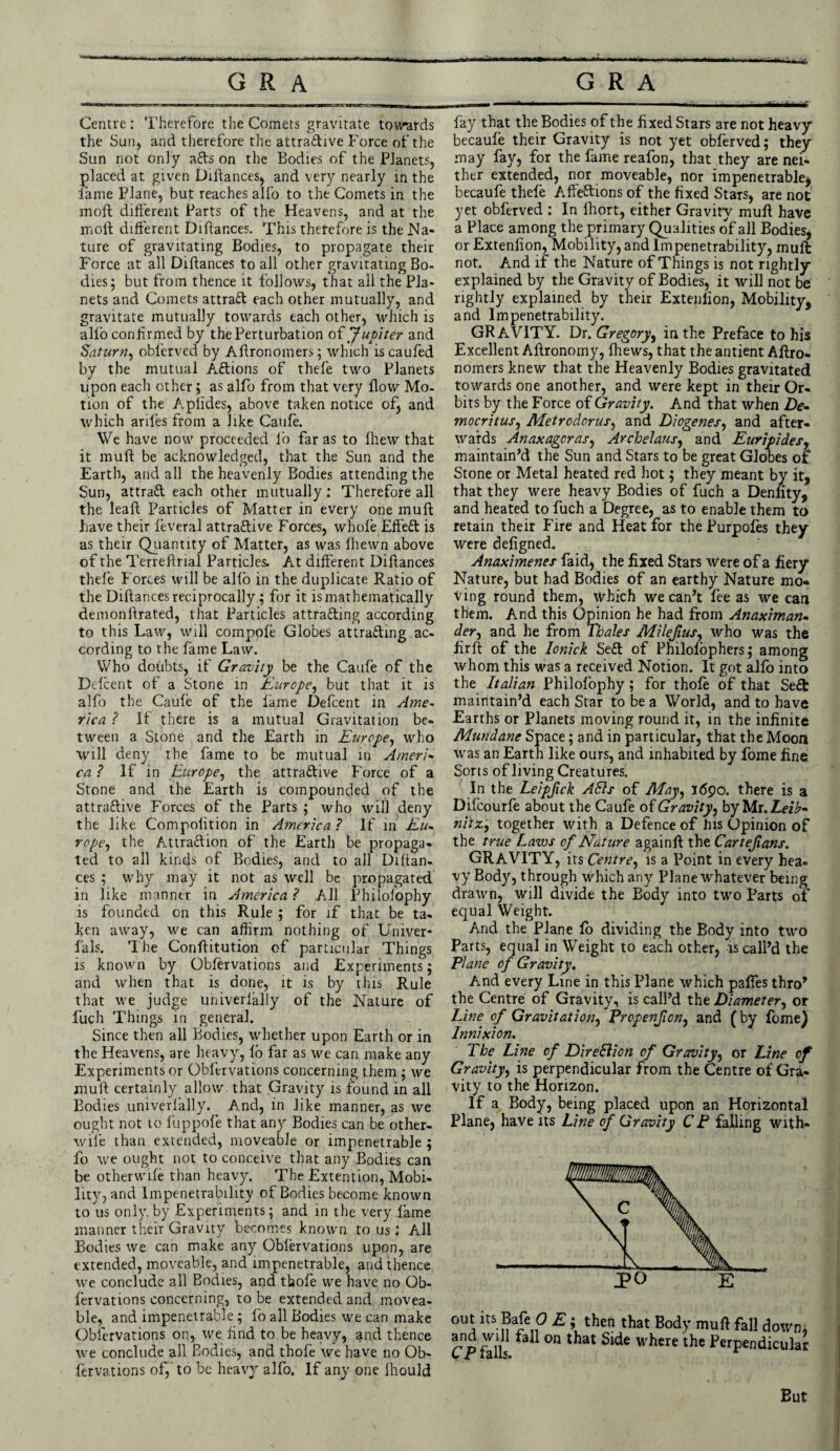 Centre: Therefore the Comets gravitate towards the Sun, and therefore the attractive Force of the Sun not only a£ts on the Bodies of the Planets, placed at given Diflances, and very nearly in the fame Plane, but reaches alfo to the Comets in the moll different Parts of the Heavens, and at the tnoft different Diflances. This therefore is the Na¬ ture of gravitating Bodies, to propagate their Force at all Diflances to all other gravitating Bo¬ dies; but from thence it follows, that all the Pla¬ nets and Comets attraft each other mutually, and gravitate mutually towards each other, which is alfo confirmed by the Perturbation of Jupiter and Saturn, obferved by Aftronomers; which is caufed by the mutual AClions of thefe two Planets upon each other; as alfo from that very flow Mo¬ tion of the Apfides, above taken notice of, and which ariles from a like Caufe. We have now proceeded fo far as to fhew that it mull be acknowledged, that the Sun and the Earth, arid all the heavenly Bodies attending the Sun, attraCt each other mutually: Therefore all the leaft Particles of Matter in every one mult have their feveral attractive Forces, whole EffeCt is as their Quantity of Matter, as was fhewn above of the Terreflrial Particles. At different Diflances thefe Forces will be alfo in the duplicate Ratio of the Diltances reciprocally; for it is mathematically demonilrated, that Particles attracting according to this Law, will compote Globes attracting ac¬ cording to the fame Law. Who doubts, if Gravity be the Caufe of the Dcfcent of a Stone in Europe, but that it is alfo the Caufe of the lame Defcent in Ame¬ rica ? If there is a mutual Gravitation be¬ tween a Stone and the Earth in Europe, who will deny the fame to be mutual in Ameri¬ ca ? If in Europe, the attractive Force of a Stone and the Earth is compounded of the attractive Forces of the Parts ; who will deny the like Compofition in America ? If in Eu¬ rope^ the Attraction of the Earth be propaga¬ ted to all kincls of Bodies, and to all Diftan- ces ; why may it not as well be propagated in like manner in America ? All Philofophy is founded on this Rule ; for if that be ta¬ ken away, we can affirm nothing of Univer- fals. The Conftitution of particular Things is known by Obfervations and Experiments; and when that is done, it is by this Rule that we judge univerfally of the Nature of fuch Things in general. Since then all Bodies, whether upon Earth or in the Heavens, are heavy, fb far as we can make any Experiments or Obfervations concerning them ; we mull certainly allow that Gravity is found in all Bodies univerfally. And, in like manner, as we ought not to fuppofe that any Bodies can be other- wife than extended, moveable or impenetrable ; fo we ought not to conceive that any Bodies can be otherwife than heavy. The Extention, Mobi¬ lity, and Impenetrability of Bodies become known to us only, by Experiments; and in the very fame manner their Gravity becomes known to us: All Bodies we can make any Obfervations upon, are extended, moveable, and impenetrable, and thence we conclude all Bodies, and thofe we have no Ob¬ fervations concerning, to be extended and movea¬ ble, and impenetrable ; fb all Bodies we can make Obfervations on, we find to be heavy, and thence we conclude all Bodies, and thofe we have no Ob¬ fervations of,' to be heavy alfo. If any one fhould fay that the Bodies of the fixed Stars are not heavy becaufe their Gravity is not yet obferved; they may fay, for the fame reafon, that they are nei¬ ther extended, nor moveable, nor impenetrable* becaufe thefe AffeCtions of the fixed Stars, are not yet obferved : In lhort, either Gravity mufl have a Place among the primary Qualities of all Bodies, or Extenlion, Mobility, and Impenetrability, mufl: not. And if the Nature of Things is not rightly explained by the Gravity of Bodies, it will not be rightly explained by their Extenlion, Mobility, and Impenetrability. GRAVITY. Dr. Gregory, in the Preface to his Excellent Aftronomy, fliews, that the antient Aftro- nomers knew that the Heavenly Bodies gravitated towards one another, and were kept in their Or¬ bits by the Force of Gravity. And that when De¬ mocritus,, Metroclorus, and Diogenes, and after¬ wards Anaxagoras, Archeiaus, and Euripides, maintain'd the Sun and Stars to be great Globes of Stone or Metal heated red hot; they meant by it, that they were heavy Bodies of fuch a Denlity, and heated to fuch a Degree, as to enable them to retain their Fire and Heat for the Purpofes they were defigned. Anaximenes faid, the fixed Stars were of a fiery Nature, but had Bodies of an earthy Nature mo¬ ving round them, which we can’t fee as we can them. And this Opinion he had from Anaximan¬ der, and he from Thales Milefus, who was the fir ft of the lonick Seft of Philolophers; among whom this was a received Notion. It got alfo into the Italian Philofophy ; for thofe of that Se& maintain’d each Star to be a World, and to have Earths or Planets moving round it, in the infinite Mundane Space; and in particular, that the Moon was an Earth like ours, and inhabited by fome fine Sorts of living Creatures. In the Leipjick Alls of May, 1690. there is a Difcourfe about the Caufe of Gravity, by Mr. Leib¬ nitz^ together with a Defence of his Opinion of the true Laws of Nature againft the Cartejians. GRAVITY, its Centre, is a Point in every hea¬ vy Body, through which any Plane whatever being drawn, will divide the Body into two Parts of equal Weight. And the Plane fo dividing the Body into two Parts, equal in Weight to each other, is call’d the Plane of Gravity. And every Line in this Plane which pafles thro’ the Centre of Gravity, is call’d the Diameter, or Line of Gravitation, Propenfony and (by fome) Innixion. The Line of DireSlion of Gravity, or Line of Gravity, is perpendicular from the Centre of Gra¬ vity to the Horizon. If a Body, being placed upon an Horizontal Plane, have its Line of Gravity CP falling with- out its Bale 0 E; then that Body mufl fall dou CP fall ™ °n ^3t w^ere PerPendicu But