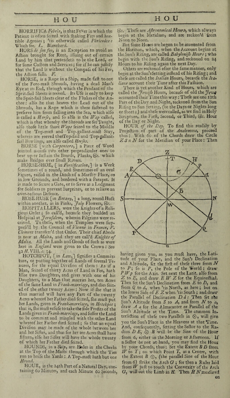 H0RR1FICA Febris, is that Fever in which the Patient is often leized with lhaktng Fits and hor¬ rible Agonies ; 'tis otherwife called Phricodes : Which fee. L. Blanchard. HORS de [on fee^ is an Exception to avoid an jA&ion brought for Rent, Bluing out of certain Land by him that pretendeth to be the Lord) or for feme Cuftom and Services; for if he can jnftify that the Land is without the Compafs of his Fee, the Attion falls.. F. HORSE, is a Rope in a Ship, made fall: to one of the Fore-maft Shrouds, having a dead Man's Eye at its End, through which the Pendant of the Sprit-fail Sheets is reeved. Its Ule is only to keep tlie Sprit-lail Sheets clear of the Flukes of the An¬ chor : alio he that heaves the Lead out of the Shrouds, has a Rope which is there faftened to preferve him from falling into the Sea, which alfo is called a Horfe, and fo alio is the Wap called, which is that whereby the Shrouds are fet Taught, alfo thofe little fhort V/aps feized to the Middle of the Top-mad and Top-gallant-mad Stay, wherein are reeved the)Top-iail and Top-gallant- fail Bowlings, are alfo called Horfes. HORSE [with Carpenters,] a Piece of Wood jointed a-ciofs two other perpendicular ones to bear up or lufiain the Boards, Planks, He. which make Bridges over fmail Rivers. HORSE-SHOE, [ in Fortification,] is a Work fometimes of a round, and lometimesof an oval Figure, railed in the Ditch of a Marlhy Place, on in low Grounds, and bordered with a Parapet. It is made to fecure a Gate, or to ferve as a Lodgment for Soldiers to prevent Surprizes, or to relieve an over-tedious Defence. HOSE-HUSK [in Botanyf\ a long, round Hulk within another, as in Pinks, July Flowers, He. HOSPITALLERS, were tire Knights of a Reli¬ gious Order; lo call’d, becaufe they builded an Hofpital at,Jerufalem, wherein Pilgrims were re¬ ceived. To thefe, when the Templers were fup- prefs’d by the Council of Vienne in France, P. Clement transferr’d that Order. Their chief Abode is now at Malta, and they are call’d Knights of Malta. All the Lands and Goods of fuch as were here in England were given to the Crown : See 32 H. VIII. c. 34. HOTCHPOT, [in Lawf\ ligni lies a.Com mix¬ ture, or putting together of Lands of feverai Te¬ nures, for the equal Divilion of them : As if a Man, feized of thirty Acres of Land in Fee, hath Ilfue two Daughters, and gives with one of his Daughters, to a Man that marries her, ten Acres of the fame Land in F/ank-marriage, and dies feiz¬ ed of the other twenty Acres; Now if Ihe that i$ thus married will have any Part of the twenty Acres whereof her Father died feized, Hie mull put her Lands, gLven in FranVmarriage, in Hotchpot; that is, (he muftrefufe to take the iole Profits of the Lands given in FranVmarriage, and Buffer the Land to be commixtand mingled with the other Land whereof her Father died leized ; lo that an equal Divilion may be made of the whole between her and her Sifter, and thus for her ten Acres lhall have fifteen, elle her Sifter will have the whole twenty of which her Father died leized. HOUNDS, in a Ship, are Holes in the Cheeks at the Top of the Malts through which the Ties run to hoile the Yards : A. Top-malt hath but one Hound. HOUR, is the 24th Part of a Natural Day, con¬ taining 60 Minutes, and each Minute <5o Seconds, He. Thefe are Afironomical Hours^ which always begin at the Meridian, and are reckon'd from Noon to Noon. But forne Hoars are begun to be accounted from the Horizon, which, when the Account begins at the Sun’s Riling, are called Babylonijb Hours ; who begin with the Sun’s Riling, and reckoned on 24 Hours to his Riling again the next Day. Others are reckoned after the lame manner, only begin at theSun’sSetting inffead of his Riling; and thefe are called the Italian Hours, becaule the Ita¬ lians account their Time after this Falhion. There is yet another Kind of Hours, which are called the jevoijh Hours, bccaufe of old the Jccof accounted their Time this way: Thefe are one 12th Part of the Day and Night, reckoned from the Sun Riling to Sun Setting, (be the Days or Nights long or Ihort;) and thefe werecalled, as we find in Holy Scripture,, the Firft, Second, or Third, He. Hour of the Day or Night. HOUR of the Day. To find this readily by Projection of part of the Analemma, proceed thus .* With 60 of the Chords draw the Circle Z S n N for the Meridian of your Place : Then 7s having given you, as you mull have, the Lati¬ tude of your Place, and the Sun’s Declination and Altitude, let the firft: of thefe three from N to P; fo is E, the Pole of the World ; draw PWp for the Axis. Set next the Latit. alio from Z to E, and draw E W Z for the Equino&ial. Then let the Sun’s Declination from E to Z), and from (l to d, when ’tisNorth, as here; but on the lower Side of E Z when 'tis South ; and draw the Parallel of Declination D d: Then fet rhe Sun’s Altitude from S to A, and from N to draw A a for the Almacanter or Parallel of the Sun’s Altitude at the Time. The common In. terle&ion of thele two Parallels in ©, will give you the Sun’s Place in the Heavens at that Time. And, confequently, fetting the Senior to the Ra¬ dius D By © B will be the Sine of the Hour from 6, either in the Morning or Afternoon. If a Se&or be not at hand, you may find the Hour by your Chords, thus: Set the Extent B D from W to T; on which Point T, as a Centre, with the Extent B ©, (the parallel Sine of the Hour from 6) ftrike the Arch G ; for then a Ruler laid from W ju ft to touch the Convexit y of the Arcli G, will out the Limb in H. Then H AUnealured on