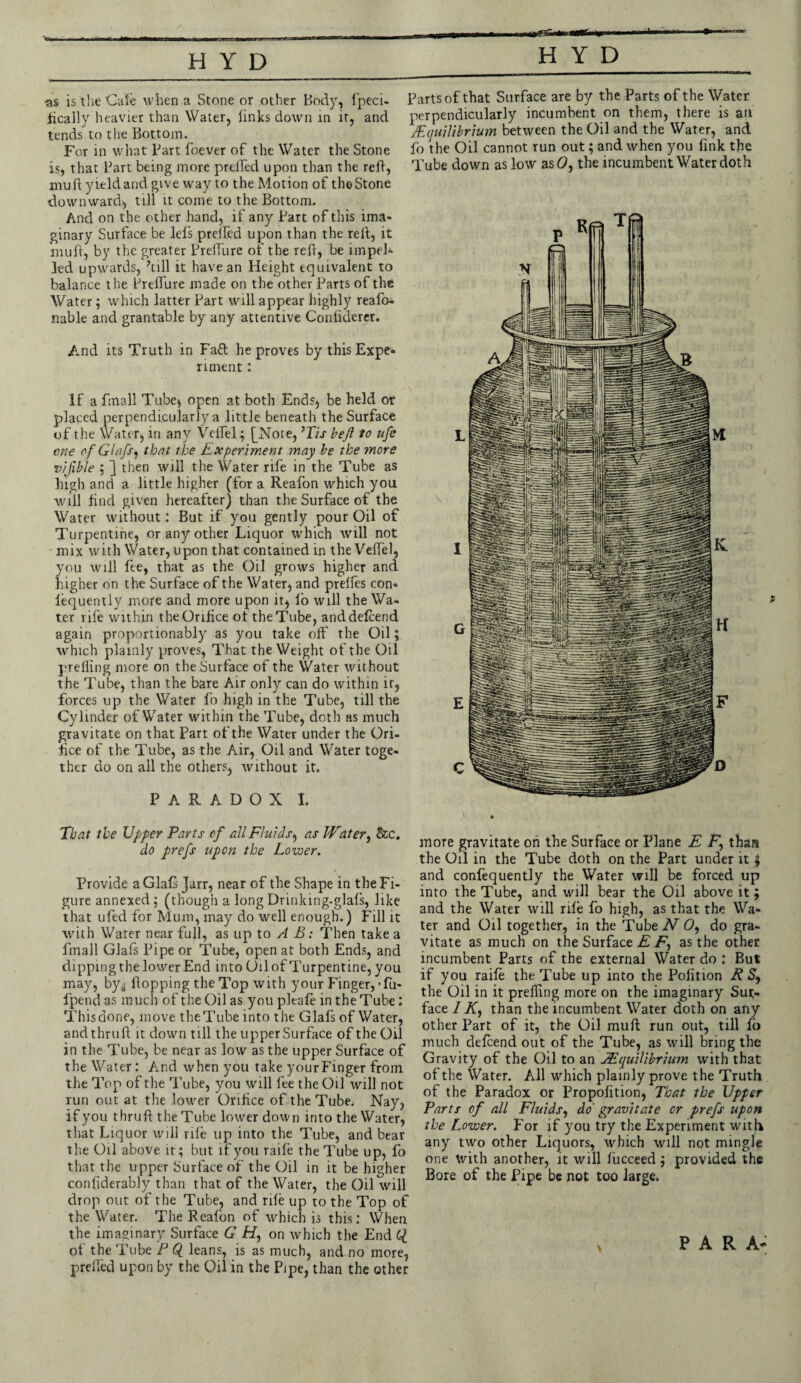 •as is the Cafe when a Stone or other Body, lpeci- fically heavier than Water, links down in it, and tends to the Bottom. For in what Part foever of the Water the Stone is, that Part being more prelfed upon than the red, mud yield and give way to the Motion of theStone downward, till it come to the Bottom. And on the other hand, if any Part of this ima¬ ginary Surface be lels prelfed upon than the red, it mud, by the greater Prelfure of the red, be impel¬ led upwards, dill it have an Height equivalent to balance the Prelfure made on the other Parts of the Water; which latter Part will appear highly reafa- liable and grantable by any attentive Conliderer. And its Truth in Fa£l he proves by this Expe* riment : If a fmall Tube* open at both Ends, be held or placed perpendicularly a little beneath the Surface of the Water, in any Veifel; [Note, 7Tis bejl to ufe one of Glafs^ that the Experiment may be the more vifble ; ] then will the Water rife in the Tube as high and a little higher (for a Reafon which you will dnd given hereafter) than the Surface of the Water without: But if you gently pour Oil of Turpentine, or any other Liquor which will not mix with Water, upon that contained in the Veifel, you will fee, that as the Oil grows higher and higher on the Surface of the Water, and prelfes con* lequently more and more upon it, lo will the Wa¬ ter rife within the Orifice of the Tube, anddefcend again proportionably as you take od' the Oil; which plainly proves, That the Weight of the Oil prelling more on the Surface of the Water without the Tube, than the bare Air only can do within ir, forces up the Water lo high in the Tube, till the Cylinder of Water within the Tube, doth as much gravitate on that Part of the Water under the Ori¬ fice of the Tube, as the Air, Oil and Water toge¬ ther do on all the others, without it. PARADOX I. That the Upper Parts of all Fluids^ as Water, &c. do prefs upon the Lower. Provide a Glafs Jarr, near of the Shape in the Fi¬ gure annexed; (though a longDrinking-glafs, like that ufed for Mum, may do well enough.) Fill it with Water near full, as up to A B: Then take a fmall Glafs Pipe or Tube, open at both Ends, and dipping the lower End into Oil of Turpentine, you may, by^ flopping the Top with your Finger,-fu- fpend as much of the Oil as you pleafe in the Tube: This done, move the Tube into the Glafs of Water, andthruft it down till the upper Surface of the Oil in the Tube, be near as low as the upper Surface of the Water: And when you take your Finger from the Top of the Tube, you will fee the Oil will not run out at the lower Orifice of the Tube. Nay, if you thrud the Tube lower down into the Water, that Liquor will rife up into the Tube, and bear the Oil above it; but if you raife the Tube up, fo that the upper Surface of the Oil in it be higher confiderably than that of the Water, the Oil will drop out of the Tube, and rife up to the Top of the Water. The Reafon of which is this: When the imaginary Surface G H, on which the End Cl of the Tube P leans, is as much, and no more, prelfed upon by the Oil in the Pipe, than the other Parts of that Surface are by the Parts of the Water perpendicularly incumbent on them, there is an /Equilibrium between the Oil and the Water, and fo the Oil cannot run out; and when you fink the Tube down as low as (9, the incumbent Water doth more gravitate on the Surface or Plane E F, than the Oil in the Tube doth on the Part under it £ and confequently the Water will be forced up into the Tube, and will bear the Oil above it; and the Water will rife fo high, as that the Wa¬ ter and Oil together, in the Tube N 0, do gra¬ vitate as much on the Surface E F, as the other incumbent Parts of the external Water do : But if you raife the Tube up into the Pofition R S, the Oil in it prefling more on the imaginary Sur¬ face /AT, than the incumbent Water doth on any other Part of it, the Oil mud run out, till fb much defcend out of the Tube, as will bring the Gravity of the Oil to an 1Equilibrium with that of the Water. All which plainly prove the Truth of the Paradox or Propofition, That the Upper Parts of all Fluids, do gravitate or prefs upon the Lower. For if you try the Experiment with any two other Liquors, which will not mingle one tvith another, it will fiicceed ; provided the Bore of the Pipe be not too large. PARA-