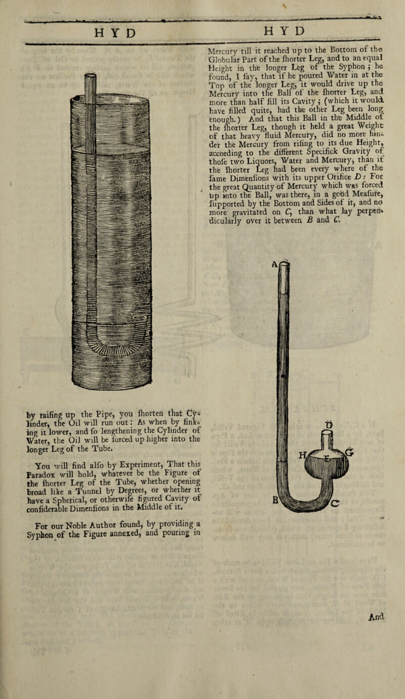 / by tailing up the Pipe, you Ihorten that Cy= >inder, the Oil will run out: As when by fink- ing it lower, and fo lengthening the Cylinder of Water, the Oil will be forced up higher into the longer Leg of the Tube* You will find alfo by Experiment, That this Paradox will hold, whatever be the Figure of the Ihorter Leg of the Tube, whether opening broad like a Tunnel by Degrees, or whether it have a Spherical, or otherwife figured Cavity of confiderable Dimenfions in the Middle of it. Fot our Noble Author found, by providing a Syphon of the Figure annexed, and pouring in Mercury till it reached up to the Bottom of the Globular Part of the fhorter Leg, and to an equal Height in the longer Leg of the Syphon ; he found, I fay, that if he poured Water in at the Top of the longer Leg, it would drive up the Mercury into the Ball of the fhorter Leg, and more than half fill its Cavity ; (which it would have filled quite, had the other Leg been long enough.) And that this Ball in the Middle ot the fhorter Leg, though it held a great Weight of that heavy fluid Mercury, did no more hin¬ der the Mercury from riling to its due Height, according to the different Specifick Gravity of thole two Liquors, Water and Mercury, than if the fhorter Leg had been every where of the lame Dimenfions with its upper Orifice D: Foe the great Quantity of Mercury which was forced tip Mito the Ball, was there, in a godd Meafure, fupported by the Bottom and Sides of it, and no more gravitated on C, than what lay perpen* dicularly over it between B and C. And