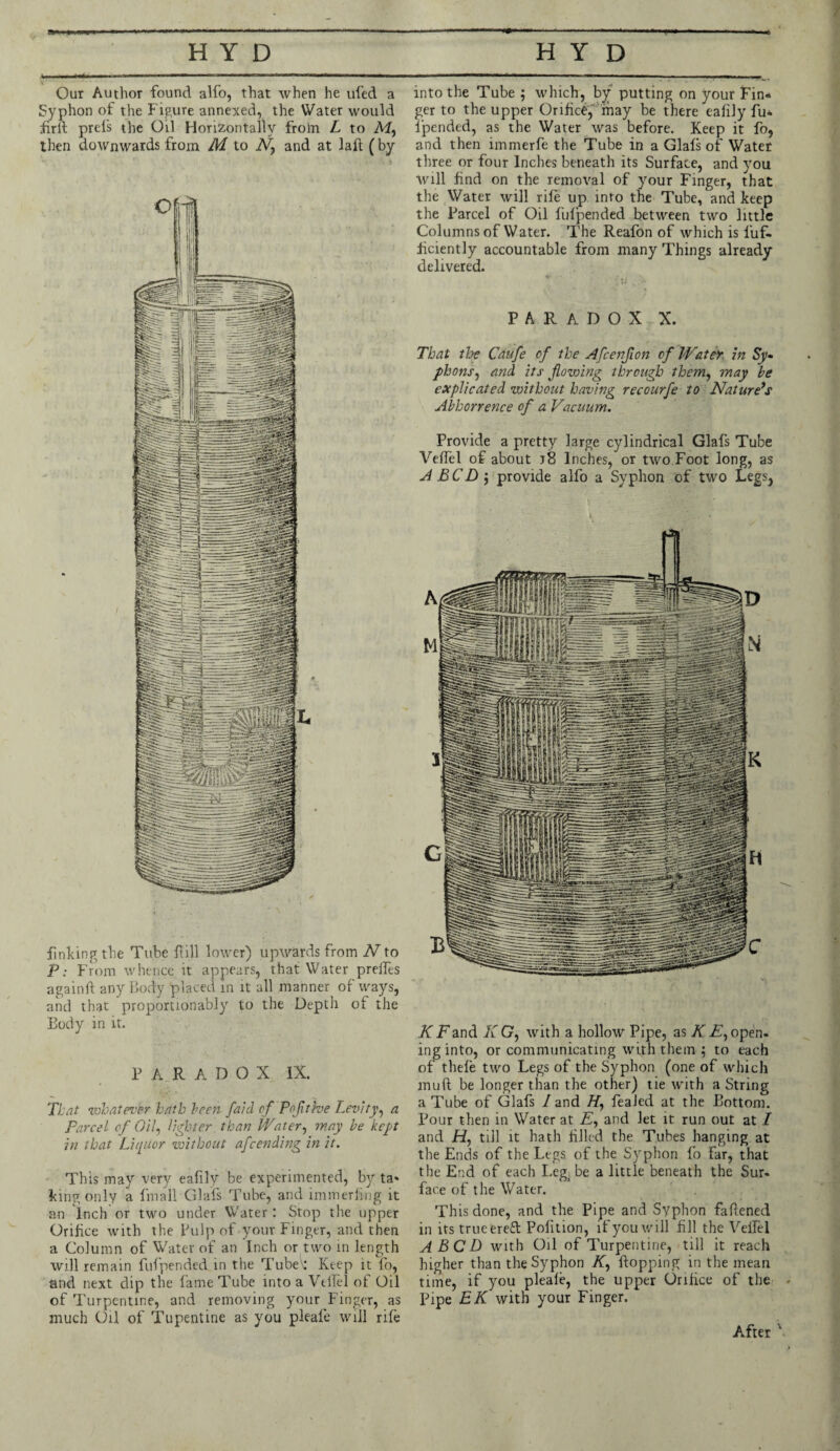 Our Author found alfo, that when he ufed a Syphon of the Figure annexed, the Water would foil prefs the Oil Horizontally froln L to M, then downwards from M to N, and at lafl (by finking the Tube ftill lower) upwards from iVto P: From whence it appears, that Water preffes againfl any Body 'placed in it all manner of ways, and that proportionably to the Depth of the Body in it. PARADOX IX. That whatever hath been faid of Pojlthe Levity, a Parcel of Oil, lighter than Water, may he kept in that Lii[uor without afcending in it. This may very eafily be experimented, by ta* king only a finall Glafs Tube, and immerling it an Inch or two under Water: Stop the upper Orifice with the Pulp of your Finger, and then a Column of Water of an Inch or two in length will remain fufpended in the Tubek Keep it fo, and next dip the fame Tube into a Veflel of Oil of Turpentine, and removing your Finger, as much Oil of Tupentine as you pleale will rife into the Tube ; which, by putting on your Fin» ger to the upper Orifice, may be there eafily fu* fpended, as the Water was before. Keep it fo, and then immerfe the Tube in a Glafs of Water three or four Inches beneath its Surface, and you will find on the removal of your Finger, that the Water will rife up into the Tube, and keep the Parcel of Oil fufpended between two little Columns of Water. The Reafon of which is l’uf- ficiently accountable from many Things already delivered. PARADOX X. That the Caufe of the Afcenfion of Water in Sy- phonsj and its flowing through them, may be explicated without having recourfe to Nature’s Abhorrence of a Vacuum. Provide a pretty large cylindrical Glafs Tube Veffel of about j8 Inches, or two Foot long, as A BCD $ provide alfo a Syphon of two Legs, K Fand K G, with a hollow Pipe, as K E, open- ing into, or communicating with them ; to each of thefe two Legs of the Syphon (one of which muft be longer than the other) tie with a String a Tube of Glafs / and H, feafed at the Bottom. Pour then in Water at £, and let it run out at I and H, till it hath filled the Tubes hanging at the Ends of the Legs of the Syphon fo far, that the End of each Leg. be a little beneath the Sur* face of the Water. This done, and the Pipe and Syphon faflened in its trueereft Pofition, if you will fill the Velfel A BCD with Oil of Turpentine, till it reach higher than the Syphon AT, flopping in the mean time, if you pleafe, the upper Orifice of the Pipe EK with your Finger. After