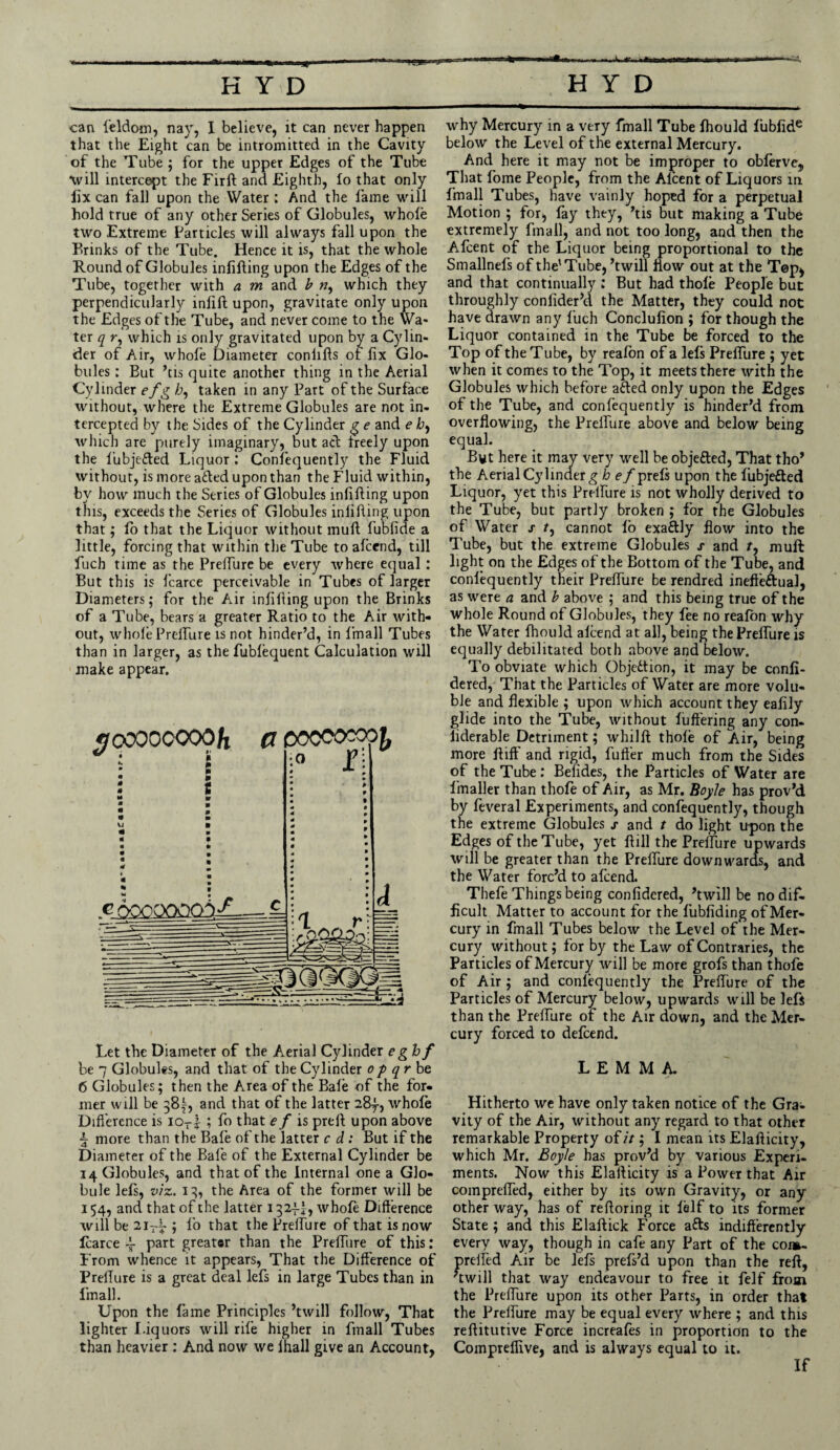 can leldom, nay, I believe, it can never happen that the Eight can be intromitted in the Cavity of the Tube ; for the upper Edges of the Tube •will intercept the Firft and Eighth, lo that only fix can fall upon the Water; And the fame will hold true of any other Series of Globules, whole two Extreme Particles will always fall upon the Brinks of the Tube. Hence it is, that the whole Round of Globules infilling upon the Edges of the Tube, together with a m and b n, which they perpendicularly infill; upon, gravitate only upon the Edges of the Tube, and never come to the Wa¬ ter q r, which is only gravitated upon by a Cylin¬ der of Air, whole Diameter conlills of fix Glo¬ bules : But ’tis quite another thing in the Aerial Cylinder e fg /j, taken in any Part of the Surface without, where the Extreme Globules are not in¬ tercepted by the Sides of the Cylinder g e and e b, which are purely imaginary, but ad treely upon the fubjeded Liquor : Consequently the Fluid without, is more aded upon than the Fluid within, by how much the Series of Globules infilling upon this, exceeds the Series of Globules infilling upon that; lo that the Liquor without mull fublide a little, forcing that within the Tube to alcend, till fuch time as the PrelTure be every where equal : But this is Icarce perceivable in Tubes of larger Diameters; for the Air infilling upon the Brinks of a Tube, bears a greater Ratio to the Air with¬ out, whole PrelTure is not hinder’d, in fmall Tubes than in larger, as the fublequent Calculation will make appear. Let the Diameter of the Aerial Cylinder e ghf be 7 Globules, and that of the Cylinder op qr be 6 Globules; then the Area of the Bale of the for¬ mer will be 38^, and that of the latter 287, whole Difference is ioTf ; fo that ef is prelb upon above ^ more than the Bale of the latter c d : But if the Diameter of the Bafe of the External Cylinder be 14 Globules, and that of the Internal one a Glo¬ bule lefs, viz. 13, the Area of the former will be 154, and that of the latter 1324-I, whole Difference will be 2ir|-; fo that the PrelTure of that is now Icarce -f part greater than the PrelTure of this: From whence it appears, That the Difference of PrelTure is a great deal lefs in large Tubes than in fmall. Upon the fame Principles ’twill follow, That lighter Liquors will rile higher in fmall Tubes than heavier: And now we Ihall give an Account, why Mercury in a very fmall Tube Ihould lubfide below the Level of the external Mercury. And here it may not be improper to oblerve, That fome People, from the Alcent of Liquors in fmall Tubes, have vainly hoped for a perpetual Motion ; for, fay they, ’tis but making a Tube extremely fmall, and not too long, and then the Afcent of the Liquor being proportional to the Smallnefs of the'Tube, ’twill How out at the Top, and that continually : But had thole People but throughly confider’d the Matter, they could not have drawn any fuch Conclufion ; for though the Liquor contained in the Tube be forced to the Top of the Tube, by reafon of a lels PrelTure ; yet when it comes to the Top, it meets there with the Globules which before atted only upon the Edges of the Tube, and confequently is hinder’d from overflowing, the PrelTure above and below being equal. B«t here it may very well be objetted, That tho’ the Aerial Cylinder g b e/prels upon the liibjefted Liquor, yet this PrelTure is not wholly derived to the Tube, but partly broken ; for the Globules of Water s t, cannot lo exaftly flow into the Tube, but the extreme Globules s and r, mull light on the Edges of the Bottom of the Tube, and confequently their PrelTure be rendred inefteftual, as were a and b above ; and this being true of the whole Round of Globules, they fee no reafon why the Water Thould alcend at all, being the PrelTure is equally debilitated both above and below. To obviate which Objection, it may be confi- dered, That the Particles of Water are more volu¬ ble and flexible ; upon which account they eafily glide into the Tube, without luft'ering any con- liderable Detriment; whilft thole of Air, being more ffift' and rigid, fuller much from the Sides of the Tube: Belides, the Particles of Water are fmaller than thofe of Air, as Mr. Boyle has prov’d by feveral Experiments, and confequently, though the extreme Globules s and t do light upon the Edges of the Tube, yet If ill the PrelTure upwards will be greater than the PrelTure downwards, and the Water forc’d to afcend. Thefe Things being confidcred, ’twill be no dif¬ ficult Matter to account for the fubfiding of Mer¬ cury in fmall Tubes below the Level of the Mer¬ cury without; for by the Law of Contraries, the Particles of Mercury will be more grofs than thofe of Air; and conlequently the PrelTure of the Particles of Mercury below, upwards will be lefs than the PrelTure of the Air down, and the Mer¬ cury forced to defcend. LEMMA. Hitherto we have only taken notice of the Gra¬ vity of the Air, without any regard to that other remarkable Property of it; I mean its Elaflicity, which Mr. Boyle has prov’d by various Experi¬ ments. Now this Elaflicity is a Power that Air compreffed, either by its own Gravity, or any other way, has of refloring it lelf to its former State ; and this Elaftick Force afts indifferently every way, though in cafe any Part of the com- preiTed Air be lels prels’d upon than the reft, ’twill that way endeavour to free it felf from the PrelTure upon its other Parts, in order that the PrelTure may be equal every where ; and this reftitutive Force increales in proportion to the Compreflive, and is always equal to it. If