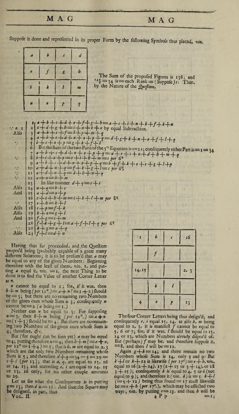 Suppofe it done and reprefenred in its proper Form by the following Symbols thus placed, viz. a b c d e f g h ' 1 i * l m n 0 p 1 The Sum of the propoled Figures is 136; and **7 7=34 “■= each Rank = (Suppofe)s: Then, by the Nature of the Quejlion, ' e. 1 Alfo Alfo And Alfo Alfo And Alfo 1 2 3 4 5 6 7 8 9 10 11 12 *3 H 15 16 17 18 19 20 21 22 a~j~b-j~c~\~d-j-e 4-hz=za~\~e~Jri~l~n~\-.b -f-/-L £-L* + ^ = * + + 0 by equal Subtra&ion. a -f- b -f- c -f-jl -\-p ~4 m *-f- q f ^h + C + d^n + ° + 1>Jrl~d-lrg+k-\-n + a-^f+l+<1 But the Sum of the two Parts of the 5 th Equation is = 2* j confequently either Part is=;x f T b ■+• c + d + n+ °+ P +? =-■ a -f e -f / 4. n + d 4- h 4- m b ■*[■* c -j— 0 -f- p— e -j— i -j- h ~j- m = $ per 6 9 a i bAc i- d~t.nA +■% ~b k+^+*+s+t-h? a -f- d-j- ® 1 $ —k -f-g -}-l — s per £>8 a n-- h -f- ?/z In like manner d-\-q~e -\-i n -4* f “ b -j- c = 34 ■ i -\-k-\-l -\~m per 8^ Cl - j- - d' “ ** 0 —\' ft e -f* * ~h h t* m: e _j- h — k --f- / f -fA ==/-f-* b -|- 0 —— g —{— l /+«=< + /4**+£ 4“/== *+/+*+? *-4-g = rf + y /-}4—«?-{-# t Having thus far proceeded, and the Queftion propos’d being (probably capable of a great many different Solutions j it is to be prefum’d chat a may be equal to any of the given Numbers: Beginning therefore with the leaft of them, viz. 1, and put¬ ting a equal it, viz. — 1, the next Thing to be done is to find the Value of another Corner Letter as 'n. » cannot be equal to 2 ; for,, if it was, then h-\-m being (per 12°.]= a-\- n (— 1 -{-2)ffiould be = 3} but there are no remaining two Numbers of the given ones whole Sum is 3 3 consequently n cannot be =2 (a being — 1.) Neither can n be equal to 3: For fuppofing n— 3, then h~\-?n being (per 129.) = (1 -b 3 ) ffiould be — 4; But there are no remain¬ ing'two Numbers of the given ones whole Sum is 4, therefore, &c. But (for ought can be feen yet) n may be equal to 4-, putting therefore » = 4' then h-\-m (—a -4- n, per 120 = 1 -f-4) = 5 j that is h, vt are equal to 2, 3 which are the only two Numbers remaining whofe Sum is 5 j and therefore — — 5 — 29 = c~\-i (per 13)3 thar is d, q, are equal to 13, 16 or 14, 15 ^ and according e} i are equal to 14, 15 or 13, 16 onlyj for no other couple amounts to 29. Let us fee what the Confequence is in putt-ng ? == 13 j then d is — 16 : And then the Square may be deiigned, in part, thus 1 b c 16 f 14,15 2, 3 k l 4 0 P 13 The four Corner Letters being thus defign’d; and confequently e, i equal 15, 14, as alfo b, m being equal to 2, 3, it is manifeft / cannot be equal to 5, 6 or 73 for, if it was, / fhould be equal to 15, 14 or 13, which are Numbers already difpos’d of; But (perhaps J f may be, and therefore fuppofe it, — 8, and then / will be = 12. Again 143 and there remain no two Numbers whole Sum is 14, only 5 and 9; But k -j-l cr k-f- 12 is likewife (per ij°) = e~j-b, viz, equal to 16 (a —f— 14), 17 (2-f-15 or 3 -f~ 14),or 18 3 -f- 15 confequently k is equal 104, 5 or 6 (not equal to 9); and therefore it (viz. 4) is = 5. k ~|-1 ( = 5-4- 12 ) being thus found = 17 muff likewife be == e -j- h (per 17° ), which may be effected two waysi viz. by putting if, and then h will be