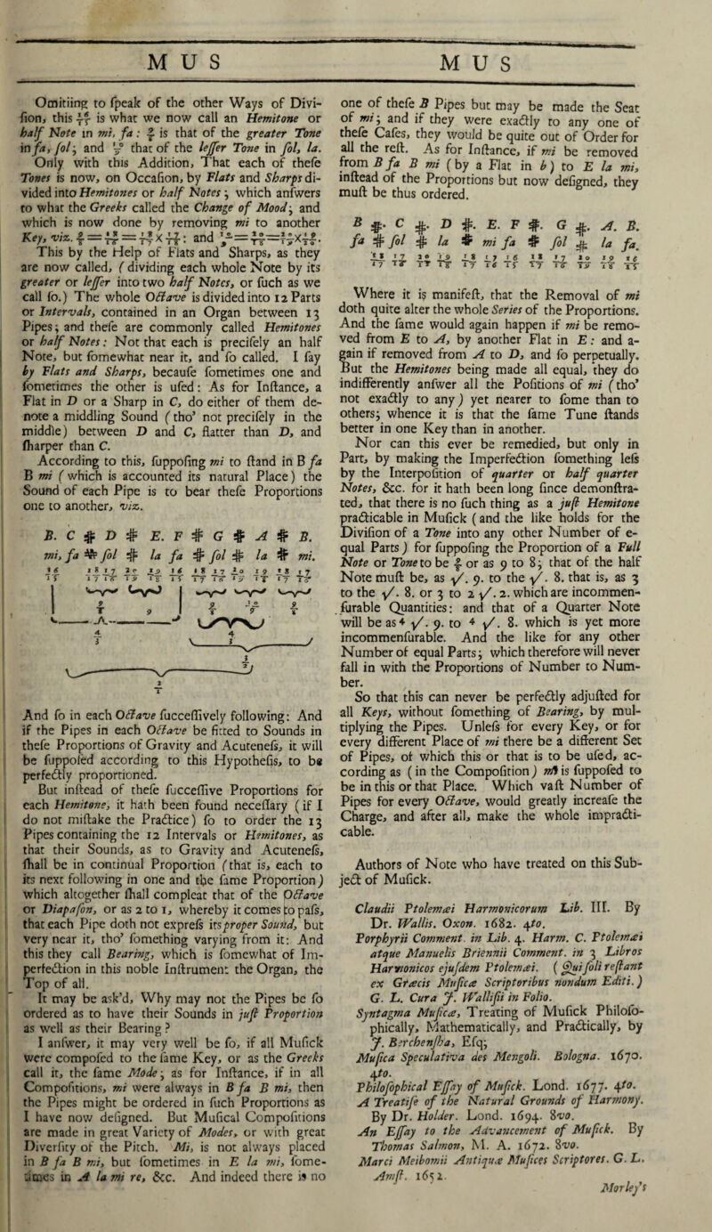 Omitiing to (peak of the other Ways of Divi- fion, this if is what we now call an Hemitone or half Note in mi. fa: £ is that of the greater Tone in fa, fol j and that of the lejfer Tone in fol, la. Only with this Addition, That each of thefe Tones is now, on Occafion, by Flats and Sharps di¬ vided into Hemitones or half Notes; which anfwers to what the Greeks called the Change of Mood; and which is now done by removing mi to another Key,viz.$ = {*= and This by the Help of Flats and Sharps, as they are now called, ( dividing each whole Note by its greater or lejfer into two half Notes, or fuch as we call fo.) The whole Ottave is divided into 12 Parts or Intervals, contained in an Organ between 13 Pipes; and thefe are commonly called Hemitones or half Notes: Not that each is precifely an half Note, but fomewhat near it, and fo called. I fay hy Flats and Sharps, becaufe fometimes one and fometimes the other is ufed: As for Inftance, a Flat in D or a Sharp in C, do either of them de¬ note a middling Sound (tho’ not precifely in the middle) between D and C, flatter than D, and fharper than C. According to this, fuppofing mi to ftand in B fa B mi ( which is accounted its natural Place) the Sound of each Pipe is to bear thefe Proportions one to another, viz. B. C # Z> # E. F % G $ A $ B. mi, fa =$= fol $ la fa $ fol la mi. 1 g IT I 8 £ 7 2 | 6 17 i7 T9 Ts 1 f '»^YV 9 T 9 -•-A.- 4. i 1 8 2.7 JL° *9 2.8 i 7 1 7 Ts- 1 «T 17 TT T 1 v_ 4 ; J And fo in each OSlave fucceflively following: And if the Pipes in each Offave be fitted to Sounds in thefe Proportions of Gravity and Acutenefs, it will be fuppoled according to this Hypothefis, to b« perfectly proportioned. But inftead of thefe fucceffive Proportions for each Hemitone, it hath been found neceflary (if I do not miftake the Practice) fo to order the 13 Pipes containing the 12 Intervals or Hemitones, as that their Sounds, as to Gravity and Acuteneft, fhall be in continual Proportion (that is, each to its next following in one and the fame Proportion j which altogether fhall compleat that of the Qffave or Viapafon, or as 2 to 1, whereby it comes to pafs, that each Pipe doth not expreft its proper Sound, but very near it, tho’ fomething varying from it: And this they call Bearing, which is fomewhat of Im¬ perfection in this noble Inftrumen: the Organ, the Top of all. It may be ask’d. Why may not the Pipes be fo ordered as to have their Sounds in juft Proportion as well as their Bearing ? I anfwer, it may very well be fo, if all Mufick were compoled to the fame Key, or as the Greeks call it, the fame Mode-y as for Inftance, if in all Compofitions, mi were always in B fa B mi, then the Pipes might be ordered in fuch Proportions as I have now defigned. But Mufical Compofitions are made in great Variety of Modes, or with great Diverfity of the Pitch. Mi, is not always placed in B fa B mi, but fometimes in E la mi, fome- limes in A la mi re, 6cc. And indeed there is no one of thefe B Pipes but may be made the Seat of mi; and if they were exaCtly to any one of thefe Cafes, they would be quite out of Order for all the reft. As for Inftance, if mi be removed from B fa B mi (by a Flat in b) to E la mi, inftead of the Proportions but now defigned, they muft be thus ordered. B A Ja C # fol * X * 7 » 7 T? #• £ 1 ® TT D la 24. #. E. F #. mi fa # 2.8 t 7 1 e I 7 1 6 if 1 s ■nr n *' f°l # A. B. la fa. LjL to 1 s> IT TT 77 * e TT Where it is manifeft, that the Removal of mi doth quite alter the whole Series of the Proportions. And the fame would again happen if mi be remo¬ ved from E to A, by another Flat in E: and a- gain if removed from A to D, and fo perpetually. But the Hemitones being made all equal, they do indifferently anfwer all the Pofitions of mi (tho* not exadfly to any) yet nearer to fome than to others; whence it is that the fame Tune ftands better in one Key than in another. Nor can this ever be remedied, but only in Part, by making the Imperfection fomething left by the Interpofition of quarter or half quarter Notes, &c. for it hath been long fince demonftra- ted, that there is no fuch thing as a juft Hemitone practicable in Mufick (and the like holds for the Divifion of a Tone into any other Number of e- qual Parts) for fuppofing the Proportion of a Full Note or Tone to be £ or as 9 to 8; that of the half Note muft be, as y/. 9. to the y/. 8. that is, as 3 to the y/. 8. or 3 to 2 y/. 2. which are incommen- furable Quantities: and that of a Quarter Note will be as* y/. 9. to * y/. 8. which is yet more incommenfurable. And the like for any other Number of equal Parts; which therefore will never fall in with the Proportions of Number to Num¬ ber. So that this can never be perfectly adjufted for all Keys, without fomething of Bearing, by mul¬ tiplying the Pipes. Unleft for every Key, or for every different Place of mi there be a different Set of Pipes, of which this or that is to be ufed, ac¬ cording as (in the Compofition ) nB is fuppofed to be in this or that Place. Which vaft Number of Pipes for every Oftave, would greatly increafe the Charge, and after all, make the whole impracti¬ cable. Authors of Note who have treated on this Sub¬ ject of Mufick. Claudii Ptolemai Harmonicorum Lib. III. By Dr. Wallis. Oxon. 1682. 4to. Porphyrii Comment, in Lib. 4. Harm. C. Ptolemai atque Manuelis Briennii Comment, in 3 Libros Harrtonicos ejufdem Ptolemai. ( jjWfo lireftant ex Gracis Mttfica Script or ibus nondum Edits.) G. L. Cura J. Wallifii in Folio. Syntagma Mufca, Treating of Mufick Philofo- phically. Mathematically, and PraCtically, by J. Berchenjha, Efq; Mufca Speculativa des Mengoli. Bologna. 1670. 4 to. Philofophical EJfay of Mufick. Lond. 1677. 4to. A Treatife of the Natural Grounds of Harmony. By Dr. Holder. Lond. 1694. 8vo. An EJfay to the Advancement of Mufck. By Thomas Salmon, M. A. 1672. 8vo. Marci Meibomii Antiqua Mujices Scriptores. G. L. Am ft. 1652. Morlefs