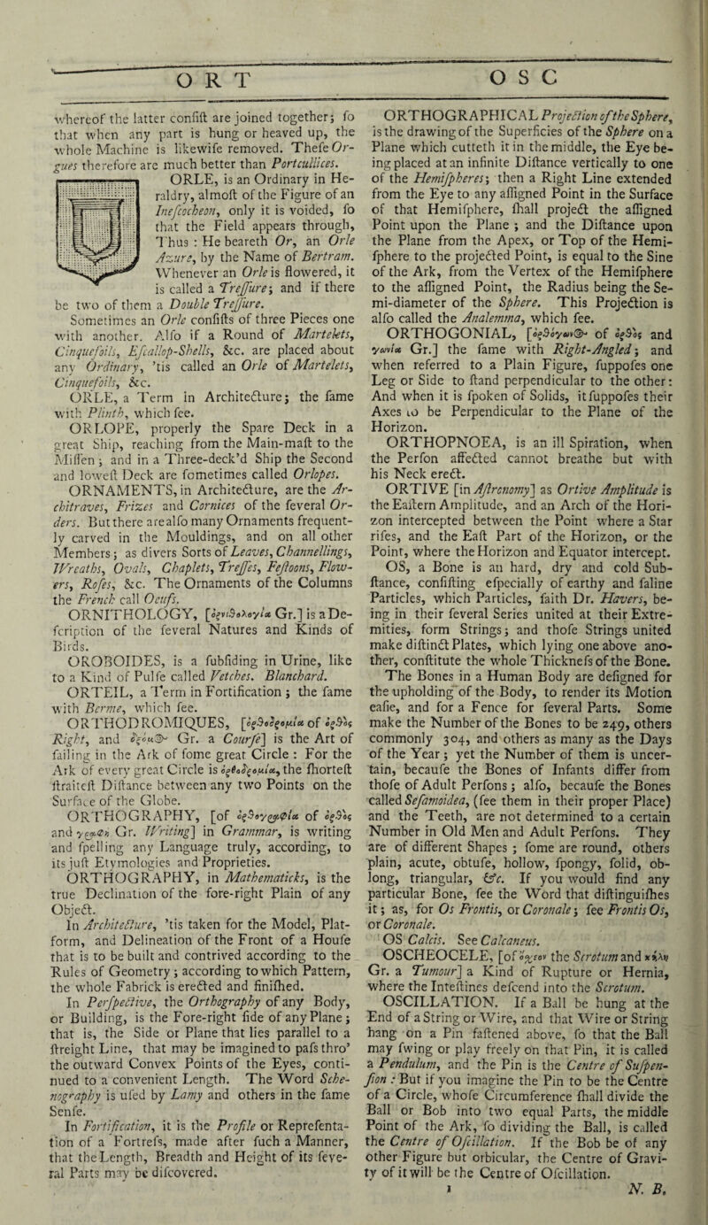 whereof the latter confift are joined together; fo that when any part is hung or heaved up, the whole Machine is likewife removed. ThefeOr- gv.es therefore are much better than Portcullices. ORLE, is an Ordinary in He¬ raldry, almoft of the Figure of an Inefcocheon, only it is voided, fo that the Field appears through. Thus : He beareth Or, an Orle Azure, by the Name of Bertram. Whenever an Orle is flowered, it is called a Trejfure; and if there be two of them a Double Trejfure. Sometimes an Orle confifts of three Pieces one with another. Alfo if a Round of Martelets, Cinquefoils, Efcallop-Shells, be. are placed about anv Ordinary, ’tis called an Orle of Martelets, Cinquefoils, be. ORLE, a Term in Architedlure; the fame with Plinth, which fee. OR LOPE, properly the Spare Deck in a great Ship, reaching from the Main-maft to the Milken ; and in a Three-deck’d Ship the Second and lowed; Deck are fometimes called Orlopes. ORNAMENTS, in Archite&ure, are the Ar¬ chitraves, Frizes and Cornices of the feveral Or¬ ders. But there are alfo many Ornaments frequent¬ ly carved in the Mouldings, and on all other Members; as divers Sorts of Leaves, Channellings, Wreaths, Ovals, Chaplets, Trejfes, Fejhons, Flow¬ ers, Rofes, be. The Ornaments of the Columns the French call Oeufs. ORNITHOLOGY, [«?»'$»*oyU Gr.] is aDe- feription of the feveral Natures and Kinds of Birds. OROBOIDES, is a fubfiding in Urine, like to a Kind of Pulfe called Vetches. Blanchard. ORTEIL, a Term in Fortification ; the fame with Bcrme, which fee. ORTHODROMIQUES, [cgSofyopU of Right, and Gr. a CourJ'e] is the Art of failing in the Ark of fome great Circle : For the Ark of every great Circle is the fhorteft ftraiteft Diftance between any two Points on the Surface of the Globe. orthography, [of of and Gr. Writing] in Grammar, is writing and fpelling any Language truly, according, to its juft Etymologies and Proprieties. ORTHOGRAPHY, in MathematicJcs, is the true Declination of the fore-right Plain of any Objeft. In Architecture, ’tis taken for the Model, Plat¬ form, and Delineation of the Front of a Houfe that is to be built and contrived according to the Rules of Geometry ; according to which Pattern, the whole Fabrick is eredted and finifhed. In Perfpefiive, the Orthography of any Body, or Building, is the Fore-right fide of any Plane; that is, the Side or Plane that lies parallel to a freight Line, that may be imagined to pafsthro’ the outward Convex Points of the Eyes, conti¬ nued to a convenient Length. The Word Ste¬ nography is ufed by Lamy and others in the fame Senfe. In Fortification, it is the Profile or Reprefenta- tion of a Fortrefs, made after fuch a Manner, that the Length, Breadth and Height of its feve¬ ral Parts may be difeovered. * ORTHOGRAPHICAL Projection of the Sphere, is the drawing of the Superficies of the Sphere on a Plane which cutteth it in the middle, the Eye be¬ ing placed at an infinite Diftance vertically to one of the Hemifpheres; then a Right Line extended from the Eye to any afligned Point in the Surface of that Hemifphere, fhall project the afligned Point upon the Plane ; and the Diftance upon the Plane from the Apex, or Top of the Hemi¬ fphere to the projected Point, is equal to the Sine of the Ark, from the Vertex of the Hemifphere to the afligned Point, the Radius being the Se¬ mi-diameter of the Sphere. This Projection is alfo called the Analemma, which fee. ORTHOGONIAL, [o^Boyu^ of e’fSo; and •ymict Gr.] the fame with Right-Angled; and when referred to a Plain Figure, fuppofes one Leg or Side to ftand perpendicular to the other: And when it is fpoken of Solids, it fuppofes their Axes 10 be Perpendicular to the Plane of the Horizon. ORTHOPNOEA, is an ill Spiration, when the Perfon affeCted cannot breathe but with his Neck eredt. ORTIVE [in Afronomy] as Ortive Amplitude is the Eaftern Amplitude, and an Arch of the Hori¬ zon intercepted between the Point where a Star rifes, and the Eaft Part of the Horizon, or the Point, where the Horizon and Equator intercept. OS, a Bone is an hard, dry and cold Sub- ftance, confifting efpecially of earthy and faline Particles, which Particles, faith Dr. Havers, be¬ ing in their feveral Series united at their Extre¬ mities, form Strings; and thofe Strings united make diftindt Plates, which lying one above ano¬ ther, conftitute the whole Thicknefsof the Bone. The Bones in a Human Body are defigned for the upholding~of the Body, to render its Motion eafie, and for a Fence for feveral Parts. Some make the Number of the Bones to be 249, others commonly 304, and others as many as the Days of the Year; yet the Number of them is uncer¬ tain, becaufe the Bones of Infants differ from thofe of Adult Perfons; alfo, becaufe the Bones called Sefamoidea, (fee them in their proper Place) and the Teeth, are not determined to a certain Number in Old Men and Adult Perfons. They are of different Shapes ; fome are round, others plain, acute, obtufe, hollow, fpongy, folid, ob¬ long, triangular, &c. If you would find any particular Bone, fee the Word that diftinguifhes it; as, for Os Frontis, or Cor on ale; fee Frontis Os, or Coronale. OS Calcis. Set Calcaneus. OSCHEOCELE, [0fo%eov the Scrotum and Gr. a Tumour] a Kind of Rupture or Hernia, where the Inteftines defeend into the Scrotum. OSCILLATION. If a Ball be hung at the End of a String or Wire, and that Wire or String hang on a Pin faftened above, fo that the Ball may fwing or play freely on that Pin, it is called a Pendulum, and the Pin is the Centre of Sufpen- fon : But if you imagine the Pin to be the Centre of a Circle, whofe Circumference fhall divide the Ball or Bob into two equal Parts, the middle Point of the Ark, fo dividing the Ball, is called the Centre of Ofcillation. If the Bob be of any other Figure but orbicular, the Centre of Gravi¬ ty of it will be the Centre of Ofcillation. N. B.
