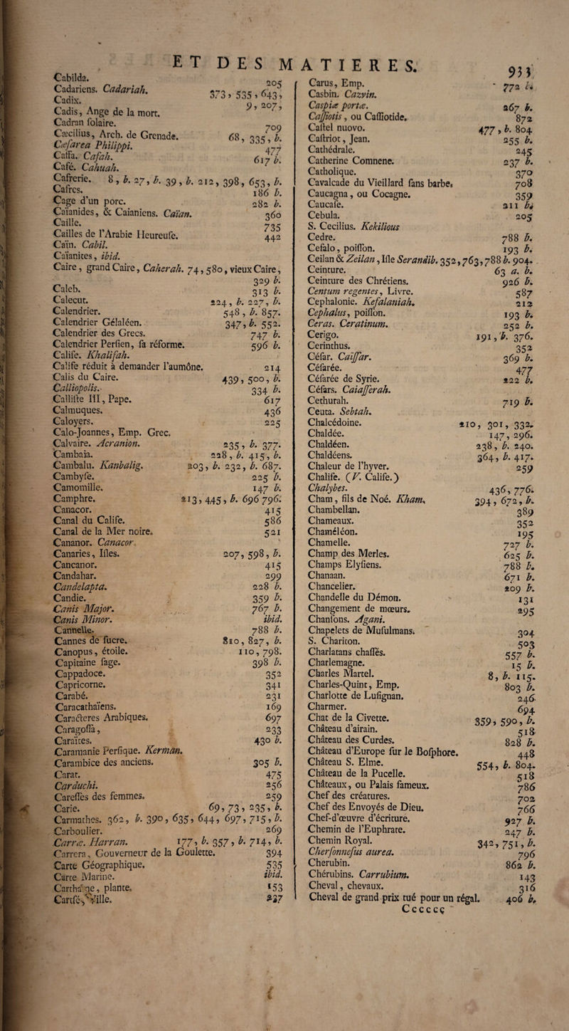 \ 205 *73 » 535.643, y, 207, ML 7°9 68 > 335 » b. 477 617 £. ET DES M Cabilda. Cadaricns. Cadariah. Cadix. Cadis, Ange ,de la mort. Cadran folaire. Cæcilius, Arch. de Grenade. Cafarea Philippi. Catfa. Cafah. Café. Cahuah. Cafrerie. 8 , b. 27, b. 39 , b. 212, 398, 653, b. Caircs. l86 k Cage dun porc. ogo Caïanides, & Caianiens. Gsto. r?6o Cailie. 7nr Cailles de l’Arabie Ileureufe. 442 Caïn. Cabil Caïanites, ibid. Caire, grand Caire, Caherah. 74,580, vieux Caire, 329 b. Caleb. ù Calecut. Calendrier. Calendrier Gélaléen. Calendrier des Grecs. Calendrier Perfien, fa réforme. Calife. Khalifah. Calife réduit à demander l’aumône. Calis du Caire. 3I3 b. 224, b. 227, b. 548 , b. 857. 347> b. 552. 747 b. 596 b. Calliopolis.- Callifte III, Pape. Calmuques. Caloyers. Calo-Joannes, Emp. Grec. Calvaire. Acranion. Cambaia. Cambalu. Kanbalig. Cambyfe. Camomille. Camphre. Canacor. Canal du Calife. Canal de la Mer noire* Cananor. Canacor, Canaries, Ifles. Cancanor. Candahar. Candelapta. Candie.. ; Canis Major. Canis Minor. Cannelle. Cannes de fucre. Canopus, étoile. Capitaine fage. Cappadoce. Capricorne. Carabé. Caracathaïens. Caraéïeres Arabiques. Caragoflà, Caraïtes. Caramanie Perfique. Kerman, Carambice des anciens. Carat. Carduchi. Careiïès des femmes. Carie. 439 214 5°° 7 b. 334 b. 617 43^ 225 235 > b- 377* 228 , b. 415, b. 203, b. 232, b. 687. 225 b. 147 b. £I3? 445 5 b. 696 796: 4*5 58^ 521 207, 598, b. 4i5 299 228 b. 359 b. 767 b. ibid. 788 b. Sïo, 827, b. 110,798. 398 b. 352 34i 231 169 697 233 43° b. 305 b. 475 û59 69? 73î 235, b. Carmathes. 362, b. 39° ■> ^35 > <H4? ^97? 7lS->b. Carboulîer. 269 Carra. Harran. 177’ b. 357 5 b. 714? b. Carrera, Gouverneur de la Goulette. 394 Carte Géographique, 535 Carte Marine. Carthalne, plante. *53 Canfé-,sVille. *27 A T I E R E S. Carus, Emp. Casbin. Cazvin. Cas pi a porta. CaJJiotis, ou Caffiotide. Callel nuovo. Caflriot, Jean. Cathédrale. Catherine Comnene. Catholique. Cavalcade du Vieillard fans barbe* Caucagna, ou Cocagne. Caucalé. Cebula. S. Cecilius. KekiUous Cedre. Cefalo, poiflbn. Ceilan & Zeilan, Ifle Serandib, 352 Ceinture. Ceinture des Chrétiens. Centum regentes, Livre. Cephalonie. Kefalaniah. Cephalus, poilfon. Ceras. Ceratinum. Cerigo. Cerinthus. Céfar. Caijjdr. Céfarée. Céfarée de Syrie. Céfars. CaiaJJerah. Cethurah. Ceuta. Sebtah. Chalcédoine. Chaldée. Chaldéen. Chaldéens. Chaleur de l’hyver. Chalife. ÇV. Calife.) Chalybes. Cham, fils de Noé. Kham, Chambellan. Chameaux. Chaméléon. Chamelle. Champ des Merles. Champs Elyfiens. Chanaan. Chancelier. Chandelle du Démon. Changement de mœurs» Chanfons. Agani. Chapelets de Mufulmans* S. Chariton. Charlatans chaffés. Charlemagne. Charles Martel. Charles-Quint, Emp. Charlotte de Lufignan. Charmer. Chat de la Civette. Château d’airain. Château des Curdes. Château d’Europe fur le Bofphore, Château S. Elme. Château de la Pucelle. Châteaux, ou Palais fameux. Chef des créatures. Chef des Envoyés de Dieu. Chef-d’œuvre d’écriture. Chemin de l’Euphrate. Chemin Royal. Cherfonnefus aurea. Chérubin. Chérubins. Carrubium. Cheval, chevaux. Cheval de grand prix tué pour un Cccccç 93 y ‘ 772 t* 267 b. 872 477, b. 804 255 b. 245 237 b. 37° 708 359 311 bé 205 788 b. 193 k ,753,788*. 904. 63 a. b, 926 b> 587 212 193 b. 252 b. 191 P&. 376. 352 369 b. 477 222 b. 719 b. *10, 301» 332* 147, 296. 238, b. 240. 364, b. 417. 2 59 436, 776. 394 ? 672, b. 389 352 J95 727 b. 625 b. 788 b. 671 b. 2.09 b. 131 295 304 503 557 b. 15 h. %*b. 11^. 803 1 24<S 694 359 > 590? £• 518 828 b. 448 554? 804. 5*8 786 702 765 927 b. 247 £. 342, 75i^* 796 862 b. ï43 316 régal. 406 &