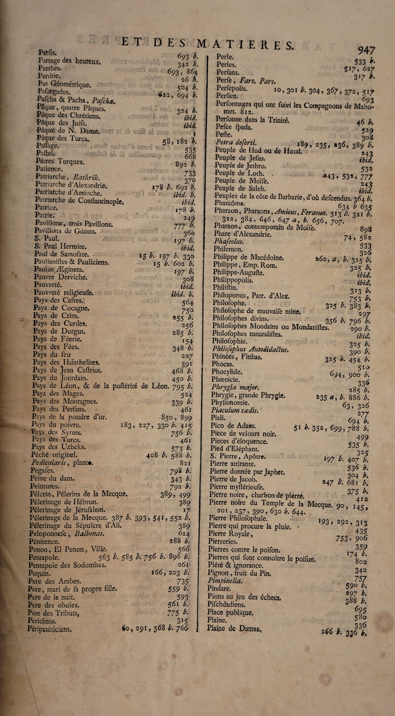 Patfîs. Partage des heureux. • Parthes. Parthie. Pas Géométrique. Palargndes. - . ;:i , Pafcha & Pacha, Pafcha. Pâque, quatre Pâques. Pâque des Chrétiens. Pâque des Juifs. Pâque, de N. Dame. '• Pâque des Turcs. Pafiàge. , • ' Patel. Pâcres Turques. Patience. Patriarche, Bathrik. Patriarche d’Alexandrie. Patriarche d’Antioche. Patriarche de Contanrinople» Patrice. Patrie.' Pavillons, trois Pavillons. Pavillons de Géants. ■ S. Paul. .v. S. Paul Hermite. Paul de Samofate. Paulianites & Pauliciens. Paulus Ægineta. Pauvre Derviche. Pauvreté. Pauvreté religieufe. Pays des Cafresé; Pays de Cocagne. Pays de Crim. Pays des Curdes. Pays de Durgut. Pays de Féerie. Pays des Fées. Pays du feu Pays des Haïathelites. Pays de }ean Catriot. Pays du Jourdain. ET DES MATIERES. ,vnr o onoa or;j ■•ji ii uono 693 A 342 b. 693, 864 26 b. 504 b. 422 y 694 b. 324 b. ibid. ibid. •V i $8 j *82 b. 535 ? 668 • 892 B. 733 370 278 b. 692 b. ibid. b. ibid. 178 b. * 24 9 777 b. 360 197 b. ibid. 15 h. 197 b. 330 15 b. 602 b. 197 h. 308 ibid. ibid. b. 564 75° *55 * 256 285 Z>. *54 348 b. 227 391 468 b. 450 Æ. ,:r Pays de Léon, & de la potëricé de Léon. 795 b. Pays des Mages. Pays des Montagnes. Pays des Perfans. Pays de la poudre d’or Pays du poivre. Pays des Syrtes. Pays des Turcs. Pays des Uzbeks. Péché originel. Pedicularis, plant*. Pegafes. • Peine du dam- Peintures* Pèlerin, Pèlerins de la Mecque. Pèlerinage de Hébron. Pèlerinage de Jérufalem 524 339 b‘ 461 850, 899 183, 227, 330 b. 415 756 b. 461 573 b. 408 b. 588 b. 821 79 S b. 343 b. 792 b. 389> 499 389 n Pèlerinage de la Mecque. 387 b. 393, 541, 552 b. Pèlerinage du Sépulcre d’Ali. 389 Peloponnefe, Balbonas. 624 Pénitence. £88 b. Penon, El Penon, Ville. 566 Pentapole. 563 B. 585 B. 756 B. 896 b. Pentapole des Sodomites. 261 Pequin. *66, 203 b. Pere des Arabes. 735 Pere, mari de fa propre fille. 559 b. Pere de la nuit. Pere des oboles Pere des Tributs; Periclitos. Péripatéciciens. 947 533 *• $17, 627 317 *• 593 561 b. 775 b. 315 fo, £91,568 B. 766 Perle. Perles. Perfans. e Perfe, Fars. Pars. Pcrfien?llS' I0’ 301 3°4’ 367 ’ 372 ’ 57 Perfonnages qui ont fuivi les Compagnons de Ma Ko- met. 812. . . Perfonne dans la Trinité. a6 b Pefee fpada. 7 *„ Pelle. Çl Para deferti. 189, 235, sjô, ,89 b. Peuple de Hud ou de Houd. 24. Peuple de Jefus, ibil Peuple de Jethrô. Peuple de Loth. . . . Æ43, cqj 777 Peuple de Moïfe. 43 ’ 53 ' 7/Z Peuple de Saleh. Peuples de la côte de Barbarie, d’où defeendüs. 364 b. Phantome. 6 % X Pharaon, Pharaons,Amious,Feraoun. «A 221b 322î ,3^4*» 646, 647 a, b. 656, 707. Pharaon,- contemporain de Moïfe. RoS Phare d’Alexandrie. co9 Phafeolus. 74 ’ 53* Philemon. ( Philippe de Macédoine. â62> a, b. îsTh Philippe, Emp.Rom. s Philippe-Augufte. 3 ^ PhllippopollS. ' /. . : ibid. Philiftin. : Philoponus, Patr. d’AleX. 7<2 K Philolophe. b. 282 b Philofophe de mauvaife mine. ^gr Philofophes divins. 356 b, ^6 h Philofophes Mondains ou Mondanités. 2go b. Philofophes naturalites. ibid. Philofophie. ! , 42K b. Philofophus AulodidaBus. on0 b. Phinéés, Finhas. 325 b. 454 b. Phocas. 310 Phocyiide. 694, 900 b. Phœnicie. Phrygia major. ï8< b. Phrygie, grande Phrygie. 235 a, b. 886 b. Phyüonomie. 63, 6 Piaculum cce dis. Piali. 694 / Pico de Adam. 51 è. 352, 699, 788 b. Piece de velours nom . g g Pièces d’éloquence. /. Pied d’Eléphant. 335Jl' S. Pierre, Apôtre. 197 £. * £ Pierre attirante. r Pierre donnée par Japhet. F Pierre de Jacob. 247 b. 68? b. Pierre mytérieufe* ^ * Pierre noire, charbon dé pierre. 3 412 Pierre noire du Temple de la Mecque. 90, ,L 201 . *37 > 39° > 630 b. 644. ^ * Pierre Philofophale. 193. 202 et. Pierre qui procure la pluie. • ^ Pierre Royale, ^ Pierreries. 7539 90^ Pierres contre le poifon* i7^b Pierres qui font connoître le poiforî. g0 * Piété & ignorance. * Pignon, fruit du Pin* ^4* Pimpinella. „ 75/ Pindare. . 590 ^ Pions au jeu des échecs* îob Pifchdadiens. ^ Place publique. Plaine. 5»° Plaine de Damas, m ÿ. 3j|3^
