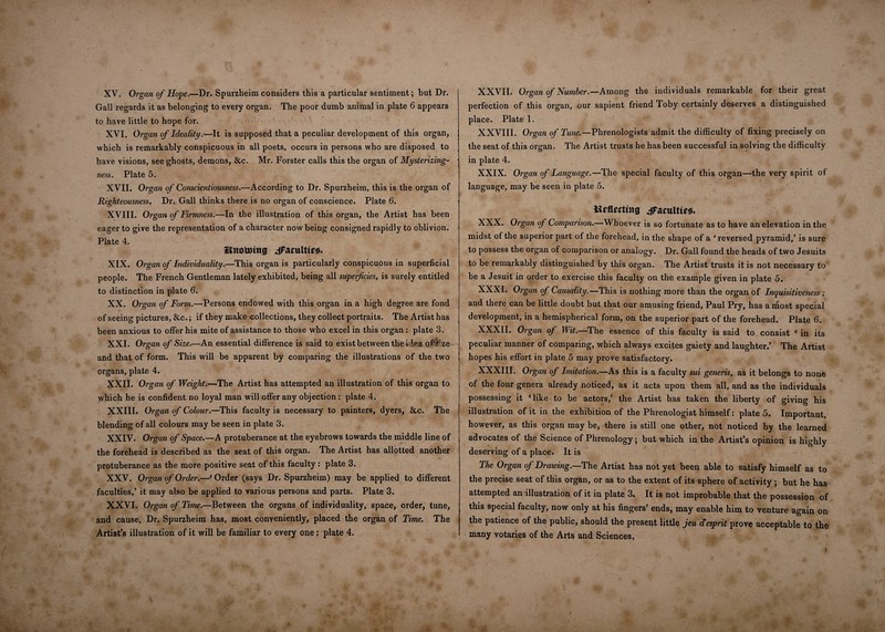 XV. Organ of Hope.—Dr. Spurzheim considers this a particular sentiment; but Dr. Gall regards it as belonging to every organ. The poor dumb animal in plate 6 appears to have little to hope for. XVI. Organ of Ideality.—It is supposed that a peculiar development of this organ, which is remarkably conspicuous in all poets, occurs in persons who are disposed to have visions, see ghosts, demons, &c. Mr. Forster calls this the organ of Mysterizing- ness. Plate 5. XVII. Organ of Conscientiousness.—According to Dr. Spurzheim, this is the organ of Righteousness. Dr. Gall thinks there is no organ of conscience. Plate 6. XVIII. Organ of Firmness.—In the illustration of this organ, the Artist has been eager to give the representation of a character now being consigned rapidly to oblivion. Pl&tc 4 JSnototng faculties** XIX. Organ of Individuality.—This organ is particularly conspicuous in superficial people. The French Gentleman lately exhibited, being all superficies, is surely entitled to distinction in plate 6. XX. Organ of Form.—Persons endowed with this organ in a high degree are fond of seeing pictures, &c.; if they make collections, they collect portraits. The Artist has been anxious to offer his mite of assistance to those who excel in this organ: plate 3. XXI. Organ of Size.—An essential difference is said to exist between the i lea ofitize and that of form. This will be apparent by comparing the illustrations of the two organs, plate 4. XXII. Organ of Weight.—The Artist has attempted an illustration of this organ to which he is confident no loyal man will offer any objection: plate 4. XXIII. Organ of Colour.—This faculty is necessary to painters, dyers, &c. The blending of all colours may be seen in plate 3. XXIV. Organ of Space.—A protuberance at the eyebrows towards the middle line of the forehead is described as the seat of this organ. The Artist has allotted another protuberance as the more positive seat of this faculty: plate 3. XXV. Organ of Order.—* Order (says Dr. Spurzheim) may be applied to different faculties,’ it may also be applied to various persons and parts. Plate 3. XXVI. Organ of Time.—Between the organs of individuality, space, order, tune, and cause, Dr. Spurzheim has, most conyeniently, placed the organ of Time, The Artist’s illustration of it will be familiar to every one; plate 4. XXVII. Organ of Number.—Among the individuals remarkable for their great perfection of this organ, our sapient friend Toby certainly deserves a distinguished place. Plate 1. XXVIII. Organ of Tune.— Phrenologists admit the difficulty of fixing precisely on the seat of this organ. The Artist trusts he has been successful in solving the difficulty in plate 4. XXIX. Organ of Language.—The special faculty of this organ—the very spirit of language, may be seen in plate 5. XXX. Organ of Comparison.—Whoever is so fortunate as to have an elevation in the midst of the superior part of the forehead, in the shape of a 'reversed pyramid,’ is sure to possess the organ of comparison or analogy. Dr. Gall found the heads of two Jesuits to be remarkably distinguished by this organ. The Artist trusts it is not necessary to be a Jesuit in order to exercise this faculty on the example given in plate 5. XXXI. Organ of Causality.—This is nothing more than the organ of Inquisitiveness; and there can be little doubt but that our amusing friend, Paul Pry, has a most special development, in a hemispherical form, on the superior part of the forehead. Plate 6. XXXII. Organ of Wit.—The essence of this faculty is said to consist f in its peculiar manner of comparing, which always excites gaiety and laughter.’ The Artist hopes his effort in plate 5 may prove satisfactory. XXXIII. Organ of Imitation.—As this is a faculty sui generis, as it belongs to none of the four genera already noticed, as it acts upon them all, and as the individuals possessing it 'like to be actors,’ the Artist has taken the liberty of giving his illustration of it in the exhibition of the Phrenologist himself: plate 5. Important, however, as this organ may be, there is still one other, not noticed by the learned advocates of the Science of Phrenology; but which in the Artist’s opinion is highly deserving of a place. It is The Organ of Drawing.—The Artist has not yet been able to satisfy himself as to the precise seat of this organ, or as to the extent of its sphere of activity ; but he has attempted an illustration of it in plate 3. It is not improbable that the possession of this special faculty, now only at his fingers’ ends, may enable him to venture again on the patience of the public, should the present little jeu cCesprit prove acceptable to the many votaries of the Arts and Sciences,