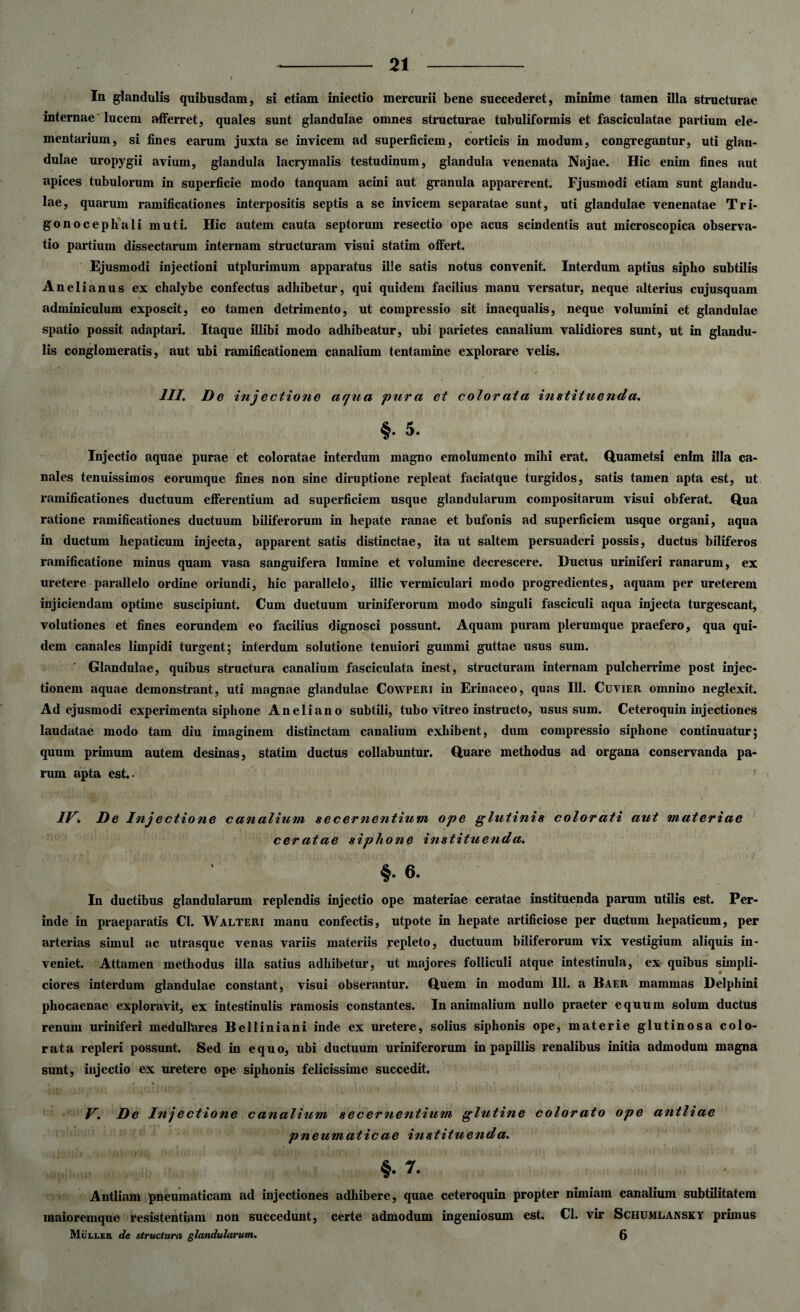 / - 21 - ■* i In glandulis quibusdam, si etiam iniectio mercurii bene succederet, minime tamen illa structurae internae lucem afferret, quales sunt glandulae omnes structurae tubuliformis et fasciculatae partium ele¬ mentarium, si fines earum juxta se invicem ad superficiem, corticis in modum, congregantur, uti glan¬ dulae uropygii avium, glandula lacrymalis testudinum, glandula venenata Najae. Hic enim fines aut apices tubulorum in superficie modo tanquam acini aut granula apparerent. Fjusinodi etiam sunt glandu¬ lae, quarum ramificationes interpositis septis a se invicem separatae sunt, uti glandulae venenatae Tri- gonocephali muti. Hic autem cauta septorum resectio ope acus scindentis aut microscopica observa¬ tio partium dissectarum internam structuram visui statim offert. Ejusmodi injectioni utplurimum apparatus ille satis notus convenit. Interdum aptius sipho subtilis Anelianus ex chalybe confectus adhibetur, qui quidem facilius manu versatur, neque alterius cujusquam adminiculum exposcit, eo tamen detrimento, ut compressio sit inaequalis, neque volumini et glandulae spatio possit adaptari. Itaque illibi modo adhibeatur, ubi parietes canalium validiores sunt, ut in glandu¬ lis conglomeratis, aut ubi ramificationem canalium tentamine explorare velis. III. De injectione aqua pura et color at a instituenda. §. 5. Injectio aquae purae et coloratae interdum magno emolumento mihi erat. Quametsi enim illa ca¬ nales tenuissimos eorumque fines non sine diruptione repleat faciatque turgidos, satis tamen apta est, ut ramificationes ductuum efferentium ad superficiem usque glandularum compositarum visui obferat. Qua ratione ramificationes ductuum biliferorum in hepate ranae et bufonis ad superficiem usque organi, aqua in ductum hepaticum injecta, apparent satis distinctae, ita ut saltem persuaderi possis, ductus biliferos ramificatione minus quam vasa sanguifera lumine et volumine decrescere. Ductus uriniferi ranarum, ex uretere parallelo ordine oriundi, hic parallelo, illic vermiculari modo progredientes, aquam per ureterem injiciendam optime suscipiunt. Cum ductuum uriniferorum modo singuli fasciculi aqua injecta turgescant, volutiones et fines eorundem eo facilius dignosci possunt. Aquam puram plerumque praefero, qua qui¬ dem canales limpidi turgent; interdum solutione tenuiori gummi guttae usus sum. Glandulae, quibus structura canalium fasciculata inest, structuram internam pulcherrime post injec¬ tionem aquae demonstrant, uti magnae glandulae Cowperi in Erinaceo, quas 111. Cuvier omnino neglexit. Ad ejusmodi experimenta siphone Aneliano subtili, tubo vitreo instructo, usus sum. Ceteroquin injectiones laudatae modo tam diu imaginem distinctam canalium exhibent, dum compressio siphone continuatur; quum primum autem desinas, statim ductus collabuntur. Quare methodus ad organa conservanda pa¬ rum apta est.. IV. De Injectione canalium secernentium ope glutinis colorati aut materiae ceratae siphone instituenda. §• 6. In ductibus glandularum replendis injectio ope materiae ceratae instituenda parum utilis est. Per¬ inde in praeparatis Cl. Walteri manu confectis, utpote in hepate artificiose per ductum hepaticum, per arterias simul ac utrasque venas variis materiis repleto, ductuum biliferorum vix vestigium aliquis in¬ veniet. Attamen methodus illa satius adhibetur, ut majores folliculi atque intestinula, ex quibus simpli- ciores interdum glandulae constant, visui obserantur. Quem in modum 111. a Baer mammas Delphini phocaenae exploravit, ex intestinulis ramosis constantes. Inanimalium nullo praeter equum solum ductus renum uriniferi medulllares Belliniani inde ex uretere, solius siphonis ope, materie glutinosa colo¬ rata repleri possunt. Sed in equo, ubi ductuum uriniferorum in papillis renalibus initia admodum magna sunt, injectio ex uretere ope siphonis felicissime succedit. V. De Injectione canalium secernentium glutine colorato ope antliae pneumaticae instituenda. §. 7. Antliam pneumaticam ad injectiones adhibere, quae ceteroquin propter nimiam canalium subtilitatem maioremque resistentiam non succedunt, certe admodum ingeniosum est. Cl. vir Schumlansky primus
