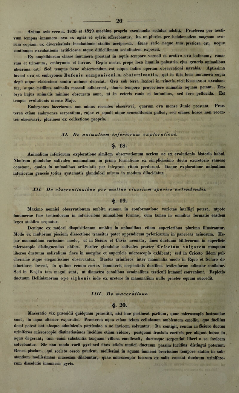 Avium ovis vere a. 1828 et 1829 machinp propria excubandis sedulus adstiti. Praeterea per aesti- v'uin tempus innumera ova ex agris et sylvis afferebantur , ita ut pluries per hebdomadem magnam ovo¬ rum copiam ex diversissimis incubationis stadiis acciperem, duae ratio neque tam pretiosa est; neque continuam excubationis artificiosae atque difficillimam sedulitatem exposcit. Ex amphibiorum classe innumera prostant in aquis tempore vernali et aestivo ova bufonum, rana¬ rum et tritonum, embryones et larvae. Regio nostra prope loca humilia palustria ejus generis animalibus uberrima est. Sed tempus bene observandum est atque indies operam observationi navabis. Aptissima inveni ova et embryones Bufonis campanisoni s. obstetricantis, qui in iliis locis innumera copia degit atque clarissimo sonitu animos delectat. Ova sub terra laxiori in vinetis vici Kessenich excuban¬ tur, atque pedibus animalis masculi adhaerent, donec tempore provectiore animalia aquam petant. Em- brya hujus animalis minime obscurata sunt, ut in ceteris ranis et bufonibus, sed fere pellucida. Est tempus evolutionis mense Majo. Embryones lacertarum non minus recentes observavi, quarum ova mense Junio prostant. Prae¬ terea etiam embryones serpentium, rajae et squali atque crocodilorum pullos, sed omnes hosce non recen¬ tes observavi, plurimos ex collectione propria. XI De animalium inferiorum eocploratione. §• * 8. Animalium inferiorum exploratione similem observationum seriem ac ex evolutionis historia habui. Nimirum glandulae salivales mammalium in prima formatione ex simplicissimo ductu excretorio ramoso constant, quales in animalibus articulatis per integram vitam perdurant. Itaque exploratione animalium inferiorum genesis totius systematis glandulosi mirum in modum dilucidatur. XII De obser vationibus per multas classium species extendendis. §. 19. Maximo nonnisi observationum ambitu summa in conformatione varietas intelligi potest, utpote innumerae fere testiculorum in inferioribus animalibus formae, cum tamen in omnibus formatio easdem leges stabiles sequatur. '■ Denique ex majori disquisitionum ambitu in animalibus etiam superioribus plurima illustrantur. Modo ex multorum piscium dissectione transitus patet appendicum pyloricarum in pancreas acinosum. He¬ par mammalium rarissime modo, ut in Sciuro et Cavia neonata, fines ductuum biliferorum in superficie microscopio distinguendos obfert. Pariter glandulae salivales praeter Cricetum vulgarem nunquam liberos ductuum salivalium fines in margine et superficie microscopio exhibent; sed in Criceto iidem pul¬ cherrime atque elegantissime observantur. Ductus uriniferos inter mammalia modo in Equo et Sciuro di¬ stinctiores inveni, in quibus renum cortex innumeris, serpentinis ductibus testiculorum adinstar conflatur. Sed in Rajis tam magni sunt, ut diametro canalibus seminalibus testiculi humani conveniant. Repletio ductuum Bellinianorum ope siphonis inde ex uretere in mammalium nullo praeter equum succedit. * XIII De macer atione. §. 20. Maceratio vix praesidii quidquam praestitit, nisi huc pertineat partium, quae microscopio lustrandae sunt, in aqua ulterior expuratio. Praeterea aqua etiam telam cellulosam ambientem emollit, quo facilius demi potest aut absque adminiculo particulae a se invicem solvuntur. Ita contigit, renum in Sciuro ductus uriniferos microscopio distinctissimos lucidius etiam videre, postquam frustula corticis per aliquot horas in aqua degerant; tum enim substantia tanquam villosa emollescit, ductusque serpentini liberi a se invicem solvebantur. Sic non modo varii gyri sed fines etiam mutici ductuum passim lucidius distingui poterant. Renes piscium, qui sceleto osseo gaudent, mollissimi in aquam immersi brevissimo tempore statim in sub¬ stantiam mollissimam mucosam dilabuntur, quae microscopio lustrata ex solis constat ductuum urinifero- rum dissolutis innumeris gyris.