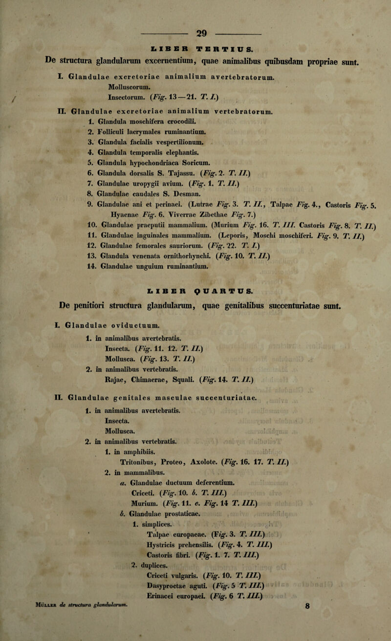 LIBER TERTIUS. De structura glandularum excernentium, quae animalibus quibusdam propriae sunt. I. Glandulae excretoriae animalium avertebratorum. Molluscorum. Insectorum. {Fig. 13 — 21. T. I.) II. Glandulae excretoriae animalium vertebratorum. 1. Glandula moschifera crocodili. 2. Folliculi lacrymales ruminantium. 3. Glandula facialis vespertilionum. 4. Glandula temporalis elephantis. 5. Glandula hypochondriaca Soricum. 6. Glandula dorsalis S. Tajassu. {Fig. 2. T. II.) 7. Glandulae uropygii avium. {Fig. 1. T. II.) 8. Glandulae caudales S. Desman. 9. Glandulae ani et perinaei. (Lutrae Fig. 3. T. II., Talpae F/g. 4., Castoris Fig. 5. Hyaenae Fig. 6. Viverrae Zibethae Fig. 7.) 10. Glandulae praeputii mammalium. (Murium Fig. 16. T. III. Castoris Fig. 8. T. II.) 11. Glandulae inguinales mammalium. (Leporis, Moschi moschiferi. Fig. 9. T. II.) 12. Glandulae femorales sauriorum. {Fig. 22. T. I.) 13. Glandula venenata ornithorhynchi. {Fig. 10. T. II.) 14. Glandulae unguium ruminantium. Ii I B E R QUARTUS. De penitiori structura glandularum, quae genitalibus succenturiatae sunt. I. Glandulae oviductuum. 1. in animalibus avertebratis. Insecta. {Fig. 11. 12. T. II.) Mollusca. {Fig. 13. T. II.) 2. in animalibus vertebratis. Rajae, Chimaerae, Squali. {Fig. 14. T. II.) II. Glandulae genitales masculae succenturiatae. 1. in animalibus avertebratis. Insecta. Mollusca. 2. in animalibus vertebratis. 1. in amphibiis. Tritonibus, Proteo, Axolote. {Fig. 16. 17. T. II.) 2. in mammalibus. a. Glandulae ductuum deferentium. Criceti. (Fig. 10. b. T. III.) Murium. {Fig. 11. e. Fig. 14 T. III.) b. Glandulae prostaticae. 1. simplices. Talpae europaeae. (Fig. 3. T. III.) Hystricis prehensilis. {Fig. 4. T. III.) Castoris fibri. {Fig. 1. 7. T. III.) 2. duplices. Criceti vulgaris. {Fig. 10. T. III.) Dasyproctae aguti. {Fig. 5 T. III.) Erinacei europaei. {Fig. 6 T. III.)