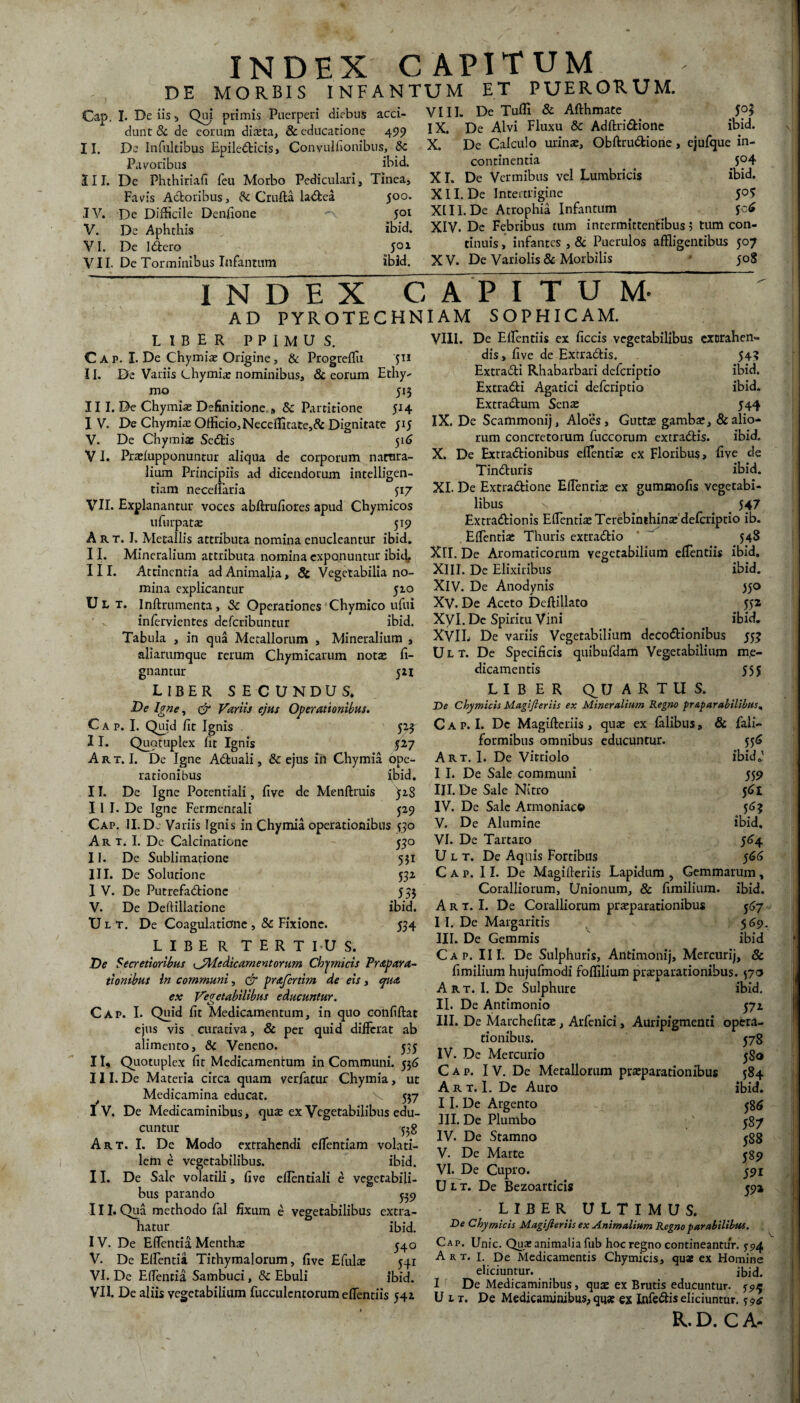 INDEX CAPITUM DE MORBIS INFANTUM ET PUERORUM. Cap. I. De iis s Qui primis Puerperi diebus acci¬ dunt 8c de eorum dista, & educatione 499 II. De Infultibus Epiledicis, Convulfionibus, 8c Pavoribus ibid. III. De Phthiriafi /eu Morbo Pediculari, Tinea, Favis Adoribus, & Crufta ladea 500. IV. De Difficile Denfione  5°l V. De Aphthis ibid. VI. De Idero 501 VII. De Torminibus Infanmm ibid. VIII. De Tu/fi & Afthmate IX. De Alvi Fluxu & Adftridione ibid. X. De Calculo urinae, Obftrudione, ejufque in¬ continentia 504 XI. De Vermibus vel Lumbricis ibid. XII. De Intertrigine 505 XIII. De Atrophia Infantiim XIV. De Febribus tum intermittentibus 5 tum con¬ tinuis , infantes , & Puerulos affligentibus 507 XV. De Variolis & Morbilis 508 I N D E X C AD PYROTECHN LIBER PPIMUS. C A p. I. De Chymia; Origine, & Progreffii 511 II. De Variis Chymiae nominibus, & eorum E thy¬ mo 515 III. De Chymiae Definitione , & Partitione 514 IV. De Chymiae Officio,Neceffitate,& Dignitate ;iy V. De Chymiae Sedis 516 V I. Prariupponuntur aliqua de corporum natura¬ lium Principiis ad dicendorum intelligen- tiam nece/laria 517 VII. Explanantur voces abftrufiores apud Chymicos ufurpata: 519 Art. J. Metallis attributa nomina enucleantur ibid. II. Mineralium attributa nomina exponuntur ibid, III. Attinentia ad Animalia, & Vegetabilia no¬ mina explicantur 510 U L t. Inftrumenta , & Operationes Chymico ufui infervientes deferibuntur ibid. Tabula , in qua Metallorum , Mineralium , aliarumque rerum Chymicarum notae li¬ gnantur  521 LIBER SECUNDUS. De Igne, & Variis ejus Operationibus. C a p. I. Quid /it Ignis 524 11. Quotuplex /it Ignis P7 Art.I. De Igne Aduali, & ejus in Chymia ope¬ rationibus ibid. 11. De Igne Potentiali, /ive de Menftruis 528 11 I. De Igne Fermenrali 529 Cap. II. De Variis Ignis in Chymia operationibus 330 Art.I. De Calcinatione 530 II. De Sublimatione 531 III. De Solutione 532 I V. De Putrefadione 553 V. De Deftillatione ibid. U l t. De Coagulatione , 8c Fixione. 534 LIBER TERTIUS. De Secretioribus <jMcdicamentorum Chymicis Pr&para- tionibus in communi, & pretfertim de eis, tpuA ex Vegetabilibus educuntur. Cap. I. Quid fit Medicamentum, in quo confiftat ejus vis curativa, & per quid differat ab alimento, & Veneno. 533 II, Quotuplex fit Medicamentum in Communi. 536 III. De Materia circa quam verfatur Chymia, ut Medicamina educat. x 537 fv. De Medicaminibus, qua; ex Vegetabilibus edu¬ cuntur 338 Art. I. Dc Modo extrahendi elfentiam volati¬ lem e vegetabilibus. ibid. II. De Sale volatili, five e/Ientiali e vegetabili¬ bus parando 349 III. Qua methodo fili fixum e vegetabilibus extra¬ hatur ibid. IV. De Efflentia Mentha; 540 V. De Efflentia Tithymalorum, five Efula; 541 VI. De EBentia Sambuci, & Ebuli ibid. VII. De aliis vegetabilium fucculcntorum efflendis 542 A P I T U M* IAM SOPHICAM. VIII. De Efflendis ex ficcis vegetabilibus extrahen¬ dis, five de Ext radis. 544 Extradi Rhabarbari deferiptio ibid. Extradi Agatici deferiptio ibid. Extradum Sense 544 IX. De Scammonij, Aloes, Gutta; gamba», & alio¬ rum concretorum fuccorum extradis. ibid. X. De Extradionibus efflentia; ex Floribus, five de Tinduris ibid. XI. De Extradione Efflendae ex gummofis vegetabi¬ libus \ i 547 Extradionis Efflendae Terebinthina deferiptio ib. Efflentia; Thuris extradio ' 548 XII. De Aromaticorum vegetabilium efflendis ibid. XIII. De Elixiribus ibid. XIV. De Anodynis 350 XV. De Aceto Deflillaco 552 Xyl. De Spiritu Vini ibid. XVIL De variis Vegetabilium decodionibus 55? U l T. De Specificis quibu/Ham Vegetabilium me¬ dicamentis 555 LIBER Q_ U ARTUS. De Chymicis Magifieriis ex Mineralium Regno pr&p arabilibus^ C A P. I. Dc Magifteriis , qua; ex falibus, & /ali- formibus omnibus educuntur. 556 Art. I. De Vitriolo ibid J I I. De Sale communi 559 IJI. De Sale Nitro 561 IV. De Sale Armoniac© 56% V. De Alumine ibid, VI. De Tartaro 564 U l t. De Aquis Fortibus 566 C a p. 11. De Magifieriis Lapidum , Gemmarum , Coralliorum, Unionum, & fimilium. ibid. Art.I. De Coralliorum prxparationibus 567 I I. De Margaritis 5 69. III. De Gemmis ibid Cap. III. De Sulphuris, Ailtimonij, Mercurij, & fimilium hujufmodi foffilium prsparationibus. 370 Art. I. De Sulphure ibid. II. De Antimonio 571 III. De Marchefita;, Arfenici, Auripigmenti opera¬ tionibus. 578 IV. De Mercurio 5S0 Cap. IV. De Metallorum praeparationibus 584 A r t. I. Dc Auro ibid. II. De Argento 586 III. De Plumbo v 587 IV. De Stamno yS8 V. De Marte 589 VI. De Cupro. 591 U l t. De Bezoarticis 59» - LIBER ULTIMUS. De Chy micis Magifieriis ex Animalium Regno parabilibus, Cap. Unie. Qua: animalia fub hoc regno contineantur. Art. I. De Medicamentis Chymicis, quas ex Homine eliciuntur. ibid. I De Medicaminibus, quae ex Brutis educuntur. U t t. De Medicaminibus, qu» ex Infedis eliciuntur. <s R. D. C A-