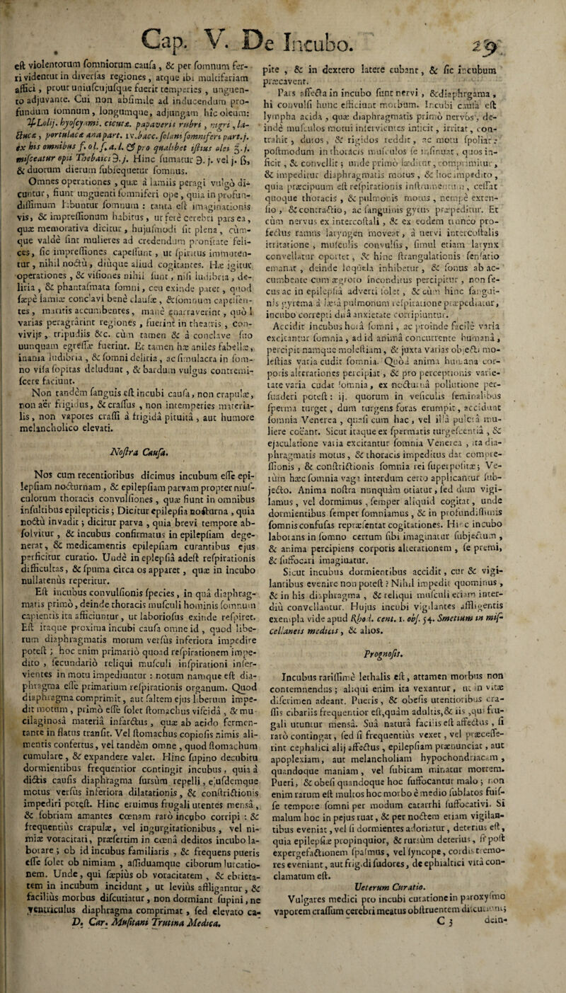 eft violentorum fomniorum caufa , & per fomnum fer¬ ri vidcocut in diverfas regiones , atque ibi multifariam affici, prout uniufciijufque fuerit temperies , unguen¬ to adjuvante. Cui non abfimde ad inducendum pro¬ fundum lomnum , longumque» adjungam hicoieum: l^Lolij. bjojcjrtmi. cicuta, papaveris rubri , nigre, la- £tuc& , portulaca anapart. iwbacc.[clamfomntfen part.j. ex bis omnibus f. ol.fa.l. & pro qualibet ifitxs olet 5./'. mifceatur opii Thsbaicid.j. Hinc fumatur 9. j. vel j. fij, & duorum dierum fubiequetur fomnus. Omnes operationes , qute a lamiis peragi vulgo di¬ cuntur , fiunt unguenti (omniferi ope , quia in profun- diffimum hbuntur fomnum : canta eft imaginationis vis, Sc impreflionum habitus, ur fere cerebri pars ea, qute memorativa dicitur, hujufmodi fit plena , cum¬ que valde fiat mulieres ad credendum pronitare feli¬ ces, fic impreffiones capclfunt, ut [piiitus immuten¬ tur , nihil nodu , diuque aliud cogitantes. H<e igitur operationes , Sc vifiones nihil funr, nifi ludibria?de¬ liria , Sc phar.rafmata fomni, ceu exinde pacet, quod faepe lamia: conc avi bene daufte , &fomnum capsiien- tes , maritis accumbentes, mane enarraverint, quo 1 varias peragrarint regiones , fuerint in theatris , con- vivijs , tripudiis &c. cum tamen & a conclave fuo uunquam egrdTb fuerint. Er tamen hae aniles fabella:, inarna ludibria , &: fomni deliria, acfimulacra in fom- no vifafopitas deludunt, & bardum vulgus contremi- fccrs faciunt. Non tandem (anguis cfl incubi caufa, non crapulae, non aer frigidus, Sccraffus , non intemperies materia¬ lis , non vapores craffi a frigida pituita , aut humore melancholico elevati. Noftra Caufa. Nos cum recentioribus dicimus incubum effc epi- lepfiam nocturnam, & epilepfiam parvam propter muf- cuiorum thoracis convulfiones , qua? fiunt in omnibus infultibus epilepticis; Dicitur epilepfia noiturna , quia nodu invadit •, dicitur parva , quia brevi tempore ab- folvitur, Sc incubus confirmatus in epilepfiam dege¬ nerat , Sc. medicamentis epilepfiam curantibus ejus perficitur curatio. Unde in eplepfia adeft refpirationis difficultas, &fpuma circa os apparet, qua? in incubo nullatenus repetitur. Eft incubus convulfionis fpecies , in qua diaphrag¬ matis primo, deinde thoracis mufculi hominis fomnum capientis ita afficiuntur, ut laboriofus exinde refpiret. Eft itaque proxima incubi caufa omne id , quod libe¬ rum diaphragmatis motum verfus inferiora impedire poteft ; hoc enim primario quoad refpirationem impe¬ dito , iecundario reliqui mufculi infpirationi infer- vientes in motu impediuntur : notum namque eft dia¬ phragma effe primarium refpirationis organum. Quod diaphragma comprimit, aut faltem ejus liberum impe¬ dit motum , primo ede (olet ftormchus vifeida , &mu cilag inosa materia infardus , qua? ab acido fermen¬ tante in flatus tranfit. Vel ftomachus copiofis nimis ali¬ mentis confertus, vei tandem omne , quod ftomachum cumulare , Sc expandere valet. Hinc fupino decubitu dormientibus frequentior contingit incubus, quia a didis caufis diaphragma (ursum repelli, elufdemque motus verfus inferiora dilatationis, Sc conftriftionis impediri poteft. Hinc eruimus frugali utentes mensa , Sc fobriam amantes ccenam rato incubo corripi : Sc frequentius crapulae, vel ingurgitationibus, vel ni¬ miae voracitati, praefertim in coena deditos incubo la¬ borare ; cb id incubus familiaris , Sc frequens pueris efle (olet ob nimiam , affiduamque ciborum lurca do¬ nem. Unde, qui faepius ob voracitatem , Sc ebrieta¬ tem in incubum incidunt , ut levius affligantur, Sc facilius morbus difeutiatur, non dormiant fupini,ne tenuiculus diaphragma comprimat, fed elevato ca- A Car. Mufitani Trutina Medica. 29 pite , Sc in dextero latere cubant, Sc fic incubum praecavent. Pars affeda in incubo funt nervi , &diaphrgatna , hi couvulfi hunc efficiunt morbum. Incubi caufa eft lympha acida , qua? diaphragmatis primo nervos', de¬ inde muftulos motui infervientes inficit, irritat, con¬ trahit , duros, Sc rigidos ledffic, ac motu (poliar.* poftmodum in tnoracis muiYuios (emfinuat, quos in¬ ficit , Sc convellit •, unde primo laedknr, rorrtpnmitur, & impeditur diaphragmatis motus, Sc hoc impedito, quia praecipuum eft refpirationis inflrumeimrai, celFat quoque thoracis , Sc pulmonis motus , nempe exten- fio , SC contradio, ac f angui nis gy tus pra?pedimr. Et cum nervus ex intercoftali, dc ex eodem trunco pro- fcdus ramus laryngen moveat, a nervi intercoltalis irritatione , mufculis convulfis, fimul etiam larynx convellatur oportet, & hinc ftrangulationis fenfatio emanat , deinde loquela inhibetur, Sc fonus ab ac¬ cumbente cum regroto inconditus percipitur , non fe- cus ac in epilepfia adverti lolec, & cum hinc fangui- n)s gyrema a Itera pulmonum rdpiratione ptrepedatar, incubo correpti dita anxietate corripiuntur. Accidit incubus hora fomni, ac proinde facile varia excitantur fomnia , ad id anima concurrente humana, percipit namque moleftiam, & juxta varias obje<5b mo- kftias varia cudit fomnia/Quod anima humana cor¬ poris altcrationes percipiat, Sc pro perceptionis varie¬ tate varia cudat (omnia, ex neduma pollutione per- fuaderi poteft: ij. quorum in veficulis feminalibus fperma turget, dum turgens foras erumpit, accidant fomnia Venerea , qur.fi cum hac , vel illa puicra mu¬ liere coeant. Sicut itaque ex (p«rmatis turgefeentia , Sc ejaculatione vatia excitantur fomnia Venerea , uadia¬ phragmatis motus, & thoracis impeditus dat compre- ffionis , & conftri&ionis fomnia rei fuperpofitre; Ve¬ ium haec fomnia vagi interdum certo applicantur fub- jedo. Anima noftra nunquam otiatur, (ed dum vigi¬ lamus , vel dormimus, femper aliquid cogitat, unde dormientibus femper (otrmiamus , «Sc in protundiffimis fomnisconfufas reprrefentat cogitationes. Hi c incubo laborans in fomno certum fibi imaginatur fubjetmm , Sc anima percipiens corporis aherationem , fe premi, Sc fuffocari imagiuatur. Sicut incubus dormientibus accidit, cur Sc vigi¬ lantibus evenite non poteft ? Nihil impedit quominus , Sc in his diaphragma , Sc reliqui mufculi en un inter- diu convellantur. Hujus incubi vigilantes affligentis exempla vide apud RJpod. cent. 1. obj. 54. Smetium in mif cellaneis medias, Sc ahos. Prognofs. Incubus rariffime lethalis eft, attamen morbus non contemnendus; aliqui enim ita vexantur , ut m vitae diferimen adeant. Pueris, Sc obdis utentioribus cra- flis cibariis frequentior eft,quam adultis,& sis ,qui ftu- gali utuntur mensa. Sua natura facilis eft affe&us , fi raro contingat, fed fi frequentius vexet, vd praecerfs- lint cephalici alij sffedus , epilepfiam prasnunciat, aut apoplexiam, aut melancholiam hypochondriacam , quandoque maniam, vel fubicam minatur mortem. Pueri, Sc obefi quandoque hoc fuffocantur malo j non enim rarum eft multos hoc morbo e medio fublatos fuif- fe tempore fomni per modum catarrhi fuffocativi. Si malum hoc in pejus ruat, Sc per nodem euam vigilan¬ tibus eveniat, vd fi dormientes adoriatur, deterius eft, quia epilepfije propinquior, & rursum deterius, iVpoft expergefadionem fpafmus, velfyncope,cordcst emo- res eveniant, autfng>difudores, dcephialaci vita con¬ clamatum eft. Veterum Curatio. Vulgares medici pro incubi curatione in paroxyimo vaporem craflum cerebri meatus obltruentem diicui;'' Tuj C 3 dein-
