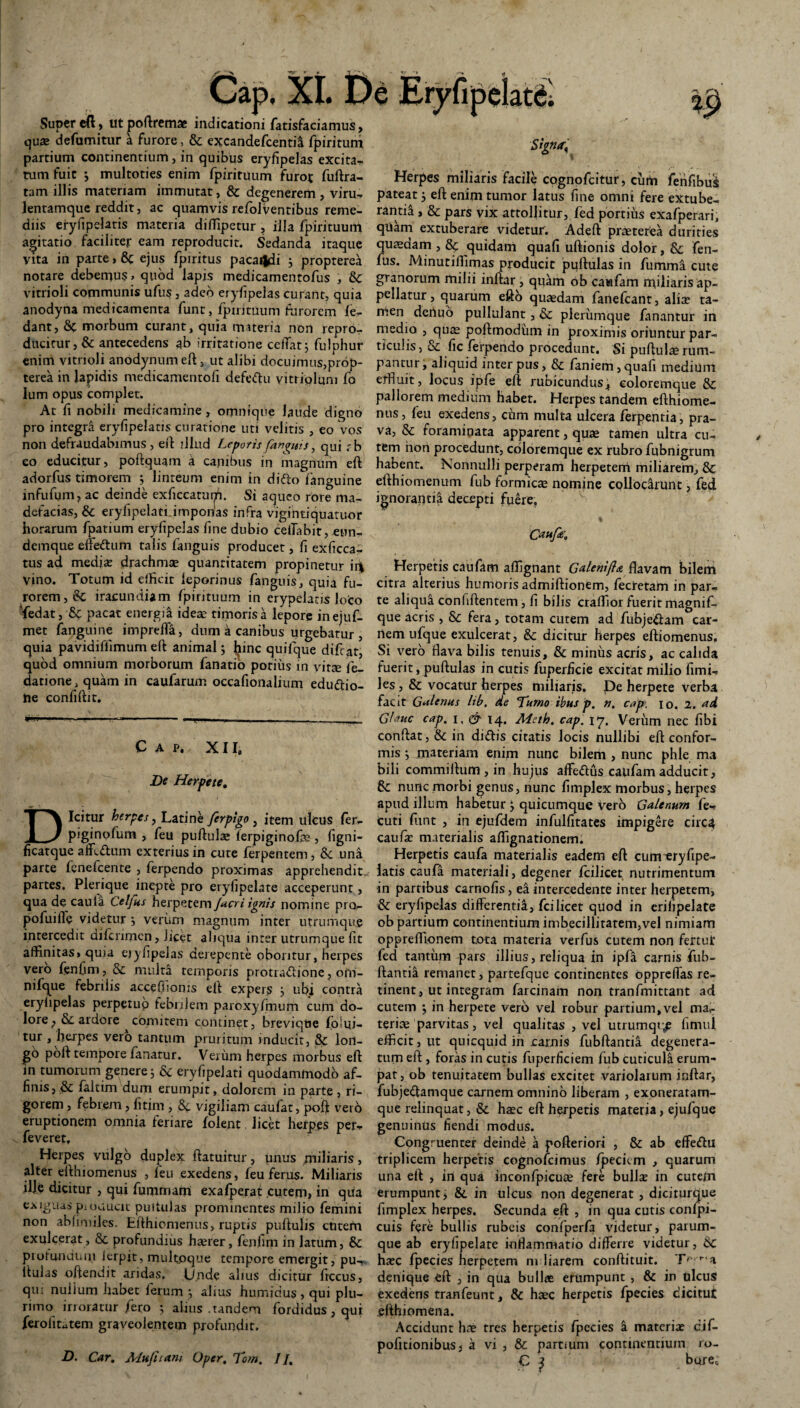 v^ap. ai. Super eft, utpoftremae indicationi fatisfaciamus, quae defumitur a furore, & excandefcentil fpiritum partium continentium, in quibus eryfipelas excita^ tum fuit *, multoties enim fpirituum furor fuftra- tam illis materiam immutat, & degenerem , viru- lentamque reddit, ac quamvis refolventibus reme¬ diis eryfipelatis materia diflipetur , illa fpirituurri agitatio faciliter eam reproducit. Sedanda itaque vita in parte, 8c ejus fpiritus pacaifcii ; propterea notare debemus, quod lapis medicamentofus , 8c vitrioli communis ufus, 2deb eryfipelas curant, quia anodyna medicamenta funt, fpirituum furorem le- dant, 8c morbum curant, quia materia non repror ducitur, & antecedens ab irritatione cefTat; fulphur enim vitrioli anodynum eft, ut alibi docuimus,prop¬ terea in lapidis medicamentofi defeftu vitriplum fo lum opus complet. At fi nobili medicamine , omniqiie laude digno pro integra eryfipelatis curatione uti velitis , eo vos non defraudabimus, eft illud Leporis fanguis, qui rb eo educitur, poftquam a canibus in magnum eft adorfus timorem } linteum enim in didto fanguine infufum, ac deinde exficcatupi. Si aqueo rore ma¬ defacias, & eryfipelati imponas infra vigibtiquatuor horarum fpatium eryfipelas line dubio celTabit, enn- demque eftedtum talis fanguis producet, fi exficca- tus ad media: drachmae quantitatem propinetur ir} vino. Totum id efficit leporinus fanguis, quia fu¬ rorem, & iracundiam fpirituum in erypelacis loto ‘fedat, & pacat energiS. ideae timorisa lepore inejuf- met fanguine imprefla, dum a canibus urgebatur , quia pavidiflimum eft animal 5 hinc quilque difeat, quod omnium morborum fanatio potius in vitae le- datione, quam in caufarum occafionalium eduftio- tie conliftit. Cap. XIIfl De Herpete, Dicitur herpes, Latine ferpigo , item ulcus fer- piginofum , feu puftulae lerpiginofe, figni- ficatque afFcftum exterius in cute ferpentem, & una parce fenefeente , ferpendo proximas apprehendit partes. Plerique inepte pro erylipelate acceperunt, qua de caula Celfus herpetem Jacri ignis nomine pro- pofuifle videtur j verum magnum inter utrumque intercedit diferirnen, licet aliqua inter utrumque fit affinitas, quia eryfipelas derepente oboritur, herpes vero fenfim, 8c multa temporis protractione, ofri- nifique febrilis acceffionis eft expers 5 ubi contra eryfipelas perpetup febrilem paroxyfmum cum do¬ lore, ardore comitem continet, brevique folii j- tur , herpes vero tantum pruritum inducit, 8c lon¬ go poft tempore fanatur. Verum herpes morbus eft in tumorum genere j & eryfipelati quodammodo af¬ finis, & faltim dum erumpit, dolorem in parte, ri¬ gorem , febrem, fitim , Sc vigiliam caufat, poft veto eruptionem omnia feriare folent, licet herpes per- feveret. Herpes vulgo duplex ftatuitur, unus miliaris, alter efthiomenus , leu exedens, feu ferus. Miliaris ille dicitur , qui fummam exafperat cutem, in qda exiguas pioaucit puitulas prominentes milio femini non abfimiles. Efthiomenus, ruptis pullulis cutem exulcerat , St profundius haerer, fenfim in latum, & profundum lerpit, multoque tempore emergit, pu- ltulas oftendit aridas. JL/.nde alius dicitur frccus, qu; nuiium habet lerum ; alius humidus, qui plu¬ rimo irroratur fero 5 alius .tandem fordidus , qui ferolitutem graveolentem profundit. D. Car, Aiufitani. Oper, Tom. I J, Signa, s I Herpes miliaris facile cognofeitur, cum fenfibus pateat j eft enim tumor latus fine omni fere extube¬ rantia , & pars vix attollitur, fed portius exafperari, qiiam extuberare videtur. Adeft praeterea durities quaedam , dg quidam quafi uftionis dolor, & fen- fus. Minutiffimas producit puftulas in fumma cute granorum milii inftar , quam ob caufam ntiliaris ap¬ pellatur , quarum efto quaedam fanefeant, alia: ta¬ men deriuo pullulant, Sc plerumque fanantur in medio , quae poftmodum in proximis oriuntur par¬ ticulis , 8c fic ferpendo procedunt. Si puftulae rum¬ pantur, aliquid inter pus, & faniem,quafi medium effluit, locus ipfe eft rubicundus j coloremque & pallorem medium habet. Herpes tandem efthiome¬ nus, feu exedens, cum multa ulcera ferpentia, pra¬ va, & foraminata apparent, quae tamen ultra cu¬ tem non procedunt, coloremque ex rubro fubnigrum habent. Nonnulli perperam herpetem miliarem, & efthiomenum fub formicae nomine collocarunt, fed ignoranti^ decepti fuere. Caufa, Herpetis caufam aflignant Galeni/la flavam bilem citra alterius humoris admiftionem, fecretam in par¬ te aliqua confiftentem, fi bilis craflior fuerit magnif- que acris , Sc fera, totam cutem ad fubje&am car¬ nem ufque exulcerat, & dicitur herpes eftiomenus. Si vero flava bilis tenuis, & minus acris, ac calida fuerit, puftulas in cutis fuperficie excitat milio fimi- les , & vocatur herpes miliaris. De herpete verba facit Galenas lib, de fumo ibus p. n. cap. 10. 2. ad Glauc cap. 1, c^ 14. Aieth. cap. 17. Verum nec fibi conftat, & in di&is citatis locis nullibi eft confor¬ mis j materiam enim nunc bilem , nunc phle ma bili commiftum , in hujus affedus caufam adducit, 8c nunc morbi genus, nunc flmplex morbus, herpes apud illum habetur , quicumque vero Galenum fe- cuti funt , in ejufdem infulfitates impigere circ4 cau fae materialis afiignationem. Herpetis caufa materialis eadem eft cum eryfipe¬ latis caufa materiali, degener fcilicet nutrimentum in partibus carnofis, ea intercedente inter herpetem, & eryfipelas differentii, fcilicet quod in erilipelate ob partium continentium imbecillitatem,vel nimiam oppreftionem tota materia verfus cutem non fertut fed tantum pars illius, reliqua in ipfa carnis fiub- ftantia remanet, partefquc continentes oppreflas re¬ tinent, ut integram farcinam non tranfmittant ad cutem in herpete vero vel robur partium,vel ma* terice parvitas, vel qualitas , vel utrumqr^ fimul efficit, ut quicquid in carnis fubftantia degenera¬ tum eft , foras in cutis fuperficiem fub cuticula erum¬ pat, ob tenuitatem bullas excitet variolarum inftar, fubje<ftamque carnem omnino liberam , exoneratam- que relinquat, & haec eft herpetis materia, ejufque genuinus fiendi modus. Congruenter deinde a pofteriori , & ab effe<ftu triplicem herpetis cognofcimus fpeciem , quarum una eft , in qua inconfpicuae fere bullae in cutem erumpunt; & in ulcus non degenerat , diciturque fimplex herpes. Secunda eft , in qua cutis confpi- cuis fere bullis rubeis confperfa videtur, parum¬ que ab erylipelate inflammatio differre videtur, Sc haec fpecies herpetem m liarem conftituit. 'J> r a denique eft , in qua bullae erumpunt , & in ulcus exedens tranfeunt, & haec herpetis fpecies dicitut sfthiomena. Accidunt hae tres herpetis fpecies a materiae cif- pofitionibus, a vi , & partium continentium 10- C j bure0