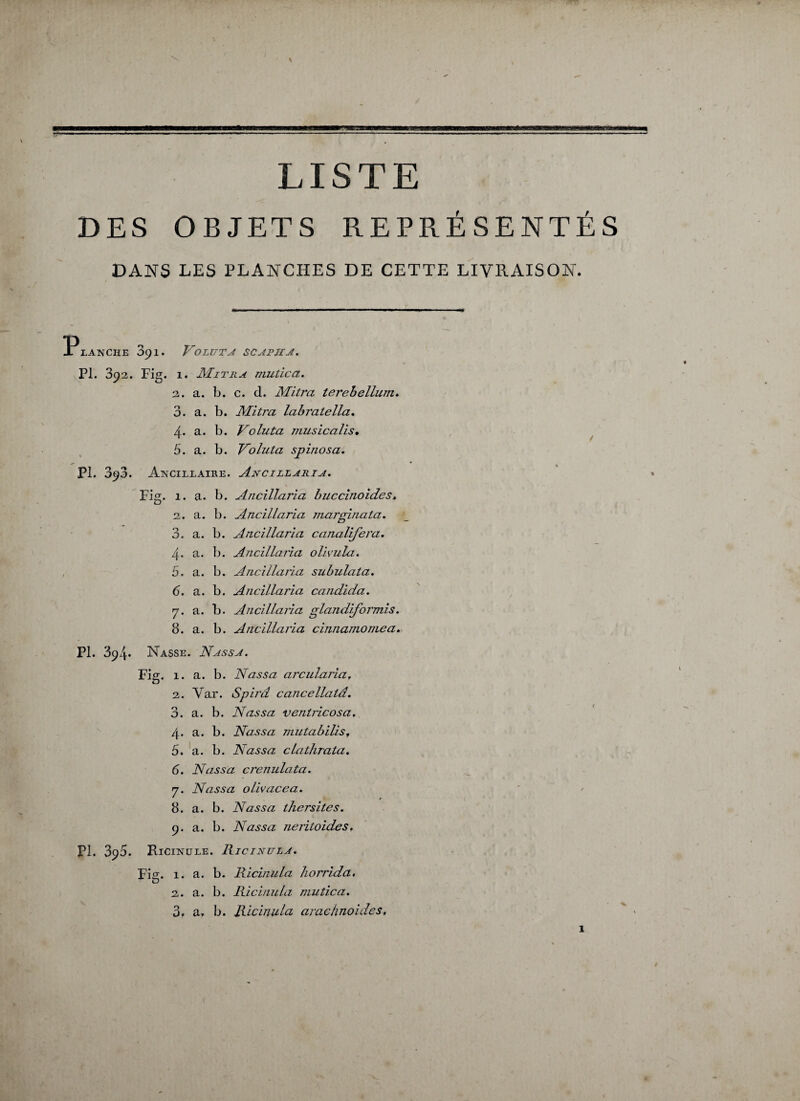 LISTE DES OBJETS REPRÉSENTÉS DANS LES PLANCHES DE CETTE LIVRAISON. Planche 391. Voluta scarjia. PI. 392. Fig. 1. Mitra mutica. 2. a. b. c. d. Mitra terebellum. 3. a. b. Mitra labratella. 4. a. b. Voluta musicalis• 5. a. b. Voluta spinosa. PL 390. Ancillaire. Ancillaria. Fig. 1. a. b. Ancillaria buccinoides, 2. a. b. Ancillaria marginata. 3. a. b. Ancillaria canalifera. 4- a. b. Ancillaria olivula. , 5. a. b. Ancillaria subulata. 6. a. b. Ancillaria candida. 7. a. b. Ancillaria glandiformis. 8. a. b. Ancillaria cinnamomea. PL 394. Nasse. Nassa. Fig. 1. a. b. Nassa arcularia. 2. Var. Spirâ cancellatâ. 3. a. b. Nassa ventricosa. 4. a. b. Nassa mutabilis. 5. a. b. Nassa clathrata. 6. Nassa crenulata. 7. Nassa olivacea. 8. a. b. Nassa thersites. 9. a. b. Nassa neritoides. PL 395. Ricinule. Ricinula. \ Fie. 1. a. b. Ricinula horrida, D 2. a. b. Ricinula mutica. 3. a. b. Ricinula arachnoides, 1 « f