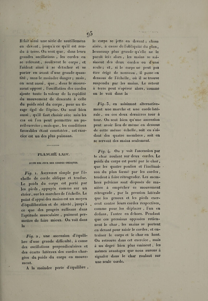 Il fait ainsi une série de sautillemens en devant , jusqu’à ce qu’il est ren¬ du à terre. Oa sent que , dans leurs grandes oscillations , les cordes eu se relevant , soulèvent le corps , et l’aident ainsi à se détacher et se porter en avant d’une grande quan¬ tité , sans le moindre danger ; mais , on sent aussi , que , dans le mouve¬ ment opposé , l’oscillation des cordes ajoute toute la valeur de la rapidité du mouvement de descente à celle du poids réel du corps , pour un ti¬ rage égal de l’épine. On sent bien aussi , qu’il faut choisir avec soin les cas où l’on peut permettre un pa¬ reil exercice ; mais que, les conditions favorables étant constatées , cet exer¬ cice est un des plus puissans. FLAINLIlE LAI Y. SUITE DES JEUX DES COBDES OBEIQUES. Fig. 1. Ascension simple par l’é¬ chelle de corde oblique et tendue. Le poids du corps est porté par les pieds , appuyés comme sur un étrier, sur les marches de l’échelle. Le point d’appui des mains est un moyen d’équilibration et de sûreté, jusqu à ce que des progrès suffisons dans l’aptitude musculaire , puissent per¬ mettre de faire mieux. Ou voit dans la Fig. 2 , une ascension d’équili¬ bre d’une grande difficulté, à cause des oscillations perpendiculaires et des écarts latéraux des cordes char¬ gées du poids du corps en mouve¬ ment. A la moindre perte d’équilibre , le corps se jette en devant ; chose aisée, à cause de 1 obliquité du plan, beaucoup plus grande qu’elle ne le paraît ici: alors, les mains se sai¬ sissent des deux cordes ou d’une seule ; et , si le corps ne peut pas être érigé de nouveau , il passe en dessous de l’échelle, où il se trouve suspendu par les mains. Le retour à terre peut s’opérer alors, comme on le voit dans la Fig. 3, en saisissant alternative¬ ment une marche et une corde laté¬ rale , ou ces deux dernières tour à tour. On sent bien qu’une ascension peut avoir lieu de même en dessous de celle même échelle, soit en s’ai¬ dant des quatre membres , soit en se servaut des mains seulement. Fig. 4- Ou y voit l’ascension par le char roulant sur deux cordes. Le poids du corps est porté par le char, que les quatre poulies et l’inclinai¬ son du plan formé par les cordes , tendent à faire rétrograder. Les mem¬ bres pelviens sont disposés de ma¬ nière à empêcher ce mouvement rétrograde , par la pression latérale que les genoux et les pieds exer¬ cent contre leurs cordes respectives, comme pour les déplacer , l’un en dedans, l’autre en dehors. Pendant que ces pressions opposées retien¬ nent le char , les mains se portent en devant pour saisir le cordes, et en¬ traîner le corps et le char en haut. On retrouve dans cet exercice , mais à un degré bien plus éminent , les mêmes avantages que nous aurons à signaler dans le char roulant sur une seule corde.