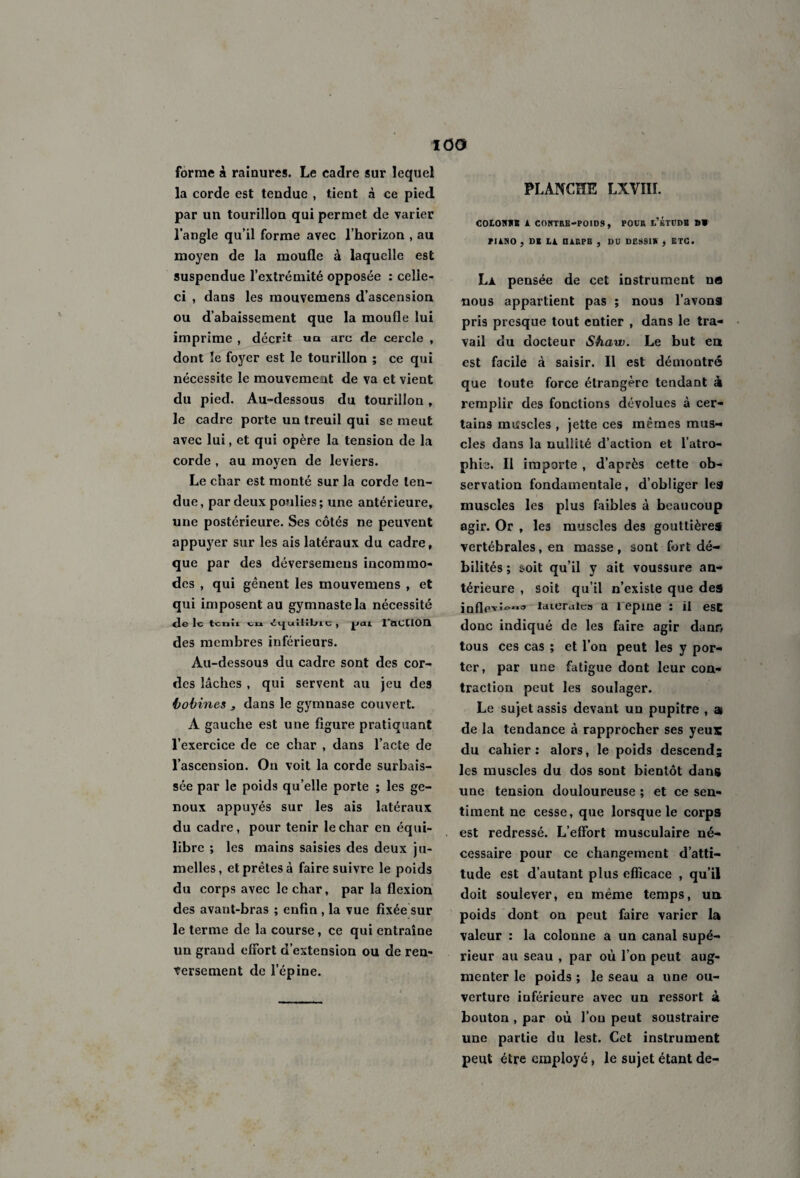 lOO forme à rainures. Le cadre sur lequel la corde est tendue , tient à ce pied par un tourillon qui permet de varier l’angle qu’il forme avec l’horizon , au moyen de la moufle à laquelle est suspendue l’extrémité opposée : celle- ci , dans les raouvemens d’ascension ou d’abaissement que la moufle lui imprime , décrit un arc de cercle , dont îe foyer est le tourillon ; ce qui nécessite le mouvement de va et vient du pied. Au-dessous du tourillon, le cadre porte un treuil qui se meut avec lui, et qui opère la tension de la corde , au moyen de leviers. Le char est monté sur la corde ten¬ due, par deux poulies; une antérieure, une postérieure. Ses côtés ne peuvent appuyer sur les ais latéraux du cadre, que par des déversemens incommo¬ des , qui gênent les mouvemens , et qui imposent au gymnaste la nécessité de le tenu eu , |Jcu l'acCIOQ des membres inférieurs. Au-dessous du cadre sont des cor¬ des lâches , qui servent au jeu des bobines , dans le gymnase couvert. A gauche est une figure pratiquant l’exercice de ce char , dans l’acte de l’ascension. On voit la corde surbais¬ sée par le poids qu’elle porte ; les ge¬ noux appuyés sur les ais latéraux du cadre, pour tenir le char en équi¬ libre ; les mains saisies des deux ju¬ melles, et prêtes à faire suivre le poids du corps avec le char, par la flexion des avant-bras ; enfin , la vue fixée sur le terme de la course, ce qui entraîne un grand effort d’extension ou de ren¬ versement de l’épine. PLANCHE LXVIII. COtOBKB il CONTRE-POIDS, POUR l’ÉTÜDB D» mNO , DI LA. □ ARFB , DU DESSIN J ETC. Là pensée de cet instrument ne nous appartient pas ; nous l’avons pris presque tout entier , dans le tra¬ vail du docteur Shaw. Le but en est facile à saisir. Il est démontré que toute force étrangère tendant à remplir des fonctions dévolues à cer¬ tains miîscles , jette ces mêmes mus¬ cles dans la nullité d’action et l’atro¬ phie. Il importe , d’après cette ob¬ servation fondamentale, d’obliger les» muscles les plus faibles à beaucoup agir. Or , les muscles des gouttières vertébrales, en masse, sont fort dé¬ bilités ; soit qu’il y ait voussure an¬ térieure , soit qu’il n’existe que des inflp’vîo.ma latérales a repine : il est donc indiqué de les faire agir dann tous ces cas ; et l’on peut les y por¬ ter, par une fatigue dont leur con¬ traction peut les soulager. Le sujet assis devant un pupitre , a de la tendance à rapprocher ses yeux du cahier: alors, le poids descend; les muscles du dos sont bientôt dans une tension douloureuse ; et ce sen¬ timent ne cesse, que lorsque le corps est redressé. L’effort musculaire né¬ cessaire pour ce changement d’atti¬ tude est d’autant plus efficace , qu’il doit soulever, en même temps, un poids dont on peut faire varier la valeur : la colonne a un canal supé¬ rieur au seau , par où l’on peut aug¬ menter le poids ; le seau a une ou¬ verture inférieure avec un ressort à bouton , par où l’on peut soustraire une partie du lest. Cet instrument peut être employé, le sujet étant de-