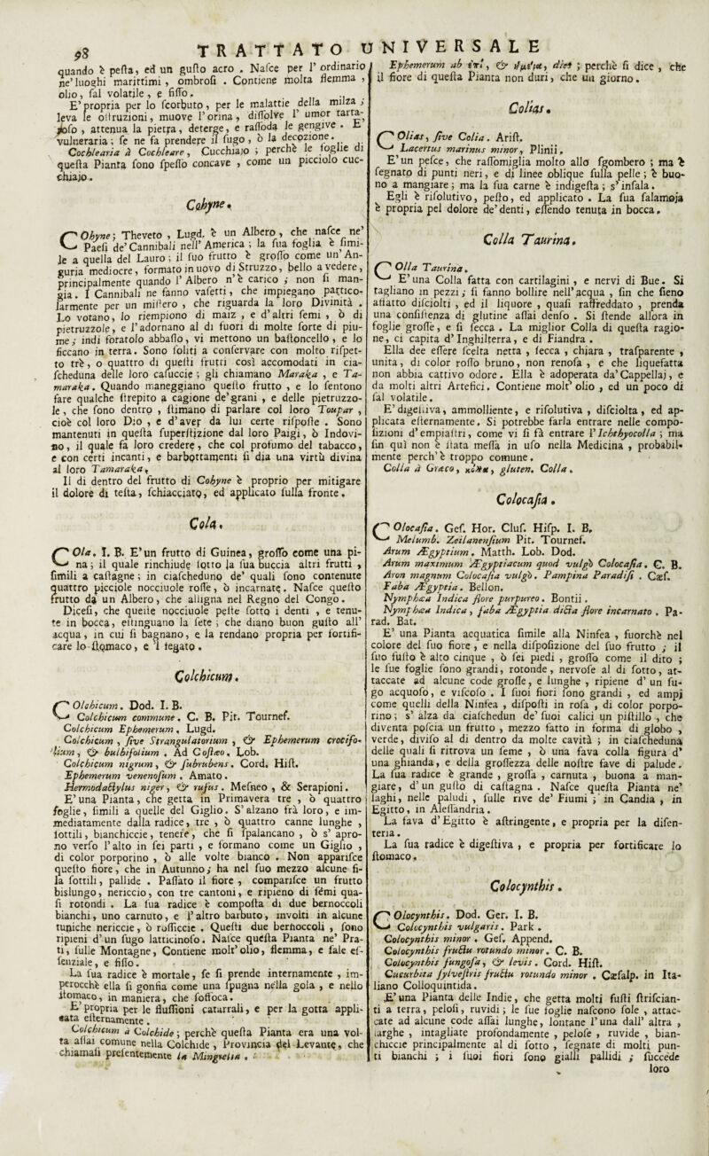 quando è petta, ed un gufto acro , Nafce per l’ordinario ne’ luoghi marittimi , ombrofi . Contiene molta flemma , olio, fai volatile , e fitto, . .. E’propria per lo fcorbuto, per le malattie della milza , leva le oilruzioni, muove Forma, diflplve F umor tarta- jfofo , attenua la pietra, deterge, e rafloda le gengive . r. vulneraria; fe ne fa prendere il fugo, ò la decozione. Cochlearia a Cocbleare, Cucchiaio ; perchè le og le 1 quella Pianta fono fpeflò concave , come un picciolo cuc¬ chiaio. Cohyne* COhyne j Theveto , Lugd. è un Albero , che nafce ne’ Paefi de’ Cannibali nell’ America ; la fua foglia è limi¬ le a quella del Lauro; il fijo frutto è groflo come un An¬ guria mediocre, formato in uovo di Struzzo, bello a vedere, principalmente quando 1 Albero n e carico ; non u man¬ gia . I Cannibali ne fanno vafetti, che impiegano partico¬ larmente per un miflero , che riguarda la loro Divinità . Lo votano, lo riempiono di maiz , e d’altri femi , ò di pietruzzoie, e F adornano al di fuori di molte forte di piu¬ me; indi foratolo abballo, vi mettono un baltoncello, e lo Accano in terra. Sono l'oliti a confervare con molto rifpet- to tré, o quattro di quelli frutti così accomodati in cia- fcheduna delle loro cafuccie ; gli chiamano Marabù , e Ta- maraka. Quando maneggiano quello frutto , e lo fentono fare qualche (Irepito a cagione ae’grani , e delle pietruzzo¬ ie , che fono dentro , filmano di parlare col loro Toupar , cioè col loro Dio , e d’aver da lui certe rifpofle . Sono mantenuti in quella fuperltizione dal loro Paigi, ò Indovi¬ no, il quale fa loro credere, che col profumo del tabacco, e con certi incanti, e barbpttamenti fi dia una virtù divina al loro Tamaraka* Il di dentro del frutto di Cobyne è proprio per mitigare il dolore di tefta, fchiacciatp, ed applicato Culla fronte. Cola « COla. I. B* E’ un frutto di Guinea, grotto come una pi¬ na; il quale rinchiude lotto la lua buccia altri frutti , Cimili a caftagne ; in ciafcheduno de’ quali fono contenute quattro picciole nocciuole rotte, ò incarnate. Nafce quello frutto dà un Albero, che alligna nel Regno del Congo. Dicefi, che quelle nocciuole pelle Cotto i denti , e tenu¬ te in bocca, eitinguano la fete ; che diano buon gulto all’ acqua, in cui fi bagnano, e la rendano propria per fortifi¬ care lo ftQmaco, e ’i fegato. Colchlcum. COlsbicum. Dod. I. B- Colcbicum commune. C. B. Pit. Tournef. Colcbicum Ephemerum, Lugd. Colchicum , five Str angui atonum , & Ephemerum crocifo- d;um, Cfi bulbifolium , Ad C ojheo. Lob. Colcbicum nigrum, & fubrubens, Cord. Hill. Ephemerum venenofium « Amato , Henmodatlylus niger, & rufus. Mefneo , & Serapioni. E’ una Pianta, che getta in Primavera tre , ò quattro | foglie, limili a quelle del Giglio. S’alzano fra loro, e im¬ mediatamente dalla radice, tre , ò quattro canne lunghe , lottili, bianchiccie, tenere, che fi Spalancano , ò s’ apro¬ no verfo l’alto in fei parti , e formano come un Giglio , di color porporino , ò alle volte bianco . Non appanfce quello fiore, che in Autunno; ha nel fuo mezzo alcune fi¬ la fornii, pallide . Pattato il fiore , comparisce un frutto bislungo, nericcio, con tre cantoni, e ripieno di Sèmi qua¬ li rotondi . La fua radice è compolla di due bernoccoli bianchi, uno carnuto, e l’altro barbuto, involti in alcune tuniche nericete, ò rollicele , Quelti due bernoccoli , fono ripieni d’un fugo latticinofo. Nafce quella Pianta ne’ Pra¬ ti, Tulle Montagne, Contiene molt’olio, flemma, e fale ef- fenziale, e fitto. La fua radice è mortale, fe fi prende internamente , im¬ perocché ella fi gonfia come una Ipugna nella gola , e nello itomaco, in maniera, che foftoca. E propria per le fluflìoni catarrali, e per la gotta appli¬ cata e {ternamente . : Colcbicum à Colcbide ; perchè quella Pianta era una vol- ta aliai comune nella Colchide , Provincia del Levante , che Ephemerum ab ir!, & die9 ; perchè fi dice , che il fiore di quella Pianta non duri, che un giorno. Colina • Oliai, five Colia. Arili. ' hacertus marinus minor, Plinii.. E’ un pefee, che rattomiglia molto allo fgombero ; ma \ fegnato di punti neri, e di linee oblique filila pelle ; \ buo¬ no a mangiare ; ma la fua carne è indigelta ; s’infala. Egli è risolutivo, petto, ed applicato . La fua Salamoia è propria pel dolore de’denti, eflèndo tenuta in bocca. Colla Taurina * Olla 'Taurina. E’ una Colla fatta con cartilagini , e nervi di Bue. Si tagliano in pezzi; fi fanno bollire nell’acqua , fin che fieno affatto dilciolti , ed il liquore , quali raffreddato , prenda una confluenza di glutine affai denfo . Si {tende allora in foglie grotte, e fi fecca . La miglior Colla di quella ragio¬ ne, ci capita d’Inghilterra, e di Fiandra . Ella dee eflère (celta netta , fecca , chiara , trafparente , unita, di color rotto bruno, non renofa , e che liquefatta non abbia cattivo odore. Ella è adoperata da’Cappellai, e da molti altri Artefici, Contiene molt’ olio , ed un poco di fai volatile. E’digeriva, ammolliente, e rifolutiva , difciolta, ed ap¬ plicata elternamente. Si potrebbe farla entrare nelle compo- lìzioni d’empiaftn, come vi fi fà entrare F lebtbyocolla ; ma fin qui non è fiata metta in ufo nella Medicina , probabil¬ mente perch’è troppo comune. Colla à Giaco, , gluten. Colla. r'Olocafta. Gef. Hor. Ciuf. Hifp. I. B, Melumb. Zeilanenjium Pit. Tournef. Arum jEgyptium. Matth. Lob. Dod. Arum maximum AEgyptiacum quod vulgò Colocafia. G. B. Aron magnum Colocafia vulgò. Pampìna Paradifi . Caef. E uba JEgyptia. Bellon, Nympbaa Indica fiore purpureo. Bontii. Nymp bea Indica, fiaba JEgyptia ditta flore incarnato . Pa- rad. Bat. E’ una Pianta acquatica fimile alla Ninfea , fuorché nel colore del fuo fiore , e nella difpofizione del fuo frutto ; il fuo tulio è alto cinque , ò fei piedi , grotto come il dito ; le fue foglie fono grandi, rotonde, nervofe al di Sotto, at¬ taccate ad alcune code grotte, e lunghe , ripiene d’ un fu¬ go acquofo, e vifcofo . I fuoi fiori fono grandi , ed ampi come quelli della Ninfea , difpotti in rofa , di color porpo¬ rino ; s’ alza da ciafchedun de’ fuoi calici qn pillillo , che diventa pofcia un frutto , mezzo fatto in forma di globo , verde, divifo al di dentro da molte cavità ; in ciafeheduna delle quali fi ritrova un feme , ò una fava colla figura d* una ghianda, e della grottezza delle nofire fave di palude. La fua radice è grande , grotta , carnuta , buona a man¬ giare, d’un gutto di cafiagna . Nafce quella Pianta ne’ laghi, nelle paludi , fulle rive de’ Fiumi ; * in Candia , in Egitto, in Alettàndria. La fava d’Egitto è aftringente, e propria per la difen- teria. La fua radice è digeltiva , e propria per fortificare lo llomaco, Colocynthìi. Olocynthis. Dod. Ger. I. B. Colocynthìi vulgarii. Park . Colocynthii minor , Gef, Append. Colocynthìi firutìu rotando minor. C. B. Colocyntbii fiungofia, & levii. Cord. Hill. Cucurbita JylveJìrn firutlu rotando minor . Csfalp. in Ita¬ liano Colloquintida. JE’una Pianta delle Indie, che getta molti futti llrifcian- ti a terra, pelolì, ruvidi ; le fue toglie nafeono fole , attac¬ cate ad alcune code aliai lunghe, lontane Funa dall’ altra , targhe , intagliate profondamente , pelofe , ruvide , bian- chiccie principalmente al di fotto , fegnate di molti pun¬ „ loro