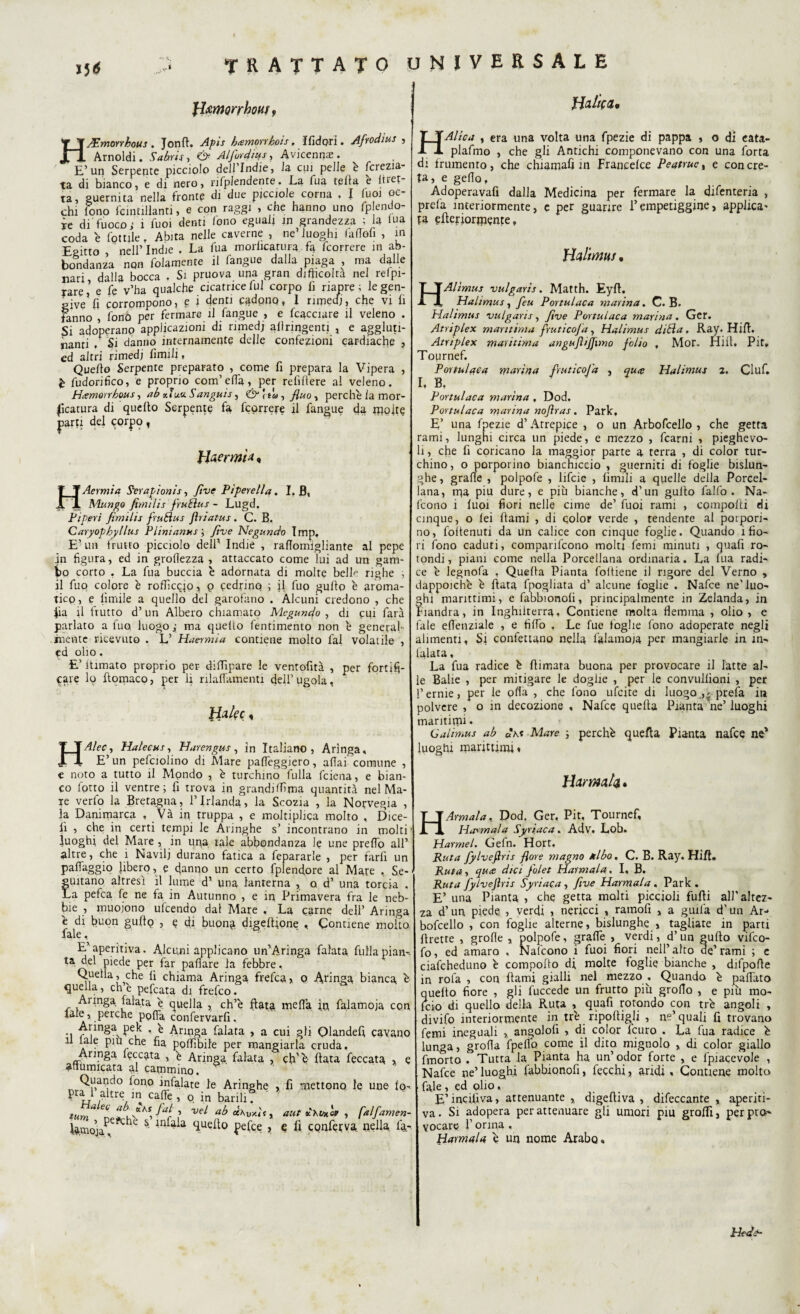 fÌAmQrrhouf, HJEmorrhous. Jonfi. Apis b<emonbois, Ifidori. Afrodius , Arnoldi. Saturiti & Alfiurditfs, Avicenna. E’un Serpente picciolo deìl’Indie, Ja cui pelle è fcrezia- ta di bianco, e di nero, nfplendente. La Tua fella e ltret- ta, guernita nella fronte di due pjcciole corna , I fuoi oc¬ chi fono Scintillanti, e con raggi , che hanno uno fplendo- ie di'fuoco j i Tuoi denti Zeno eguali in grandezza ; la tua coda è Lottile t Abita nelle caverne , ne’luoghi faflefi , in Egitto , nell’ Indie . La fua medicatura fa fcorrere in ab¬ bondanza non folamente il fangue dalla piaga , ma dalle nari, dalla bocca , Si pruova una gran difficolta nel relpi- Tare, e le v’ha qualche cicatrice fui corpo li riapre ; le gen¬ give’fi corrompono, e i denti cadono, 1 rimedi, che vi li fanno , fono per fermare il fangue , e {cacciare il veleno . Si adoperano applicazioni di rimed; ailnngenti , e aggluti¬ nanti , Si danno internamente delle confezioni cardiache , cd altri rimedi fimili * Quello Serpente preparato , come fi prepara la Vipera , £ fudorifìco, e proprio com’elfa, per relìllere al veleno, Hremorrhous, ab «fua Sanguis, <& \t'u , fluo, perchè la mor¬ sicatura di quello Serpente fa fcorrere il fangue da molte parti del corpo , YWrmU % HAermia Serapionis, fine Piperella, I, B, m Mungo fimilis fruéìus - Lugd. Piperi fimilis fruBus ftriatus , C. B. Caryopbyllus Plinianus ; fine Negando Imp. E’un frutto picciolo dell* Indie , raflomigliante al pepe in figura, ed in groflezza , attaccato come lui ad un gam¬ ico corto . La fua buccia è adornata di molte belle righe , il fuo colore è rofTIccio, q cedrino ; il fuo gullo è aroma¬ tico, e limile a quello del garofano . Alcuni credono , che Sia il frutto d’un Albero chiamato Mcgundo , di cui farà parlato a fuq luogo,- ma quello fentimento non è general¬ mente ricevuto . L’ Haermia contiene molto lai volatile , ed olio. E’ itimato proprio per dilTìpare le ventofità , per fortifi¬ care lo ftomaco, per li rilafiamenti dell’ ugola, Halec, HAleCy Halecus, Harengus, in Italiano, Aringa, E’ un pefciolino di Mare paleggierò, aliai comune , e noto a tutto il Mpndo , è turchino fulla fciena, e bian¬ co lotto il ventre ; fi trova in graqdilTìma quantità nel Ma¬ te verfo la Bretagna, PIrlanda, la Scozia , la Norvegia , la Danimarca , Và in truppa , e moltiplica molto , Dice- lì , che in certi tempi le Aringhe s’ incontrano in molti luoghi del Mare , in una tale abbondanza le une prefio all’ altre, che i Navilj durano fatica a fepararle , per farli un paleggio libero, e danno un certo fplendore al Mate , Se¬ guitano altresì il lume d’ una lanterna , o d’ una torcia , La pefca fe ne fa in Autunno , e in Primavera fra le neb¬ bie , muoiono ufcendo dal Mare , La carne dell’ Aringa è di buon guito , e di buondì digelfione , Contiene molto, fale, E’ aperitiva. Alcuni applicano un’Aringa falata fulla pian¬ ta del piede per far pafiare la febbre. Quella, che fi chiama Aringa frefca, o Aringa bianca, è quella, ch’è pefcata di frefco. Aringa falata è quella , ch’è fiatai mefl’a in fàlamoja con file , perche pplTa confervarfi. Aringa pek . è Aringa falata , a cui gli Qlandefi cavano il tale piu che fia poflibile per mangiarla cruda. Aringa fiaccata , è Aringa falata , eh'e Hata feccata » e affumicata al cammino. Quando tono infalate le Aringhe , fi mettono, le une lo- pra 1 altre in caffè , o. in barili? ' * tUmU CL wl ab dhwtty aut xXvxcp , falfamen- W.moja?*’6 S' in • a tIue^° fielce , e fi conferva nella la- H Hatica* Alica , era una volta una fpezie di pappa , o di cata- — — plafmo , che gli Antichi componevano con una forta di frumento, che chiamali in Francelce Peatruc, e concre¬ ta, e gello, Adoperava!! dalla Medicina per fermare la difenteria , prefa interiormente, e per guarire l’empetiggine, applica¬ ta efieriormente, Halimus, HAlìmus nulgaris. Matth. Eyff. Halimus, feu Portulaca marina. C. B. Halimus nulgaris, five Portulaca marina, Ger. Atrìplex mantima fruticofia, Halimus diBa, Ray. Hiff. Atriplex maritima angufiijjìmo folio , Mor. Hiff. Pit. Tournef. Portulaca marina fruticofia , qute Halimus 2. Ciuf. I. B. Portulaca marina , Dod. Portulaca marina nofiras, Park, E’ una fpezie d’Atrepice , o un Arbofcello , che getta rami, lunghi circa un piede, e mezzo , fcarni , pieghevo¬ li , che fi coricano la maggior parte a terra , di color tur¬ chino, o porporino bianchiccio , guerniti di foglie bislun¬ ghe , grafie , polpofe , lifeie , limili a quelle della Porcel¬ lana, ma piu dure, e più bianche, d’un guito fallo . Na- feono i luoi fiori nelle cime de’ fuoi rami , comporti di cinque, o lei Itami , di color verde , tendente al porpori¬ no, foitenuti da un calice con cinque foglie. Quando ifio¬ ri fono caduti, companfcono molti Temi minuti , quafi ro¬ tondi, piani come nella Porcellana ordinaria. La fua radi¬ ce è legnofa , Quella Pianta foftiene il rigore del Verno , dappoiché è fiata fpogliata d’ alcune foglie . Nafce ne’luo¬ ghi marittimi, e fabbionofi, principalmente in Zelanda, in Fiandra, in Inghilterra, Contiene molta flemma , olio , e fale eflenziale , e filfo , Le lue toghe fono adoperate negli alimenti, Si confettano nella lalamoja per mangiarle in in¬ filata , La fua radice è {limata buona per provocare il latte al¬ le Balie , per mitigare le doglie , per le convullioni , per ferme, per le ofla , che fono ufeite di luogoprefa in polvere , o in decozione , Nafce quella Pianta ‘ne’ luoghi maritimi • Galimus ab Mare -, perchè quella Pianta nafce ne' luoghi marittimi* Harmak. HArmala, Dod. Ger, Pit, Tournef, Hasm al a Syriaca. Adv. Lob. Harmel, Gefn. Hort. Ruta fylneftris flore magno albo, C. B. Ray. Hìfi. Ruta, qu<e dici folet Harmala, I, B. Ruta fiylnejhis Syriaca, fine Harmala. Park . E’ una Pianta , che getta molti piccioli fufii all’altez¬ za d’un piede. , verdi , nericci , ramofi , a guifa d1 un Ar- bofcello , con foglie alterne, bislunghe , tagliate in parti firette , grolle , polpofe, grafie , verdi, d’un guito vifeo- fo, ed amaro , Nafcono i fuoi fiori nell’ alto de’rami ; e ciafcheduno è comporto di molte foglie bianche , difpofie in rofa , con Itami gialli nel mezzo , Quando è paflato quello fiore , gli fuccede un frutto più groflo , e più mo- (ciò di quello della Ruta , quafi rotondo con tré angoli , divifo interiormente in tré riportigli , ne’ quali fi trovano femi ineguali ,, angololì , di color l’euro , La fua radice è lunga, grolla fpeflb come il dito mignolo , di color giallo fmorto . Tutta la Pianta ha un’ odor forte , e {piacevole , Nafce ne’luoghi fabbionofi, fecchi, aridi , Contiene molto fale, ed olio E’ incili va, attenuante „ digeftiva , difeccante , aperiri- va. Si adopera per attenuare gli umori piu graffi, perpro^ vocare f orina . Harmala è un nome Arabo, tbde-