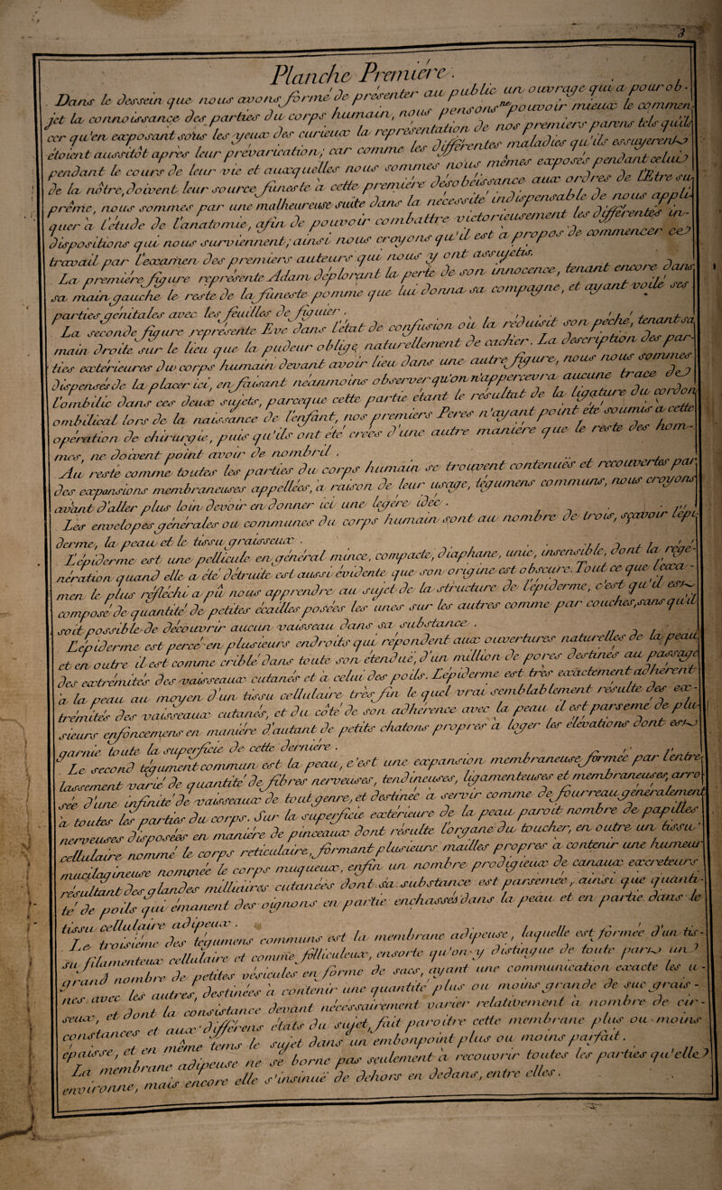 : Planche Première . . Dans le dessein nue nous avonsfi rmé de, présenter eu, pub Le un, ouvrage qina poteob - LtZconnoZsanie, des partes dfcorps kunuun, nous pensera avoir nu*u* le- œgrunen J4* ut connou'^cirLL^ c/ur^ f cpntniiorh de ncur premiers païens tels amis ccr qu'en. cap osant soi,s les-yeux des curieux la /</ , juntes maladies quils essuyèrent Soient aussitôt apres leur prévarication,; car comme ■ Jfi eœposés pendant celub rendante le cours de leur ne et culqccjueltes nous somn e r I de la ndtre,doivent leur sourcejiinesteh cette.première désobéissance noiis appÛ preme, nous sommes par une malheureuse suite dans la nécessite indispe, -ent£Pfi ™ fier 'a l'étude de l'anatomie, afin de pouvoir combattis victorieusement les dlffii ente uv dispositions que nous sumjfnt, auisi nous crayons qic’iL est a propos dp commencer cet trônant par l’eœarrien des premiers auteurs que /tous y ont assujetis. dans . La pLuérefiyure représenteAdamdéplorynb la perte de son. innocence, \ sa nèumyaucbé le reste de lafimeste pomme que lui donna sa compagne., et ayant vote ses parties génitales avec lesfieuillesde figuier. 'fiduirit so.apéché, tenantsJ IroiuZ- le té, ,«* In- puSe.r MJ( nnturellenvnt Æ anher. la *»y*»*H ties ecctérieures du, corps humain devant avob lieu dans une autrefigurc, nous /w^fi°^ dispensé de la-placer ici, enfaisant ne’anmo.ins mbservte gitan > l'oinbtix dans ces deux fs, pareeque cette parte, étant le résultat de la ombilical lors de la naissance de l'enfant, nos premiers Per es n cçyan po opération de chinuyie, puis qu dis ont été crées d'une autre maniéré que le reste des hom- Au, reste canule toutes les partes dm corps humain so trouvent contenues et sur f as des expansions membraneuses appelUcs, 'a raison de. leur usage, tegumens communs, nous cioyond avant? d'aller plus loùvdev 'om avdonner icl unet lepero ide& • _ pj ) . Les envelopesgénérales ou communes du corps humain spnt au nombre do trois, sçavoir Lpi| derme,, Ici peetto et le ùssu praisseucc , . - / / 7 f / mJnp Lépiderme est une,pellicule engendrai mince, compacte, diaphane, unie insensible dont larege- nératwn quand elle n été détende- est aussi évidente que, son angine est, obscure. Tout men le plus réfléchi, a,p ü nous apprendre, au suptede, la,structure, de, lepiderme, c est qu il es^ composé' de, quantité de petites écailles posées les unes sur les autees comme par couches,sans qnd soit possible-de découvrir aucun vaisseau dans sa substance . uni Lépiderme, est percéen plusieurs endroits que repondent aux ouvertures naturelles de la peau et Z. outre- il est comme criblé dans toute son etendué, d'un million de, pores destines au passa f feZvtrénute des vaisseaux cutanés et a celui des poils. Lépiderme- est tes exactementcuVxreite d la peau au moyen d’un tissu cellulaire teésfin le quel vrai semblablement résulte dis ex¬ trémités des vaisseaux cutanés, et du céte de. son adhérence avec (a peau il est parsemé ce plu, sieurs enfincemens en manière d'autant de petits chatons propres a loyer les élévations dont esu. narnic toute la, puper/icce do cette derniers,. , • /, 1 3 Le second légimientconuniin. est la. peau, c'est une expansion membrancuseférmee par lente lassemcat varié de quantité défibrés nerveuses, tendineuses, ligamenteuses etmembraneuses,arro\ sée d'une infinité’dé vaisseau f de teutyenre, et destinée a servir comme dejvurreaicgencralemen h toutes lés parties du corps. Sur la superficie extérieure de la peau, peuv te nombre 3e, paptiles ndveases Lposéos en mLu're de pinceaux dont- résulte Long and du, toucher, en, outre un. teste ddulaire Jmmé le corps reteidaire,formant plusieurs mutiles propres a contenir une humcui m ciZineuse nommée le corps muqueux, enfin un nombre, prodiyieux de canaux excréteurs ifsubtantdesy landes milliairûs cutanées donl sa.suteUmcc est parsemee ainsi 9j* 9f»*T fit poils qui émanent des oignons en partie enchâsses dans la peau, et en. partie, dans-Je, ttteotdd'df/téfnens communs est la membrane adipeuse laquelle est formée dilate- t filamenteux cellulaire et conute filiiculeux,. ensuite qu ’on y distingue de toute para, unJ Jd nombre de petites vésicules eu forme de sacs, ayant une communication exacte les u - Pranâ ,X . J innées 'a contenir une quantité plus ou moins grande de suc y rais- et dont la consistance devant nécessairement vcuber relativement a nombre de car- éftZ et aux ’ différais états du sujet,fut para ter cette membrane plus ou moins épaisse, et en * g ^ ^borne pas seulement a recouvrir toutes les parties qu’elle? environne, “mab encore elle s insinue' de dehors en dedans, en tre elles.