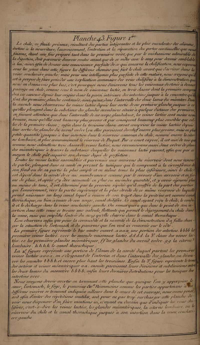 4L err Planchegi). Figure i: Le chile, ce fluide préciewx:, résultant Les parties uiùy /xi/ites et (or plus succulentes des cilaneus t destine u la /wur/xtu/'c, l accru isse/nent, lentretien et la regnuxitio n des pertes continuelles gue nous faisons*' étant une fûts préparé tant dans les prenne/es voies, gue pat' le niecha/usmé aclmu'ablede h du/estion, doit pat'courir diverses routes avant gue de se nuier avec le sa tu/ pour devenu' semblable a lut; ainsi afin de donner une connotsscuiee parfaite de ce ijui cotieet'ue la cfulifuxitwn, nouseaepose sous les* 1/ eu a* dans cette fiyut'e les diffè/'ens clietnuis gue fait le chile avant ipie a arriver dans la veine souclaviere gauche, /naispour une intelligenceplusparfaite de cette matière, lions ctvyotucjuiii est a propos de faite précéder une twpUcation sot n meut e des vous chilifcres a la denw/isbxitio/i cpie nous' en donnera fis plus bas, c'est pourquoi nous diviserai is tons' les vaisseanac destines adonner passage au etnle, contins sous le nom de vaisseaucv /actes, en trais classes don t la première coniprei dra ces ciituunv depuis leur origine dti/ue la paroi intérieure des intestinsgusgues a la reacontiv ipiiL tout despremieresy landes contenues, ainsigièettæ,datis l 'intervalle des deiur lames du mesentere.Paru la seconde /ions' observerons les veines lactées dipilie lent 'sortie de ees ptenHet'as tgbi/iderJtisgues a ce gu 'elles p lo figent datis lu substance des glandes secondait'es situées a guebjiie distance des prenueres, eti faisant attention g ne dans luite/va fie de ees corps g la/uh tien a', les veines la ctees sont /noms nom biaises, t nais g idelles sont beaucoup plus grosses et pat' eo/iseg ue/it beaucoup plus sensibles g lie cel¬ les de la p/'entière classe ,y enfin dans la troisième classe seront comprises les veines lactées depuis leur so/tie des glandes du, second ord/'c (ou elles paraissent derechefencore plusy rosses, niais en plu, petite g nanti te ) gusgues a leu/' insertion dans le /'eservot/' com/nun du e/iile, no/unie encore ta citer ne lombaire, et plus commancnient le /rservoir de Pecguet. Pat' ce rouit earpose, il est aise 'de voir gim comme nous admettons t/xus classes de veines lutecs, nous /vcont laissons aussi dettee ordres de g latu des mesenterugues a travers la substance descpielles les vaisseainv lactés passent, afin cpie par ce moyen le chile put acguet'ir son dertuet' degré de perfection . Toutes les veines hetees /'assemblées et patvetuiis au ce environs du reservçir dont nous venons de parte/', plongentdans sa cavité' et i payant les tit/ugues gui le composent a la circonférence de soy fèmd ou de sa partie la plus a ni pic ci en meme te ms la plus inferieure, ainsi le cluleJ est déposé dans la cavité de ce sue me/nbraneiev comme pat' le secours d un arrosoir et enfor¬ me de pluie, et aptes s'y et/e accumule en plus au moindre guaniité, et g avoir séjourné plut ou moins de teins, il est déie/ tni/ie put' la pression répétée gu)il souffre de la paî t des parties gui lenvirotitienl, vers la partie supérieure et la plus étroite de ce tne/ne rese/voir de lagueÜe p tend na issanee un lotug eu nul leguel a raison de son t/xiget dans la poiù'tne est no/n/ne'catuu thofxic/iigiie, ou bien a cause de son usage, canal c/v/ifefe . Ce canal ayant reçu le chile, le condu¬ it et le déduit xge dans la veine soaelavié/ e gauche ,Oti re/nangliera gue dans L point de son ai - sertwn dans cette veine se tt oiwe mie valvule flottante gui per/nel le deyOïye/netitdii chile dans] la veine, mais gui empêche lent/ée du sang gu'elle charrie dans le canal t/ioniehigae . lion o b set'Ve/xi enfin gué pou/'la commodité et la nécessité de la Jenionstixition il ci fèillu c/ian - g et ' la situation de lestoniaeh et du panc/eas gue Ion voit ici t'enverses su/' le cote , Lu première fiyure représente le bas ventre ouvert, a an a une portion des intestins, bbbb ld premières veines lactées, cccc les seconds a?aisseau cv lactés. d d d d. la 3- classe des veines lac¬ tées. ce les premièresg landes mésentérig ues.fflesy landes du second o/'dre . g g la citernel lombaire . h h h h le canal thorachigtic . La 2>e. figure représente une portion de lileutn de fa cavité dugne/partent les premières veines lactées au a a . en s'c/oig nant de l intestin et dans l intervalle desy landes, on decou - vre les secondes b b b b. et encore plus haut les troisièmes. Tin/in la 3e. figure représente le tram des artères et veines mésenirrigues a a . ensuite paraissent leurs divisions e.t subdivisions entre les deucc lames du mésentère bbbb. en/in leurs dernières distributions pour les txinlg ues des intestins cece . Nous croyons devoir avet'iir en ternitncuit cette planche gue guonjtte Ion g appetyoïvelc revu/', lestoniaeh, lefbye, le pancréas Sccafieatimoins cotnnie les parties appa/'tenans a Tes, àeffèrens viscères se trouvent nulignées ailleurs dans le coin s de cet Ouvrage, nous avons pense, soit afin dèvite/' des répétitions inutiles, soit pont' ne guis trogisut'charger cetie planche de¬ vait' nous disgjenser d'en fitit'e tnentions ici, /l’ayant eu dessein gue dindiguer lis raies c/e - lifères c'est- a- dire les veines lactées les glandes mésentérig ues. la citerne loniiau'C, ou U réservoir du chile et le canal thorac/uguejusgues a son insertion dans lu veine ccuciciVL- ere gauche