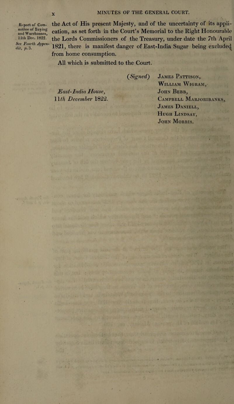 MINUTES OF THE GENERAL COURT. Report of Com¬ mittee of Buying and Warehouses, 11th Dee. 1822. See Fourth Appen¬ dix, p.3. the Act of His present Majesty, and of the uncertainty of its appli¬ cation, as set forth in the Court’s Memorial to the Right Honourable the Lords Commissioners of the Treasury, under date the 7th April 1821, there is manifest danger of East-India Sugar being excluded from home consumption. All which is submitted to the Court. (Signed) James Pattison, William Wigram, East-India House, John Bebb, 11/4 December 1822. Campbell Marjoribanks, James Daniell, Hugh Lindsay, John Morris.