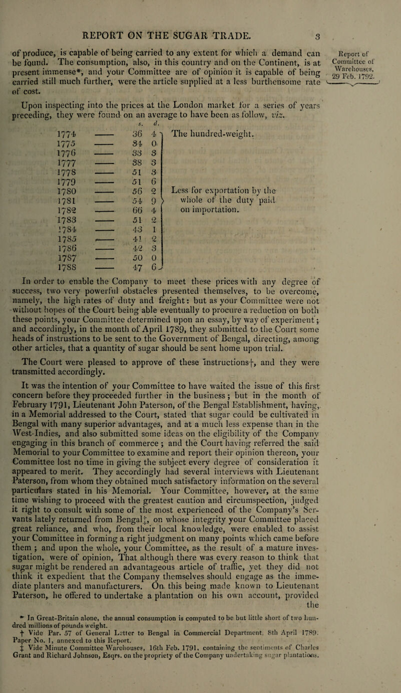 of produce, is capable of being carried to any extent for which a demand can be found. The consumption, also, in this country and on the Continent, is at present immense*, and your Committee are of opinion it is capable of being carried still much further, were the article supplied at a less burthensome rate of cost. Upon inspecting into the prices at the London market for a series preceding, they were found on an average to have been as follow, viz. of years s. d. 1774 — 36 4 1775 — 34 0 1770 — 33 3 1777 — 38 3 177s — 51 3 1779 — — 51 6 1780 56 2 1781 54 9 ) 1782 66 4 1783 51 0 /■w 1784 43 1 1785 41 2 1786 42 0 O 1787 — 50 0 17SS — 47 6^ The hundred-weight. Less for exportation by the whole of the duty paid on importation. In order to enable the Company to meet these prices with any degree of success, two very powerful obstacles presented themselves, to be overcome, namely, the high rates of duty and freight: but as your Committee were not without hopes of the Court being able eventually to procure a reduction on both these points, your Committee determined upon an essay, by way of experiment ; and accordingly, in the month of April 1789, they submitted to the Court some heads of instrustions to be sent to the Government of Bengal, directing, among other articles, that a quantity of sugar should be sent home upon trial. The Court were pleased to approve of these Instructions]-, and they were transmitted accordingly. It was the intention of your Committee to have waited the issue of this first concern before they proceeded further in the business; but in the month of February 1791, Lieutenant John Paterson, of the Bengal Establishment, having, in a Memorial addressed to the Court, stated that sugar could be cultivated in Bengal with many superior advantages, and at a much less expense than in the West-Indies, and also submitted some ideas on the eligibility of the Company engaging in this branch of commerce ; and the Court having referred the said Memorial to your Committee to examine and report their opinion thereon, your Committee lost no time in giving the subject every degree of consideration it appeared to merit. They accordingly had several interviews with Lieutenant Paterson, from whom they obtained much satisfactory information on the several particulars stated in his Memorial. Your Committee, however, at the same time wishing to proceed with the greatest caution and circumspection, judged it right to consult with some of the most experienced of the Company’s Ser¬ vants lately returned from Bengal];, on whose integrity your Committee placed great reliance, and who, from their local knowledge, were enabled to assist your Committee in forming a right judgment on many points which came before them ; and upon the whole, your Committee, as the result of a mature inves¬ tigation, were of opinion, That although there was every reason to think that sugar might be rendered an advantageous article of traffic, yet they did not think it expedient that the Company themselves should engage as the imme¬ diate planters and manufacturers. On, this being made known to Lieutenant Paterson, he offered to undertake a plantation on his own account, provided the Report of Committee of Warehouses, 29 Feb. 1792. j * In Great-Britain alone, the annual consumption is computed to be but little short of two hun¬ dred millions of pounds w eight. f Vide Par. 57 of General Letter to Bengal in Commercial Department, 8th April 1789. Paper No. 1, annexed to this Report. j Vide Minute Committee Warehouses, 16th Feb. 1791, containing the sentiments of Charles Grant and Richard Johnson, Esqrs. on the propriety of the Company undertaking sugar plantations.