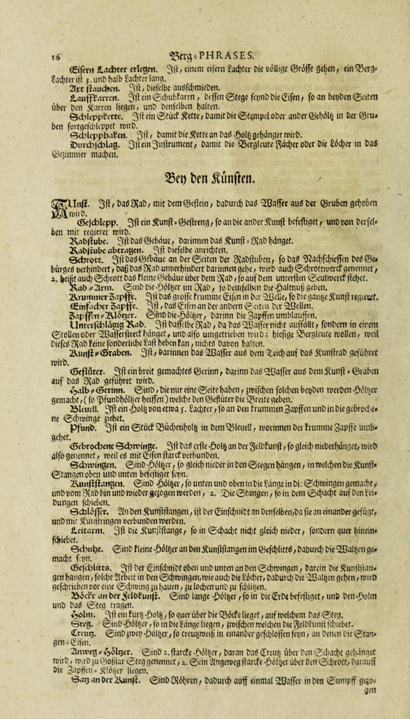 Eifern JUebter erlegen. 3h r einem eifern Sachter Me feöUicje ©rdjfe geben/ einQ3erg* Sad;ferih $. unb halb Satter lang. 2ipt (fauchen. 3h, biefelbc au3fd)micben. fl.aufffarren. 3h ein ©chubfarm, Deflen ©tege fepnb t>ie (Eifen , fo an beiden ©eiten über Den Darren liegen, unb benfelben galten. ©cbleppfettc. 3h ein ©tuet' Äette / bamit bie ©tempcl ober anber ©el)<M& in Der ©ru* ben fortgefci)leppet mirb. ©cbleppbafert. 3h / Damit bie ftette an batf .£ol£ gelanget mirb. iDmcbjcblag. -3f|1 «in3ttiflrumenc/ bamit bie Bergleute Rächer ober bie Wer in Da$ ©ejimmer machen. Sei) ben fünften. / '^Unff. 3h f batf 3vab / mit bem ©effein / baburch batf XBaffer au$ Der ©ruben gehoben )35\rairb» »■ V (Öejcblcpp. 3h ein $un|f * ©eflreng, fo an bie anber .ftuntf befeftiget / unb non berfel* ben mit regieret mirb. X^abjfube. 3h&m5®ebdue, barinnen ba$ ftunft > £Rab hänget. 2\abfiubc abtragen. 3 h biefelbe anriebten. ©ebrott. 3hMiö@cbduc an Der ©eiten Der Svabjtuben , fo ba$ 0?ad>fd)iehen be$@5e* bürgeö »erbinbert / Da|} baO Dfab uimerbmbert barinnen gebe , mirb auch ©ebrottmeref genennet, z. I>ei|t aud) ©d)rott baO Fleine ©ebäue über bem p\aD , fo auf bem umerfien ©eulmerct ffebet. &aö * 2lrm. ©inb bie »gj^&er im Oiab , fo bemfelben bie #altnuü geben. XUimmter Sapfle. 3h Dad grolTc Frumme (Eifen in ber 3ßclle, fo bie gan^e £unft regieret, (ümfacber Sgpffe. 3h, baS(Erfen an ber anbern ©eiten ber ^Bellen. Sapffen * Äloscr. ©inb bie^dlfcer, barinn bie Bapffen umblauffen. Unterfcblacug Kab. 3hbaffelbeDvab, Da batf ‘XBajfer nid)t auffällt / fonbem in einem ©tollenober ^ajTerftvecf hänget, unbaifo umgetrieben mirb; l)tcftgc Bergleute molleii/ meil biefeO 0iab Feine fonberliche Saft beben Fan, nid)fö baoon halten. 25vurt|^ * (Sraben. 3(11 barinnen ba$ XBafler au$ bem ^eich auf ba$ ßunftrab geführt mirb. (Seflütcr* 3h ein breit gemachtes ©erinn, barinn Daö <3Ba(fcr aus bem 5\unft * ©i aben auf baö Dfab geführet mirb. ^alb * (Serum, ©inb, bie nur eine ©eite haben, jmifd;en folchen bepben merben $iM£er gemad)t/ (fo <pfunb1)6(fcer heiffen) melcbe ben ©eflüter bie freite geben. BleueU. 2$ <in ■Öolß »on etma $. Sachter , fo an ben f rummen Bapffen unb in bie gebrod e« ne ©d^minge jiebet. pfunb. 3h ein ©tuet £5üd)enhol& in bem QMeudI, morinnen ber Frumme Bapffe umb# gehet. (gebrochene ©cbwinge. 3h baä crfle ^)0((j an ber gelbtunj] f fo gleich nieberhanget/ mirb ölfo genennet / meil eO mit 0fen (tarcf oerbunben. ©cbwingett. ©mb £6l£cr, fo gleich nieber in ben ©fegen hängen / in melchen bie Äun|t» ©taugen oben unb traten befeftiget ferm. X\uiiRHaitgcri. ©inb ^6l^er, fo unten unb oben in bie Sänge in bi: ©dringen gemacht / unbpom0vabbinunbmiebcrge$ogenmcrDen/ z. $£>ie©fangen/foin bem©chacht aufbenSei« bungen fd)iebcn. ©cblofjcr. 2ln ben ^unft(Fangen, ij] ber (EinfchniDt an benfelbetvba he an eitianber gefügt/ unb mit ^utiftringen oerbunben merben. Hcitarm. 3h bie £unj]ftange/ fo in ©chad;t nid)t gleich nieber/ fonbem quer hinein* fliehet. ©ebu^e. ©inb fleine £<%r an ben Äunflflangen im ©efchlittf, baburch bie (2Bal§en ge# macht hon. (ßejcbltttö. 3(1 ber f£mfd)nibt oben nnb unten an ben ©chmingen / barein Die Äunftftan# gen hangen, folche 2lrbeit in ben ©chmingen,mie auch bie Sdchcr, baburch bie Xßalfcen gehen, mirb gefchricben oor eine ©d;ming ju hauen, ^u lodjen unb ju fd)lii^en. ÄocFe <in ber ^clbtunR. ©inb lange £6l§er, fo in bic (Erbe befejligct, unb ben $o(m unb baO ©feg tragen. ^olm. 3h ein Furfj £)olfc, fo quer über bie 33öcfe lieget, auf meinem ba^ ©feg, ©reg. ©inb £dl§er, fo in bie Sänge liegen, jmifchen meld^en Die Selbfunji fdüebet. Crcu^. ©mb jmep ^blijcr, fo creu(jmei§ in einander gefd)loffen fepn, an Denen bie ©tan* gcn*^ifen. 2Jmreg * ^>olr3er. ©inb z. ftarefe >A6(^er, Daran ba^ <£reufc über ben ©chacht gchänaet mirb, mirb ju ©ohlar ©teg genennet, z. ©ein 2lngemeg ftarefe -^öltjer über Den ©chrott, barauff bie Bapffeu * 5b(oi>er liegen. ©mj an ber iumfr. ©inb 0\6h^n, baburch auff einmal 2Ba(fer in ben ©untpff gejo*