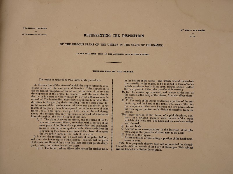 M'e B0IV1N AND DÜGÈS. OF TUE DISEASES OF THE UTERUS. REPRESENTING THE DISPOSITION OF THE FIBROUS PLANS OF THE UTERUS IN THE STATE OF PREGNANCY, PL. III. AT THE FULL TIME , SEEN ON THE ANTERIOR FACE OF THIS VISCERA* EXPLANATION OF THE PLATES. The organ is reduced to two thirds of its general size. A. Median line of the uterus ol which the upper extremity is in¬ clined to the left, the most general direction. If the disposition of the median fibrous plans of the uterus, at the state of the greatest developement of this organ , be compared with the same plans in the uterus in a stale of vacuity (plate 1st) a great difference may be remarked. The longitudinal fibres have disappeared, or rather their direction is changed, by their spreading from the base upwards , in the course of the developement of the uterus; in the 5tb or 6th month of pregancy , these fibres spread out in the manuer of palm leaves , or of a fan open; (see pi. XXII. ) and at the end of preg¬ nancy , this median plan only represents a network of interlacing fibres thronghoul the whole length of this line. B, B. The plans of the upper fibres , and the plans of the lo¬ wer and transversal fibres , are united with a portion of the same plans of the fibres of the posterior face, into one bunch, in order to form the sub-puhian cords; these cords from the lengthening they have nudergone at their base , thus reach the two lower thirds of the body of the uterus. It is upon the median line, on each side of the pubis, before , and upon the lower region of the sacrum . behind, that the plans of the exterior fibres of the uterus find their principal points ofsup- port, during the contraction of that organ. C, G. The tubes, whose fibres take rise in the median line, I ! ! § ! ! I ! I * i at the bottom of the uterus, and which extend themselves transversally to the angles, to be reunited in form of tubes which terminate freely in an open fringed orifice , called the enlargement of the tube. (pavillon de la trompe.) D. D. The ovaries aproximated, and almost at the level of the surface of the body of the uterus , from the effect of pre¬ gnancy. E. E. 1 he neck of the uterus containing a portion of the am- niotic bag and the head of the foetus. The neck of the ute¬ rus comprehends the space between the two points where the two upper pubian cords divide themselves from the uterus. This lower portion of the uterus, of a pinkish-white, con¬ trasts in a striking manner with the rest of the organ which is of a lively red. The tubes and the cords are rather less coloured. F. Yellow body.. G. Uterine veins corresponding to the insertion of the pla- centa , upon the posterior division next to the neck. H. Section of the vagina. I. External dilated orifice letting a portion of the foetal mem¬ brane be seen. Nota It is purposely that we have not represented the disposi¬ tion of the different vessels of the body of this organ. This subject will be treated in a distinct description.