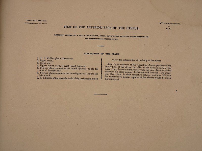 P* thb diseases or the uterus. VIEW OF THE ANTERIOR FACE OF THE UTERUS. #*“’ BOIVIN AMO DUGÈ3. PL. T. RECENTLY EMPTIED OV A ««DD UAOWN FOETUS , AFTER HAVING BEEN DEPRIVED OF THE PERJTONZ fH AND SUBPERITONEAL-UTERINB TUNIC. EXPLANATION OF THE PLATE. 1, 1, 1. Median pian of the uterus. 2. Right ovary. Right tube. 4. Upper pubian cord, or right round ligament. 5. Fibrous plans common to the round ligament, and to the tube of the right side. 6. Fibrous plans common to the round ligament 7, and to the left tube 8. 9, 9, 9. Shreds of the muscular tunic of the peritoneum which covers the anterior face of the body of the uterus. Noi<* - In consequence of the separation of some portions of the fibrous plans of the uterus, the effect of the developement of the organ, it may be seen how necessary was this muscular tunic which embraces in a close manner the bottom and the body, and main¬ tains them, thus, in their respective relative positions. Without this conservative means, ruptures of this viscera would be much more frequent.