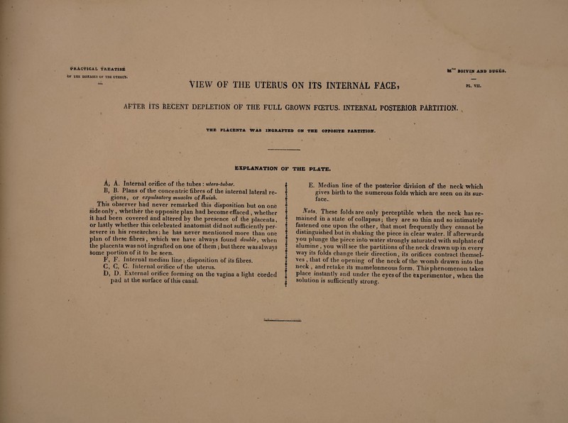 OF 1HE DISEASES OF THE IJTERÜS. VIEW OF THE UTERUS ON ITS INTERNAL FACE, #* BOIYIN ANS DOGES. PL. VII. \ AFTER ITS RECENT DEPLETION OF THE FULL GROWN FŒTUS. INTERNAL POSTERIOR PARTITION. THE PLACENTA WAS INGRAFTED ON THE OPPOSITE PARTITION. explanation of the plate. A, A. Internal orifice of the tubes : utero-tubat. | B, B. Plans of the concentric fibres of the internal lateral re- f gions, or expulsatory muscles otRuish. g This observer had never remarked this disposition but on one | side only, whether the opposite plan had become effaced , whether ! it had been covered and altered by the presence oi* the placenta, f or lastly whether this celebrated anatomist did not sufficiently per- f severe in his researches; he has never mentioned more than one I plan of these fibres, which we have always found double, when f the placenta was not ingrafted on one of them ; but there was always I èome portion of it to be seen. f F, F. internal median line ; disposition of its fibres. C, C, G. Internal orifice of the uterus. t), D. External orifice forming on the vagina a light Corded j pad at the surface oflhis canal. ‘ * E. Median line of the posterior division of the neck which gives birth to the numerous folds which are seen on its sur¬ face. Aota. These folds are only perceptible when the neck has re¬ mained in a stale of collapsus; they are so thin and so intimately fastened one upon the other, that most frequently they cannot be distinguished but in shaking the piece in clear water. If afterwards you plunge the piece into water strongly saturated with sulphate of alumine , you will see the partitions of the neck drawn up in every way its folds change their direction, its orifices contract themsel¬ ves , that of the opening of the neck of the womb drawn into the neck , and retake its mamelonneous form. This phenomenon takes place instantly and under the eyes of the experimentor, when the solution is sufficiently strong.