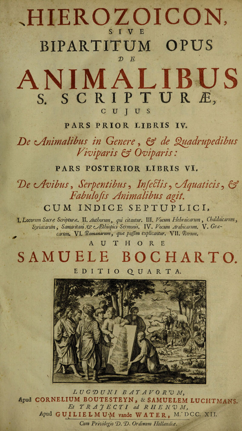 .HIEROZOICON, SIVE BIPARTITUM OPUS D E S. SCRIPTURAE, CUJUS PARS PRIOR LIBRIS IV. De Animalibus in Genere, & de Quadrupedibus Viviparis & Oviparis: PARS POSTERIOR LIBRIS VI. T>e Avibus, Serpentibus, Inje&is, Aquaticis, & Fabulofis Animalibus agit. CUM INDICE SEPTUPLICL !. Locorum Sacrae Scripturae. II. Aut horum, qui citantur. III. Vocum Hebraicarum y Chaldaicarumy Syriacarum y SamaritaniAethiopici Sermonis. IV. Vocum Arabicarum. V. Gm’- carUm. VI. Homanarum, paffim explicantur. VII. Herum. r * ^ A U T H O R E SAMUELE BO CHARTO. LUGDUNI B AT A V O R*D M, Apud CORNELIUM BOUTESTEYN, & SAMUELEM LUCHTMANS. Et TRAJECTI ad R II E NV M, Apud GUILIE LM Uftl vande WATER, M.DCC. XII. Cum Privilegio CD. D. Ordinum Hollandia,