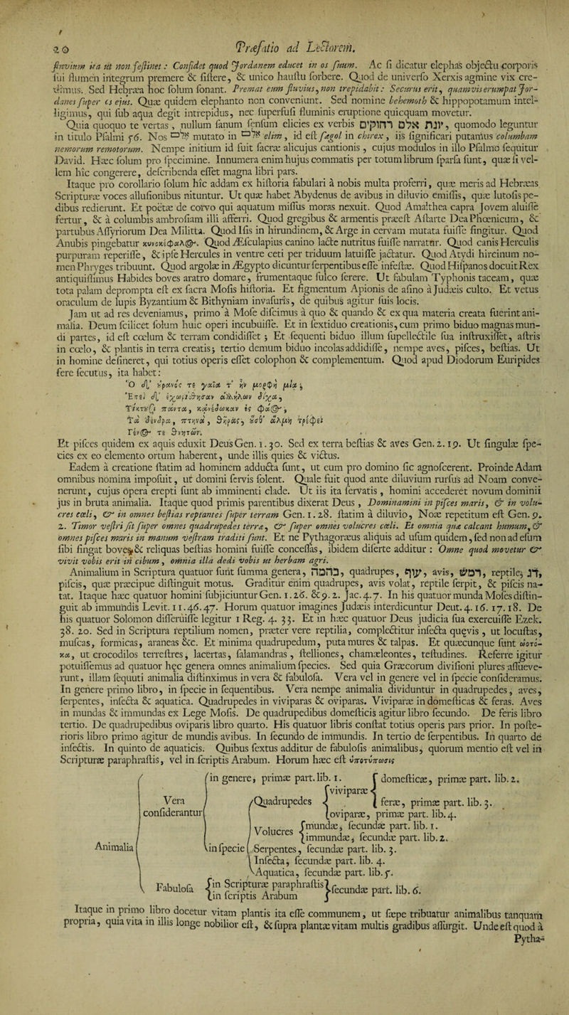 > f 20 Trrtfatio ad Leclorem. fitvittm ita ut nonfeflinet: Confidet quod Jordanem educet in os fuum. Ac fi dicatur elephas obje&amp;u corporis lui flumen integrum premere fic fiftere, &amp; unico hauftu forbere. Quod de univerfo Xerxis agmine vix cre- fiimus. Sed Hebraea hoc folum fonant. Premat eum fluvius, non trepidabit: Securus erit, quamvis erumpat Jor¬ danes fu fer cs ejus. Quae quidem elephanto non conveniunt. Sed nomine behemoth 6e hippopotamum intel- ligimus, qui liib aqua degit intrepidus, nec fuperfufi fluminis eruptione quicquam movetur. ^ Quia quoquo te vertas, nullum fanum fenfum elicies ex verbis CPpim HJV, quomodo leguntur in titulo Plalmi f6. Nos ^-v mutato in elim , id eil fegol in c hir ex, iis fignificari putandus 'columbam nemorum remotorum. Nempe initium id fuit Iaerae alicujus cantionis, cujus modulos in illo Pfiilmo fequitur David. Haec folum pro fpccimine. Innumera enim hujus commatis per totum librum fparfa funt, qute fi vel¬ lem hic congerere, deferibenda effet magna libri pars. Itaque pro corollario folum hic addam ex hi Horia fabulari a nobis multa proferri, quae meris ad Hebrxas Scripturae voces allufionibus nituntur. Ut quae habet Abydenus de avibus in diluvio emiflis, quae lutofis pe¬ dibus redierunt. Et poetae de corvo qui aquatum milfus moras nexuit. Quod Amalthea capra Jovem aluifie fertur, 6c a columbis ambrofiam illi afferri. Quod gregibus fic armentis praeeft Aftarte Dea Phoenicum, fic partubus Affyriorum Dea Militta. Quodlfis in hirundinem, &amp; Arge in cervam mutata fuiffe fingitur. Quod Anubis pingebatur xu»o»k4>«a©'. Quod ZEfculapius canino lacte nutritus fuiffe narratur. Quod canis Herculis purpuram reperiffe, fic i pfe Hercules in ventre ceti per triduum latuiffe jactatur. QuodAtydi hircinum no¬ men Phryges tribuunt. Quod argolae in /Egypto dicuntur ferpentibus effe' infeftae. Quod Hilpanos docuit Rex antiquiflimus Habides boves aratro domare, frumentaque fulco ferere. Ut fabulam Typhonis taceam, quae tota palam deprompta eft ex facra Mofis hiftoria. Et figmentum Apionis de afino a Judaeis culto. Et vetus oraculum de lupis Byzantium &amp; Bithyniam invafurrs, de quibus agitur fuis locis. Jam ut ad res deveniamus, primo a Mofe difeimus a quo fit quando fit ex qua materia creata fuerint ani¬ malia. Deumfcilicet folum huic operi incubuifie. Et in fextiduo creationis, cum primo biduo magnas mun¬ di partes, id eft coelum fit terram condidiffet 5 Et fequenti biduo illum fupellefitile fua inftruxiffet, aftris in coelo, fit plantis in terra creatisj tertio demum biduo incolasaddidifie, nempe aves, pifces, beftias. Ut in homine defineret, qui totius operis effet colophon fit complementum. Quod apud Diodorum Euripides fere fecutus, ita habet: 'Q eft,’ xpoivoc re yodot r r/v /u!x j, ’Errs} f i^coficB-yjiroiv aTAjjAoH' , T/ktaf TrelvToty t? f T<* pes, Trt^vd, Syjpaty rf<Qie Tiv&amp; ts ^vijTWjr. . 1 „ Et pifces quidem ex aquis eduxit DeusGen. 1.30. Sed ex terra beftias St aves Gen. 2.19. Ut fingulae fpe- cies ex eo elemento ortum haberent, unde illis quies St victus. Eadem a creatione ltatim ad hominem addudta funt, ut eum pro domino fic agnofeerent. Proinde Adant omnibus nomina impofuit, ut domini fervis folent. Quale fuit quod ante diluvium rurfus ad Noam conve¬ nerunt, cujus opera erepti funt ab imminenti clade. Ut iis ita fervatis, homini accederet novum dominii jus in bruta animalia. Itaque quod primis parentibus dixerat Deus, Dominamini in pifces maris, &amp; in volu¬ cres coeli, &amp; in omnes befias reptantes fuper terram Gen. 1.28. ftatim a diluvio, Noae repetitum eft Gen. 9* 2. Timor vejlri Jit fuper omnes quadrupedes terra, &amp; fuper omnes volucres coeli. Et omnia qua calcant humum, &amp; omnes pifces maris in manum veflram traditi funt. Et ne Pythagoreus aliquis ad ufum quidem, fed non ad efum fibi fingat bove^St reliquas beftias homini fuiffe conceftas, ibidem diferte additur : Omne quod movetur Cr vivit vobis erit in cibum, omnia illa dedi vobis ut herbam agri. Animalium in Scriptura quatuor furit fumma gertera, HDPD? quadrupes, epy, avis, reptile* Tf, pifeis, que precipue diftinguit motus. Graditur enim quadrupes, avis volat, reptile ferpit, St pifeis na¬ tat. Itaque hec quatuor homini fubjiciuntur Gen. 1.26. 8C9.2. Jac.4.7. his quatuor munda Mofesdiftin¬ guit ab immundis Levit. 11.46.47. Horum quatuor imagines Judeis interdicuntur Deut.4.16.17.18. De his quatuor Solomon differuiffe legitur 1 Reg. 4. 33. Et in hec quatuor Deus judicia fua exercuiffe Ezek. 38. 20. Sed in Scriptura reptilium nomen, preter vere reptilia, complefititur infefita quevis , ut locuftas, mufeas, formicas, araneas Scc. Et minima quadrupedum, puta mures &amp; talpas. Et queeunque funt doto- y.o4, ut crocodilos terreftres, lacertas, falamandras , ftelliones, chameleontes, teftudines. Referre igitur potuiffemus ad quatuor hqc genera omnes animalium fpecies. Sed quia Grecorum divifioni plures afiueve- runt, illam fequuti animalia diftinximus in vera St fabulcfa. Vera vel in genere vel in fpecie confideramus. In genere primo libro, in fpecie in fequentibus. Vera nempe animalia dividuntur in quadrupedes, aves, ferpentes, infefita fit aquatica. Quadrupedes in viviparas St oviparas. Vivipara: indomefticas St feras. Aves in mundas fit immundas ex Lege Mofis. De quadrupedibus domefticis agitur libro fecundo. De feris libro tertio. De quadrupedibus oviparis libro quarto. His quatuor libris conftat totius operis pars prior. In pofte- rioris libro primo agitur de mundis avibus. In fecundo de immundis. In tertio de ferpentibus. In quarto de infefitis. In quinto de aquaticis. Quibus fextus additur de fabulofis animalibus, quorum mentio eft vel in Scripturae paraphraftis, vel in feriptis Arabum. Horum haec eft C7toTV7roomg Vera confiderantur b in genere, primae part. lib. 1. f viviparae f domefticae, primae part. lib. 2. /Quadrupedes . (ovi ( ferae, primae part. lib. 3. oviparae, primae part. lib.4. . 1. y , . f mundae, fecundae part. lib. 1 . . oucies | immundae* fecundae part. lib.2. Animalia! \infpecie( Serpentes, fecundae part. lib. 3. \ Infefita, fecundae part. lib. 4. VAquatica, fecunda: part. lib. 7. {” p»- Itaque 111 piimo libro docetur vitam plantis ita efle communem, ut faepe tribuatur animalibus tanquam piopna, quia vita m illis longe nobilior eft, fic fupra plantae vitam multis gradibus afiurgit. Unde eft quod a Pytha- t