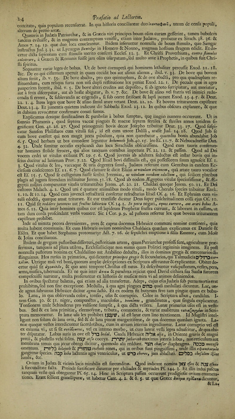 tPr^efatio ad LeSiorem. concitato, quia populum reccnfucrat. In qua hiftoria conciliantur duo hxrtioQxn , unum de cenfu populi, alterum de pretio areae. . „ . , , . Quamvis in Judaeis Patriarchae, &amp; in Graecis viri principes boum olim curam gelJermt, tamen bubulcos tandem eviluiffe, &amp; in magnum contemptum venifle, etiam inter Judaeos, probatur ex Sirach. 38. 36. &amp; Amos 7 14. 1 9. quae duo loca enucleantur. Ibidem inferuntur nonnulla de boum ftimulo, quo Samgar inftrudhis Jud. 3.31. ut Lycurgus fixnMyi in Homero &amp; Nonno, magnam hoftium ftragem edidit. Et do¬ cetur dicta fapientum cum flimulis merito conferri Ecclef. 12. 3. Et Chrifti Proverbium, contrafiimulos calcitrare a Graecis &amp; Romanis fuifle jam olim ufurpatum, fed multo ante a Prophetis, in quibus fuit Chri- it* jf ytus Sequuntur variae leges de bobus. Ut de bove cornupeta qui hominem lethaliter percuffit Exod. zi. 18. Scc. De eo qui cifternam aperuit in quam cecidit bos aut afinus alienus , ibid. v. 33. De bove qui bovenl alium feriit, ib. v. 35. De bove aba&amp;o, pro quo quintuplum, &amp; de ove abadta, pro qua quadruplum re- ftituendum, cum reliqua furta non nili dupli reftitutione lex puniat Exod. zz. 1. De pecude quae in agro pauperiem fecerit, ibid. v. 5. De bove alteri credito aut depolito, li ab ignoto furripiatur, aut moriatur, aut a feris difcerpatur, aut ab hofte abigatur, ib. v. 7. 8tc. De bove &amp; afino vel fratris vel inimici redu¬ cendis Ii errent, fublevandis ac erigendis , Ii fub onere fatifcant &amp; lapfi jaceant Exod. 23.4. 7. &amp; Deut. tz. 1. 4. Item leges quae bove &amp; aiino fimul arare vetant Deut. zz. 10. Et bovem triturantem capiftrare Deut.23.4. Et jumentis quietem indicunt die Sabbathi Exod. 23.12. In quibus obfcura explanare, 8c quae in dubium revocantur confirmare conati fumus. Explicamus denique fimilitudines parabolas a bobus fumptas, quq magno numero occurrunt. Ut in fomnio Pharaonis , quod feptem vaccae pingues &amp; macrae feptem fertiles &amp; Heriles annos totidem fi- gnificant Gen. 41. 26. 27. Quod primogeniti bovis decor Jofepho tribuitur Deut. 33. 17. Quod fufpi- catur Samfon Philiftaeos cum vitula fua , id eft cum uxore Dalila , araffe Jud. 14. 18. Quod Job fe cum bove confert qui non mugit juxta pabulum, quia non querebatur , quamdiu bonis abundabat Job 6,f. Quod herbam ut bos comedere leguntur behemoth J0b.40.1y. leoEf. 11.7. &amp;NebucadnetfarDan. 4. 32. Unde fumitur occafio explicandi duo loca Sirachidis obfcurilllma. Quod cum tauris conferun¬ tur homines ftolide feroces, qui alios tanquam cornibus impetunt Pf. 22. 12. &amp; paffim. Quod ad Dei vocem cedri ut vitulus exiliunt Pf. 29. y. 6. Quod juvenis ab adultera fedudlus eft inftar bovis qui in- fcius ducitur ad lanienam Prov. 7.22. Quod Ifrael bovi diffimilis eft, qui pofiefforem fuum agnofcit Ef. 1. 3. Quod vitulus leo, vaccaque &amp; urfa degentes fimul, Judaeos referunt cum Gentibus in eandem Ec- clefiam coalefcentes Ef. 11. 6.7. Quod clamare fe dicit Efaias ut vitulam triennem, qua aetate tauro vocalior eft Ef. 15. y. Quod fe caftigatum fuiffe fcribit Jeremias, ut vitulum nondum edoftum , qui fcilicet pluribus plagis ad jugum ferendum inftituitur Jerem. 31.18. Quod ab eodem iEgyptus vitulae fpeciofiflimae} E- gyptii milites comparantur vitulis triturantibus Jerem. 46. 20. 21. Chaldaei quoque Jerem. 50. 11. Et Dei cultores Malach. 4. 2. Quod uni e quatuor animalibus modo vituli, modo Cherubi fpecies tribuitur Ezek. I. 10. 6c io. 14. Quod cum juvenca refradtaria confertur refradtarius Ifrael Of. 4. 16. Et Ephraim cum vi¬ tula edodta, quaeque amat triturare. Et cur tranfiifle dicatur Deus fuper pulchritudinem colli ejus Of. 10. II. Quid fit reddere juvencos aut f rutius labiorum Of. 14. 2. In petra negari, equos currere, aut arari bobus A- mos 6.12. Quia inter homines quibus cor eft lapideum Prophetae fruftra currunt, Sc laborant in caftum, ut tam dura corda profcindant verbi vomere. Sic i Cor. 9.9. ad paftores refertur lex quae bovem triturantem capiftrare prohibet. Inde ad minuta pecora devenientes, oves &amp; capras docemus Hebraice communi nomine contineri, quia multa habent communia. Et cum Hebraeis ovium nominibus Chaldaica quaedam explicamus ex Daniele &amp; Efdra. Et quae habet Stephanus protomartyr A£t. 7. 16. de fepulchri emptione a filiis Emmor, cum Mofe &amp; Jofua conciliamus. Ibidem de gregum paftoribusdifTerturi,paftoritiam artem, quam Patriarchae profefti funt, agriculturae prae¬ ferimus, tanquam ad plura utilem, Ecclefiafticique non minus quam Politici regiminis imaginem. Et poft nonnulla paftorum nomina ex Chaldaifmo aut Arabifmo dedudta, illos in dominos gregis &amp; mercenarios di- ftinguimus. Hos rurfus in primarios, qui dicuntur principes gregis &amp;fecundarios,qui TalmudicisD^HD zjlim. Utrique mali vel boni, quorum amplae defcriptiones ex Scriptura afferuntur 6c explicantur. Obiter do¬ cetur quid fit »yp«eu*«y, &amp;: quo anni tempore Chriftus eft natus. Et defcribuntur vafa paftorum, veftes, pera, arma, mufica, tabernacula. Et ne quis inter &amp; paradoxa rejiciat quod David cithara fua Saulii furorem compefcuiffe narratur, multa proferuntur ex hiftoriis de muficaemira vi ad animos deliniendos. In ovibus fpe&amp;atur balatus, qui etiam ad alia transfertur. Adeps, cujus efus Judaeis fub poena mortis erat prohibitus, fed non fine exceptione. Medulla, a qua agni pingues D*nD quafi medullati dicuntur. Lac, un¬ de agnus fubrumus Hebraice dicitur agnus lallis. Et ex eodem fit butyrum fere tam pingue quam ex bubu¬ lo. Lana, in qua obfervanda color, tonfio, ufus &amp; corruptio. Color in Scriptura albus, candidus. I- tem Gen. 30. &amp;31. niger, compunctus, maculofus, AwKonxs , grandinatus , quae fingula explicantur. Tonfionem male Schindlerus pro vulfione fumpfit, a qua di6ta vellera. Lanae primarius ufus eft in vefti- bus. Sed 6c ex lana primitiae, eleemofynae, tributa, commercia, Sc variae mulierum t»Xot(\)s^yiou in Scri¬ ptura memorantur. In lanae ufu lex prohibet , id eft lanae cum lino mixtionem. Id Magiftri intel- ligunt non folum de lana ovis, fed &amp; de lana pinnae margaritiferae, de qua docemus quaedam ignota. La¬ neae quoque veftes interdicuntur facerdotibus, cum in atrium interius ingrediuntur. Lanae corruptio vel eft ex externa vi, ut fi fit <njTo6pft)T0f, vel ex interno morbo, ut cum laneae vefti lepra adnafeitur, de qua obi¬ ter difputatur. Lobus auris in ove eft bedal. Cauda Hebraice alja, in Oriente gravis &amp; magni pretii, ploftello vehi folita. HVP atfa coccyx. JDftTW jothereth maximus jecoris lobus, non reticulum aut membrana tenuis qua jecur obtegi dicitur, quomodo alii reddunt. *l¥n cbatfar diaphragma. HDDD mecaffe omentum. kelajoth &amp; miniD tuchoth renes, qui in ovibus funt pinguiftimi, unde illis ff<potKt\ur^og gangrenae fpecies. fDp keba ladentis agni ventriculus, ut UHD cheres9 jam abladtati. chefalim lumbi, &amp;c. Ovium in Judaea vicinis locis mirabilis eft foecunditas. Quod indicant nomina tfon 8c HJV tfone a facunditate fadta. Proinde foetificare dicuntur per chiliades &amp; myriades Pf. 144. 3. Et illis indui pafcua tanquam vefte qua obtegantur Pf. 6y. 14. Hinc in Scriptura paffim occurrunt prodigiofae ovium enumera¬ tiones. Erant fcilicet gemelliparae, ut habetur Cant. 4. 2. 6. J. ut quae Graece JiKvp* a-foSar» dicuntur, &amp;La*