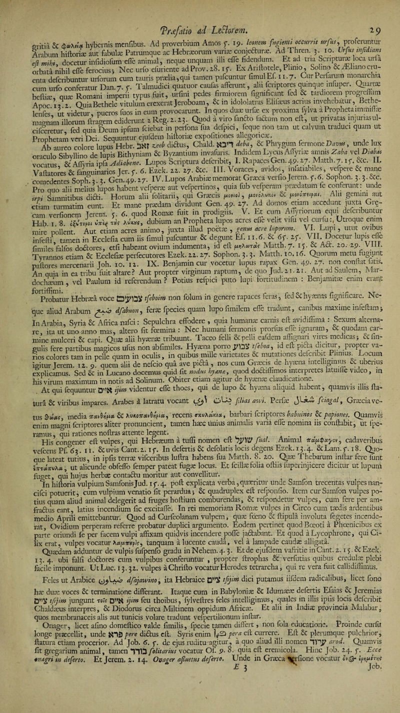 'Pnefatio dd Leftorem. 29 mitia &amp; d>»x«* hybernis menfibus. Ad proverbium Amos y. 19. fugienti occurrit mfus9, pro feruntur Arabum hifloriae aut fabulae Patrumque ac Hebraeorum variae conjedurae. Ad 1 hren. 3. 10. Urfustnjidiam eft mihi, docetur infidiofum efie animal, neque unquam illi effe fidendum. Et ad tria Scnpturx loca uria orbata nihil efle ferocius3 Nec urfo efuricnte ad Prov. 2.8.1 y. Ex Anftotele, Plinio, Solino &amp; iElianocru¬ enta defcribuntur urforum cum tauris praelia,qui tamen pafcuntur fimulEf. 11.7. Cur Perfluum monaichia cum urfo conferatur Dan.7. y. Talmudici quatuor caufas afferunt, alii fcnptores quinque infuper. Quartae beliiae, quae Romani imperii typus fuit, urfini pedes firmiorem figmficant fed &amp; tardiorem progreffum Apoc n i QuiaBethele vitulum erexerat Jeroboam, &amp; in idololatras Elilaeus acrius invehebatur, Bethe- lenfes’ ut videtur, pueros fuos in eum provocarunt. In quos duaeurfae ex proxima fylva al rophetaimmibae maenam illorum ftragem ediderunt 2 Reg. 2.23 Quod a viro fando fadum non eft, ut privatas mjunasul- cifceretur fed quia Deum ipfum fciebat in perfona fua defpici, feque non tam ut calvum traduci quam ut Pronhetam veri Dei Sequuntur ejufdem hiftoriae expofitiones allegoncae. 1 Ab aureo colore lupusVbr. didus, Chald.p^deba &amp; Phrygum fermoiie Davus, unde lux orirnlo Sibvllino de lupis Bithyniam &amp; Byzantium invafuris. Indidem Lycus Affynae amnis Zaba vel Diabat vo«:us «Sil$ASayle. Lupos Scriptum dderibit, I. Rapaces Gen. 49. >7. Matth. 7.1 f. &amp;c. II. Vaftatores &amp; fanguinarios Jer. f. 6. Ezek. w. 17. &amp;c. III. Voraces, avidos, mfatiabiles, vefpere &amp; mane , comedentes Soph 3. Gen.49.a7- IV. Lupos Arabiae memorat Graeca verfiojerem. f.5 Sophon. j.j.&amp;e. Pro quo alii melius lupos habent vefperae aut vefpertinos, quia fub vefperam piacdatpm fe confeiunt. unde irpi Samnitibus didi. Horum alii foKtarii* qui Graecis povio) 9 povohmot &amp; Alu gemini aut etiam turmatim eunt. Et mane praedam dividunt Gen. 49. 27. Ad domos etiam accedunt juxta Gre- cam verfionem Terent 5. 6. quod Romas fuit in prodigiis. V. Et cum A.Tynorum equi dcfcnbumur Hib 1 8 clvTepoi Avjc«f, dubium an Propheta lupos acres efle velit vifu vel curfuUtroque enim mire pollent' Aut etiam acres animo, juxta illud poetae , genm acre luporum. VI. Lupi, utut ovibus infefti, tamen in Ecclefia cum iis fimul pafcuntur &amp; degunt Ef. 11.6 &amp; 6f. if. VII Docetur lupis effe fimiles falfos dodores, etfi habeant ovium indumenta, id eft tks Matth. 7. 15. &amp; Act. 20. 29. V III. Tyrannos etiam &amp; Ecclefia perfecutores Ezek. 22.27. Sophon. 3.3. Matth. 10.16. Quorum metu fugiunt paftores mercenarii Joh. 10. 12. IX. Benjamin cur vocetur lupus rapax Gen. 49. 27. non conflat fatis. An quia in ea tribu fuit altare ? Aut propter virginum raptum, de quo Jud. 21.21. Autad Saulem, Mar- dochseum , vel Paulum id referendum ? Potius refpici puto lupi fortitudinem : Benjamitae enim eiant ^01probatur Hebraea voce tiyny tfeboim non folum in genere rapaces feras, fedhyaenas fignificare. Ne- que aliud Arabum dfabuon, feras fpecies quam lupofimilem effe tradunt, canibus maxime mfeftam5 In Arabia, Syria 8c Africa nafei: Sepulchra effodere , quia humanae carnis eft avidiflima : Sexum alterna¬ re, ita ut uno anno mas, altero fit femina : Nec humani fermonis prorfus effe ignaram, &amp; quodam car¬ mine mulceri &amp; capi. Quas alii hyaenas tribuunt. Taceo felli &amp; pelli eafdcm affignari vires medicas y ct un¬ gulis fere partibus magicos ufus non abfimiles. Hyaena porro j/)y£ tfeboa, id eft pida dicitur , propter va¬ rios colores tam in pelle quam in oculis, in quibus mille varietates &amp; mutationes dcfcnbit Plinius. Locum igitur Terem. 12. 9 quem alii de nefeio qua ave pida , nos cum Graecis de hyaena mtelligmms &amp; uberius explicamus Sed in Lucano docemus quid fit nodus quod dodifiimos mteipietes latuifie video, in Ilis virum maximum in notis ad Solinum. Obiter etiam agitur de hyaenae claudicatione. . At qui fequuntur ijif» videntur effe thoes, qui de lupo &amp; hyaena aliquid habent, quamvis illis lla= tura &amp; viribus impares. Arabes a latratu vocant OU? filias awi. Perfae JLfciagal, Graecia ve¬ tus medh &amp; hvMTtotvQhics, recens <ntvA«Vj54, barbari feriptores babuinos &amp; papiones. Quamvis enim magni feriptores aliter pronuncient, tamen haec unius animalis varia efle nomina iis conflabit, ut fpe- ranius, qui rationes noftras attente legent. ^ - . . ,  ,t; His congener eft vulpes, qui Hebraeum a tuffi nomen eft 'jyW fual. Animal itdpQeiyav, cadaveribus vefcens Pf.^3. 11. &amp; uvis Cant. 2.1 y. In defertis &amp; defolatis locis degens Ezek. 13.4. &amp; Lam. y. 18. Quo¬ que lateat tutius, in ipfis terree vifceribus luftra habens fua Matth. 8. 20. Qua; Thebarum inftar fere funt inrdyruAa ’ ut alicunde obfeffo femper pateat fugae locus. Et fcillas folia oftiis fuperinjicere dicitur ut lupum fuo-et, qui hujus herbae contadu moritur aut convellitur. In hiftoria vulpiumSamfonisJud. iy.4. poft explicata verba,quaeritur unde Samfon trecentas vulpes nan- cifci potuerit, cum vulpium venatio fit perardua> 6c quadruplex eft refponfio. Item cur Samfon vulpes po¬ tius quam aliud animal delegerit ad fruges hoftium comburendas, &amp; refpondetur vulpes, cum fere per am- fradus eant, latius incendium fic excitaffe. In rei memoriam Romae vulpes in Circo cum taedis ardentibus medio Aprili emittebantur. Quod ad Curfeolanam vulpem, quae feno &amp; ftipula involuta fegetes incende¬ rat, Ovidium perperam referre probatur duplici argumento. Eodem pertinet quod Boeoti a Phoenicibus^ex parte oriundi fe per facem vulpi affixam quidvis incendere poffe jadabant. Et quod a Lycophrone, qui Ci¬ lix erat, vulpes vocatur \*fAir»pk, tanquam a lucente cauda, vel a lampade caudae alligata. Quaedam adduntur de vulpis fufpenfo gradu inNebem.4.3. Et de ejufdem vafritie in Cant. 2.15 &amp; Ezek! 13.4. ubi falfi dodores cum vulpibus conferuntur , propter ftrophas &amp; verfatias quibus credulae plebi facile imponunt. Ut Lue. 13.32. vulpes aChrifto vocatur Herodes tetrarcha, qui re vera fuit callidiffimus. Feles ut Arabice dfajaunno, ita Hebraice D”# tfijirh dici putamus iifdem radicalibus, licet fono hae duae voces &amp; terminatione differant. Itaque cum in Babyloniae &amp; Idumaeae defertis Efaias &amp; Jeremias tfijim jungunt toT? ijim feu thoibus, fylveftres feles intelligimus, quales in illis ipfis locis deferibit Chaldaeus interpres, &amp; Diodorus circa Miltinem oppidum Africae. Et alii in Indiae provincia Malabar 5 quos membranaceis alis aut tunicis volare tradunt vefpertilionum inftar. Onager, licet afino domeftico valde fimilis, fpecie tamen differt, non fola educatiode. Proinde curfti longe praecellit, unde frOS fere didus eft. Syris enim pera eft currere. Eft &amp; plerumque pulchrior, flatura etiam procerior. Ad Job. 6. y. de ejus ruditmagitur, a quo ailiud illi nomen 117P ar°d- Quamvis fit gregarium animal, tamen “HD folitarius vocatur Of. 9- 8. quia efl eremicola. Hinc Job. 24. y. Ecce enagri m deferto. Et Jerem, 2. 14. Onager a f netus deferto. Unde in Graeca ^rfione vocatur hyuirvig E 3 ‘ Job,