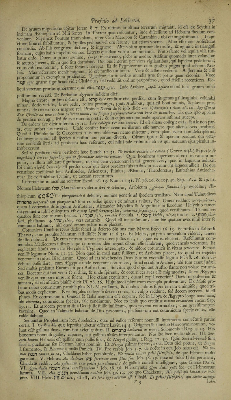 De pTUiim migratione agitur Jerem. 8. 7. Ex ultimis in ultima terrarum migrant, id eft ex Scythia in' intimam iEthiopiam ad Nili fontes. In Thracia quae nafcuntur , inde difceffurae ad Hebrum fluvium con¬ veniunt. Scythicae Pontum tranfvolant, inter Criu Metopon &amp; Carambin, ubi eft anguftiffimus. . Traje- aurm faburra ftabiliuntur, &amp; lapillos pedibus vel ore ferunt, aut etiam vorant. Mira ell: inter profecturas concordia. Ab illis congruere di&amp;um, &amp; ingruere. Alte volant quatuor de caulis, &amp; agmine in trianguli formam, cuiusbafin impellat ventus. Literas quafdam volatu fuo imitantur. Noto flante vel aquila vifa tur¬ batur ordo ‘Duces in primo agmine, *i«yo) in extremo, plebs in medio. Additur quomodo inter volandum fe mutuo juvent, &amp; in quo fitu dormiant. Ducibus interim per vices vigilantibus, qui lapidem pede ferunt, cujus cafu excitentur , fi forte fomnus obrepat. Et de Pygmaeorum cum gruibus pugna quid reterant Ara¬ bes Maemacterione menfe migrant, id eft medio autumno. Vere &amp; aeftate redeunt. A Jeremia &amp; alus proponuntur in exemplum prudentiae. Quaeritur cur in avibus mundis grus fit potius quam ciconia. Voce W agor gruem fignificare vidit Chaldaeus, fed reddidit ordine praepoftero, quod fefellit recentiores. Re¬ liqui veterum prorfus ignorarunt quid effet Dty agor. Inde Arabice ^ agiara eft ad fuos gnium inftar poftliminio reverti. Et Perfarum dyyapoi indidem difti. ... . .. . .. Magno errore, ut jam didum eft, «ip kore creditur effe perdix, cum fit genus galhnagmis, columbi minor? dorfo viridis, brevi pede, roftro praelongo, grata Arabibus, quia eft boni ominis, &amp; pluviae .prae¬ nuntia de cictero non magnis rei. Proinde David de fe ipfo dicit i^m<r[Aov 1 Sam. 16. 20. Egrcjfusefi Rex Ifraehs ad qvtarendum pulicem unum, ac fi quis perfequeretur avem kore in montibus. Ex quo ipio, apparet, de perdice non agi, fed de ave minoris pretii, &amp; in cujus aucupio male operam infumat auceps; De eadem ave dicitur Jerem. 17.11. kore collegit nonpeperit. Id eft aliena collegit ova, 6C a le non par- ta otiis umbra ftia foveret. Unde conftat hanc avem ex illarum efle numeio quis alienis ovis incubant. Quod a Philofopho &amp; Griseorum aliis non obfervari nemo miretur , cum ipfam avem non defcnpfennt. Gallinaginis enim eft fpecies a noftra non parum diverfa. Oleum igitur &amp; operam perdunt qui vete¬ rum confenfu freti, ad perdicem hisc referunt, cui nihil tale tribuitur ab iis qui naturam ejus plenius 111- trofoexerunt. v 1 • -t!< Sed ad perdicem vere pertinent hisc Sirach. 11.31. Ut perdix venator in cavea ( Graece V xctPTufow) ita cor fuperbi, qui ut Jpeculator obfervat cafum. Quas hominem fuperbum altero in rumam im- pulfo, in illum infultare fignificant, ut perdicem venatorem in fui generis aves, quas in laqueum induxit. Ibi enim 7eft perdix cicur qui feros perdices fuis artibus in caveam aut laqueos allicit. De qua venatione confidendi ftmt Ariftoteles, Athenaeus, Plinius, vElianus, Ihcodoictus, Euftathius AntiOclm- nus: Et ex Arabibus Damir, ut taceam recentiores. o ^ Q Coturnicum miraculum refertur Exod. 16. 13. Num. 11.3 1. Pf. 7«. 26. cc ioy.40. Sap. 16.1. cC 19. iz. Nomen Hebraeum V?57 felau facium videtur «Vo F hQyjv/a;, Arabicum fumaria a pinguedine, -Ae¬ thiopicum phorphorath a deliciis, nomine generis ad fpeciem tranflato. Nam apud Taimudicos hHSHS) parperoth aut fharpheroth funt cupediae quaevis ex minutis avibus, &amp;c. Graeci reddunt c^rvyo^rpoivt quam a coturnice diftinguunt Ariftoteles, Alexander Myndius &amp;C Auguftinus in Exodum. Hefychio tamen ortygometra nihil quicquam eft quam o^tvf 0^, coturnixpramagna, quod veriflimum. Talmudicis quatuor funt coturnicum fpecies. 1 .'hyo ficli^ <rvmaI? ficedula. 2. >byp kichli, turdus. 3.fiWD&amp;phis- joni t phafianus. 4. 'foy felau ^ vera coturnix. Quod eft ineptiftimum, cum hae quatuor aves nihil inter fe commune habeant, nifi quod omnes palato mire placent. , .. . Coturnices Praelitis Deus dedit femel in deferto Sin una cum Manna Exod. 16.13 . Et rurfus in Kibroth Thaava, cum populus Mannam faftidiiflet Num. 11.6 31. Et Mofes, qui prius miraculum viderat, tamen de ifto dubitavit. Ut cum petram iterum percutere juffus eft , ut aquas ex ea eliceret. Refelluntur com¬ munibus Medicorum fuftfagiis qui coturnices ideo negant cibum efle falubrem, quod venenis vefcantitr. Et explicatur fabula vetus de Hercule a Typhone interempto, &amp; nidore coturnicis in vitam revocato. E mari venifle leguntur Num. 11. 31- Non quod in mari natae fuiflent, ut Arabibus placet, fed quod eo trajeda venerunt in caftra Ifraelitarum. Quod ad eas advehendas Deus Eurum excitafle legitur Pf. 78. 26. iion vi¬ debitur pofle ftare, cum AEgyptus unde venerunt coturnices, fit ad occafum Arabiae, ubi tum erant Judaei. Sed multis probatur Eurum ibi pro Auftro fumi. Solvitur quod objiciunt Auftro flante non volare coturni¬ ces. Docetur qui fint venti Ornithiae, &amp; unde fpirent, &amp; coturnices aves efle migratorias , &amp; ex AEgypto venifle quo tempore migrare folent. Hoc etiam exquiritur, quanta copia venerint? David ut pulverem &amp; arenam, id eft affatim pluifle dicit Pf. 78. 26. Hujufmodi pluviarum exempla proferuntur. Ex Mofe pro¬ batur nubes coturnicum patuifle plus XL M. pafliium, &amp;c duobus cubitis fupra terram eminuifle, quod tri¬ bus modis explicatur. Nec fingulos collegiffe decem coros, ut vulgo reddunt, fed decem acervos j id eft plures. Et coturnicum in Graecia &amp; Italia magnam efle copiam} fed in Libya &amp; fEgypto longe maximam, ubi chennia, coturnicum fpecies, fale condiuntur. Nec eo fenfu quo creditur novam creaturam vocari Sap. 19.11. Et atrocem poenam iis a Deo juftefuifle inflidarn, quos paverat coturnicibus, cum graviflime pec¬ caverint. Quod in Talmude habetur de Diis pavonum , phafianorum aut coturnicum fpecie cultis, efle valde dubium. . Sequuntur Prophetarum loca duodecim, quae ad gallos referunt nonnulli interpretes conjecturis parum certis. I. O^viQtx Svo quae leprofus jubetur offerre Levit. 14.4- Origcnes &amp; alius fub Hieronymi nomine, vo¬ lunt efle gallinas duas, cum fint aviculae duas. II. barburim in menfa Solomonis 1 Reg. 4. 23. He¬ braeorum nonnulli gallos, capones, aut gallinas altiles interpretantur. Nos fuo loco multo aliter. III. Suc- coth-benoth Hebraeis eft gallina cum pullis fuis , Sc Nergal gallus, 2 Reg. 17. 3°- Quin Succoth-benoth funt facella puellarum feu Dearum hujus nominis. Et Nergal palmae fpecies, a qua Deus dici potuit, ut Dagon a frumento, &amp; Rimmon a malis Punicis. IV. Pro verbis Job. 3-7- de nodte in qua Job natus eft. Ne ve¬ niat njn cantus in ea, Chaldaeus habet perabfurde, Ne veniat cantus galli fylvefiris, de quo Hebraei multa garriunt. V. Hebraea An deduces feretrum cum filiis fuis Job. 38. 39. quae ad fidus Urfae pertinent, Chaldaeus reddit, An gallinam cum pullis fuis deduces ? de gallina coelefti intelligens , quee Graecis LlAeiam VI. Quis dedit qijtjQ cordi intelligentiam ? Job. 38. 36. Hieronymus Quis dedit gallo &amp;c. ex Hebraeorum lacunis. VII. Ala firuthionum exuit at Job. 39. 13. pro quo Chaldaeus, Ala galli qui laudat cele¬ brat. VIII. Hcbr. id eft, Et fera agri me cum efii Chald. Et gallus fylvefiris, qui capite attingit