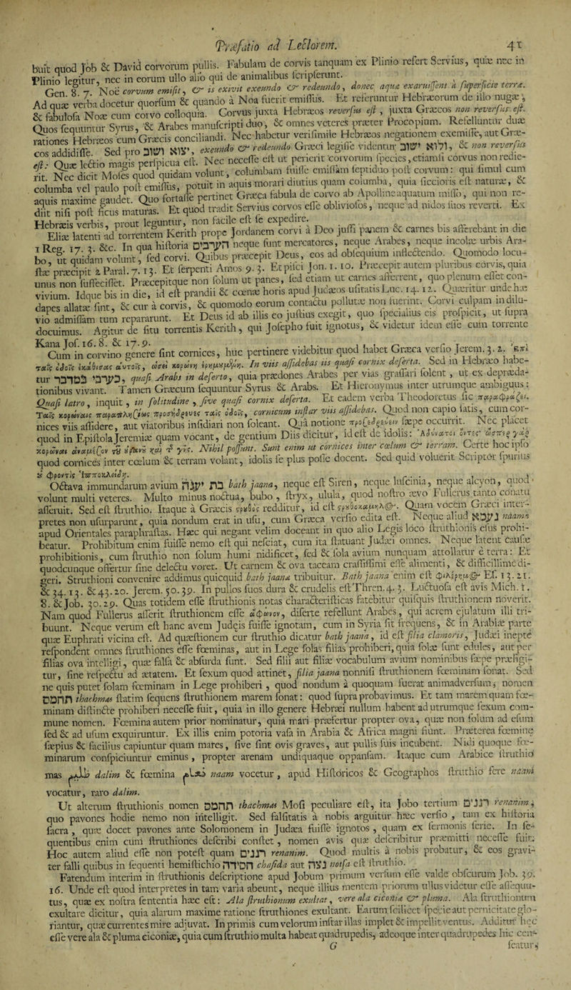 buit quod rob &amp; David corvorum pullis. Fabulam de corvis tanquam ex Plinio refert Servius, qux nec in Plinio leeitur, nec in eorum ullo alio qui de animalibus icripferunc. , , . Gen 8 7 Noe corvum emi fu, &amp;■ ts exivit exeundo cr redeundo , donec, aept?exarmfem afotrjica terr*. Adquse veOmdocetur quorfum &amp; quando a Noafuerit emiffus. Et referuntur Hebraeorum de filo nugar, &amp; flutofa Note cum cmvb colloquia. Corvus juxta Hebraeos mmfm eft , juxta Graxot;non reverfus ejh Ouos fequuntur Syrus, &amp; Arabes manufcripti duo, &amp; omnes veteres prteter Procoprum. Refelluntur duae Ses Hebra-os cum Grxcis conciliandi. Nec habetur veni,mile Hebraeos negationem exermfle, aut Gtx- AA'A~n' q j exeundo &amp; redeundo Graeci legific v identui; 2)W &amp; non reverfvi,i cos addidi fle. Sed vroimm, exeun ^ ^ . k t * vorum foecies, etiamfl corvus nonredie- rit' &amp;'wt bS'qSod ‘quidam volunt, columbam fuifle cmiflim feptiduo polt corvum : qui fitnul cum : . , , /i o -GT.. notuit in aquis morari diutius quam columba, quia iiccions eit natura;, tx tgX&amp;SSt&amp;XsXZSt *«s * f. T” - r diit nifi poft ficus matmas. Et quod tradit Servius corvos efle obhviolos, neque ad nidos luos revera. Ex Hebrmis verbis, prout leguntur, non facile eft lc expedire. . „. . . \ . E ” latenti Ftorrentem Kerith prope Jordanem corvi a Deo jnffi panem &amp; carnes bis afferebant m die r Res 7 &amp;c. In qua hiftoria ffSVTl neque funt mercatores neque Arabes , neque incolae urbis Ara- bo ut quidam volunt fed corvi. Quibus praecepit Deus, eos ad obfequmm mflectendo Quomodo locu- fepiicpt aParal.7’13. Et ferpenti Amos9.5. Et pilei jon.i. .0. PWcepit autem pluribus corvis, qu,a unusPnon fuffecifiet. Prxcepitque non folum ut panes, led etiam ut carnes afferrent, quo plenum eilet con¬ vivium Idque bis in die, id eft prandii &amp; ccenx horis apud Jucasos untatisLuc. 14.11. Quaentui undeha. danes ailatx fint &amp; cur ii corvis, &amp; quomodo eorum contadu polluta; non fuerint. Corvi culpam mdilu- SS reptarunt. Et Delis id ab illis eo juftius exegit, quo fpeciahus e,s profprcit, ut lupra docuimus. Agitur de fitu torrentis Kerith, qui .Jofepho fn.t ignotus, &amp; videtur idem eile cura torrente ^Cumba corvino genere fint cornices, huc pertinere videbitur quod habet Grxca verfio Jerem. 9.1. Ena cicTf «V«», »0,In viis ajjidebas m «n» defer,a Sed m Hcbneo habe- tur 13185 nitfD, quaft Arabs in deferto, quia praedones Arabes per vias graflari iolent , ut ex depi seda¬ tionibus vivant. Tamen Graecum fequuntur Syrus &amp; Arabs. Et Hieronymus mter utrumque ambiguus; Quafi latro, inquit, in folitudine , five quafi cornix deferta. Et eadem verna I heodoretus fic te, cornicum inflor viis afidebas. Quod non capio latis cum cor¬ nices viis aflidere, aut viatoribus infldiari non foleant. Qaa notione ^foQiS^tiv faepe occumt. Eiec placa, quod in EpiftolaJeremiae quam vocant, de gentium Diis dicitur, ldcft de idolis: Ah**™ orw; «***<> yx* xopA*. civaUC0V »>5 ^ ^ yh. Nihil pojfunt. Sunt enim m cornices inter Coelum &amp; terram. Certe hoc ipio quod cornices inter coelum &amp; terram volant , idolis fe plus polle docent. Sed quid voluerit -cnptoi fpuuu» d d>aorr)g *hif7roicAeiJV. r . . , \ Odlava immundarum avium SijP' «J bath jwm, neque eft Siren, neque lufcima, neque alcyon, qnou ■ volunt multi veteres. Multo minus noctua, bubo, ftryx, ulula, quod noftro xvo Fulleius ranto cona.i afleruit. Sed eft llruthio. Itaque a Graecis redditur, id eft C^am vocem Graeci i.,tei- pretes non ufurparunt, quia nondum erat in ufu, cum Graeca verfio ecuta e . vCq.i* a .u, . canm.t apud Orientales paraphraftas. H*c qui negant velim doceant m quo aho Legis loco ftruth.oms eius prom- beatur Prohibitum enim fuifle nemo elt qui nefeiat, cum ita ftatuant Judxi omnes. Neque latent caute prohibitionis, cum llruthio non folum humi nidificet, fed &amp; fola avium nunquam attollatur e terra: Et quodcunque offertur fine dclecfu voret. Ut carnem &amp; ova taceam craffiffimi efle alimenti, &amp; difficillime di- «•eri. Struthioni convenire addimus quicquid bath jaana tribuitur. Bathjaana enim eit 13.11. &amp; 34 12 &amp;4'>.20. Jerem. 50. 39. In pullos fuos dura crudelis eftThren.4. 3. Luctuola efl: avis Mich. i. 8. &amp; Job. 30 29. Quas totidem efle ftruthionis notas chara&amp;erifticas fatebitur quifquis ftruthionem noverit. Nam quod Fullerus alferit ftruthionem efle «4)«vov, diferte refellunt Arabes, qui acrem ejulaturn illi tri¬ buunt. Neque verum eft hanc avem Jude.is fuifle ignotam, cum in Syria fit frequens, &amp; in Arabiae parte quae Euphrati vicina eft. Ad quaeftionem cur llruthio dicatur bath jaana, id eft filia clamoris, Judaei inepte refpondent. omnes ftruthiones efle feminas, aut in Lege folas filias prohiberi, quia Iolae funt edules, aut per filias ova intelligi, quae falfa &amp; abfurda funt. Sed filii aut filiae vocabulum avium nominibus fepe praefigi¬ tur, fine rcfpcdu ad aetatem. Et fexum quod attinet, filia jaana nonnifi ftruthionem feminam fonat. Sed ne quis putet folam fccmmam 111 Lege prohiberi , quod nondum a quoquam luceat animadvcifum j nomen DDHin thachmas ftatim fequens ftruthionem marem fonat: quod fupra probavimus. Et tam marem quam fe¬ minam diftinde prohiberi necefle fuit, quia in illo genere Hebraei nullum habent ad utrumque Sexum com¬ mune nomen. Foemina autem prior nominatur, quia mari praefertur propter ova, quie non folum ad efum fed &amp; ad ufum exquiruntur. Ex illis enim potoria vafa in Arabia &amp; Africa magni fiunt. Praeterea femine faepius Sc facilius capiuntur quam mares, five fint ovis graves, aut pullis luis incubent. Nidi quoque fe¬ minarum confpiciuntur eminus, propter arenam undiquaque oppanfam. Itaque cum Arabice llruthio' apud Hiftoricos 6c Geograpnos llruthio fere naani mas dalim &amp; femina nuam vocetur vocatur, raro dalim. Ut alterum ftruthionis nomen quo pavones hodie nemo non intelligit tkachmas Moli peculiare eft, ita Jobo tertium brenanimj ^vuuw uwic _Sed falfitatis a nobis arguitur htec verho , tam ex hiftoria facra , quas docet pavones ante Solomonem in Judaea fuifle ignotos , quam ex fermonis leric. In fe quentibus enim curxi ftruthiones deferibi conftet, nomen avis qua: deicribitur praemitti neceile fuit. Hoc autem aliud efle non poteft quam Q’JJ1 renanim. Quod multis a nobis probatur, cv eos gravi¬ ter falli quibus in fequenti hemiftichio rn^DPl chajtda aut HVI n(>tfla eft llruthio. Fatendum interim in ftruthionis deferiptione apud Jobum primum verfum efle valde obfcurum Job. 39. 16. Unde eft quod interpretes in tam varia abeunt, neque illius mentem priorum ullusviaetur efle aflaqua¬ tus, quse ex noftra fententia haec eft: Ala flruthionum exaltat, vere ala ciconiacr pluma. Ala ftrutllionum exultare dicitur, quia alarum maxime ratione ftruthiones exultant. Earum fcilicet fpecie aut pernicitateglo¬ riantur, quae currentes mire adjuvat. In primis cum velorum inftar illas implet &amp; impellit ventus. Additur hcc efle vere ala &amp; pluma ciconiae, quia eum ftrtithio multa habeat quadrupedis, adeoque inter quadrupedes hic ceu- r G featur9’