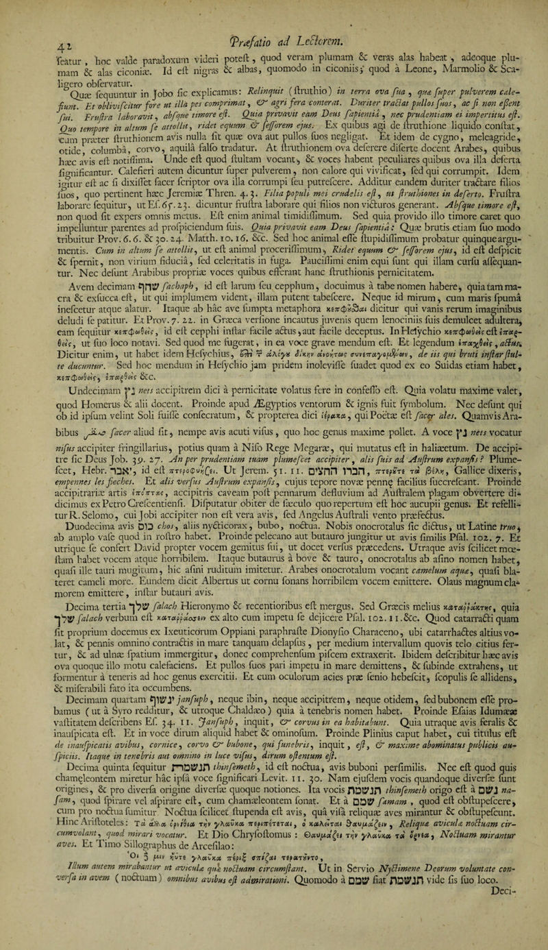 'fertur , 'hoc valde paradoxum videri poteft , quod veram plumam Sc veras alas habeat , adeoque plu¬ mam &amp; alas ciconiae. Id eft nigras &amp; albas, quomodo in ciconiis> quod a Leone, Marmolio &amp; Sca- ligero obfervatur. . A . . Qua' fcquuntur in Jobo fic explicamus: Relinquit (ltruthio) m terra ova fua , qua fu fer pulverem cale¬ fiunt. Et oblivifcitur fore ut illa pes comprimat, €F agri fera conterat. Duriter tr attat pullos fixos, ac fi non e fient fui Frufira laboravit, abfque timore efi. Quia privavit eam Dem fapientia,, nec prudentiam ei impertitus e fi. Oho tempore in altum fe attollit, ridet equum &amp; fejforem ejus. Ex quibus agi de ftruthione liquido conftat, cum praeter ftruthionem avis nulla fit quae ova aut pullos Tuos negligat. Et idem de cygno, meleagride, otide columba, corvo, aquila falfo tradatur. At ftruthionem ova deferere diferte docent Arabes, quibus haec avis eft notiffima. Unde eft quod ftultam vocant ^ &amp; voces habent peculiares quibus ova illa deferta fignificantur. Calefieri autem dicuntur fu per pulverem, non calore qui vivificat, fed qui corrumpit. Idem i oritur eft ac fi dixifTet facer feriptor ova illa corrumpi feu putrefeere. Additur eandem duriter tradtare filios ilios, quo pertinent haec Jcremiae Thren. 4.3. Filia populi mei crudelis efi, ut firuthiones in deferto. Fruftra laborare fequitur, utEf.df. 23. dicuntur fruftra laborare qui filios non victuros generant. Abfque timore efi, non quod fit expers omnis metus. Eft enim animal timidiflimum. Sed quia provido illo timore caret quo impelluntur parentes ad profpiciendum fuis. Quia privavit eam Deus fapientia: Quae brutis etiam fuo modo tribuitur Prov. 6.6. &amp; 30.24. Matth. 10.16. &amp;c. Sed hoc animal efle flupidiflimum probatur quinque argu¬ mentis. Cum in altum fe attollit, ut eft animal proceriffimum, Ridet equum CF fejforem ejus, id eft defpicit &amp; fpernit, non virium fiducia, fed celeritatis in fuga. Paucifiimi enim equi funt qui illam curfu affequan- tur. Nec defunt Arabibus propriae voces quibus efferant hanc ftruthionis pernicitatem. Avem decimam fi]nV fachaph, id eft larum feu cepphum, docuimus a tabe nomen habere , quia tam ma¬ cra &amp; exfucca eft, ut qui implumem vident, illam putent tabefeere. Neque id mirum, cum maris fpuma inefeetur atque alatur. Itaque ab hac ave fumpta metaphora ks7rcpi^ai dicitur qui vanis rerum imaginibus deludi fe patitur. Et Prov. 7. 22. in Graeca verfione incautus juvenis quem lenociniis fuis demulcet adultera, eam fequitur id eft cepphi inftar facile a£tussaut facile deceptus. InHelychio xear4>«l)«f eft In-asg- 0«V, ut fuo loco notavi. Sed quod me fugerat, in ea voce grave mendum eft. Et legendum inx^dg,attu?* Dicitur eilim, ut habet idem Hefychius, ‘Qn r dhiyts jv oivov>to? eoviTtxyeQfiiw, de iis qui bruti inftarflui¬ te ducuntur. Sed hoc mendum in Hefychio jam pridem inoleviffe fuadet quod ex eo Suidas etiam habet, xSTTtp«0«Y, hrctfids 6tC. Undecimam Pj nets accipitrem dici a pernicitate Volatus fere in confeffo eft. Quia volatu maxime valet, quod Homerus &amp; alii docent. Proinde apud ABgyptios ventorum &amp; ignis fuit fymbolum. Nec defunt qui ob id ipfum velint Soli fuifle confecratum, Se propterea dici IiJxkx, qui Poeta: eft facer ales. Quamvis Ara¬ bibus jSlao facer aliud fit, nempe avis acuti vifus , quo hoc genus maxime pollet. A voce f*J nets vocatur mfus accipiter fringillarius, potius quam a Nifo Rege Megarae, qui mutatus eft in haliaeetum. De accipi¬ tre fic Deus Job. 3.9. 27. An per prudentiam tuam plumefcet accipiter, alis fuis ad Auflrum expanfis? Plume- fcet, Hebr. “D&amp;S id eft 7mf>o<pu>fu. Ut Jerem. 51. 11. Q^Tin V1DH, Tmpire t« f3eA>?, Gallice dixeris, empennes les fieches. Et alis verfus Auftrum expanfis, cujus tepore novae pennq facilius fuccrefcant. Proinde accipitraris artis accipitris caveam poft pennarum defluvium ad Auftralem plagam obvertere di¬ dicimus ex Petro Crefcentienfi. Difputatur obiter de faeculo quo repertum eft hoc aucupii genus. Et refelli¬ tur R.Selomo, cuijobi accipiter non eft vera avis, fed Angelus Au ftr ali vento praefedtus. Duodecima avis DD chos, aliis nydticorax, bubo, nodtua. Nobis onocrotalus fic didtuSj ut Latine lruo$ ab amplo vafe quod in roftro habet. Proinde pelecano aut butauro jungitur ut avis fimilis Pfal. 102. 7. Et utrique fe confert David propter vocem gemitus fiii, ut docet verfus praecedens. Utraque avis fcilicetmce- ftam habet vocem atque horribilem. Itaque butaurus a bove &amp; tauro, onocrotalus ab afino nomen habet, quafl ille tauri mugitum, hic afini ruditum imitetur. Arabes onocrotalum vocant camelum aqua, quafi bla¬ teret cameli more. Eundem dicit Albertus ut cornu fonans horribilem vocem emittere. Olaus magnum cla¬ morem emittere, inftar butauri avis. Decima tertia falach Hieronymo 6c recentioribus eft mergus. Sed Graecis melius *AvetffecKrntt quia falach verbum eft wu*$Jio3*n exalto cum impetu fe dejicere Pfah 102. ii.&amp;c. Quod catarradtiquam fit proprium docemus ex Ixeuticdrum Oppiani paraphrafte Dionyflo Characeno, ubi catarrhadtes altius vo¬ lat , &amp; pennis omnino contradis in mare tanquam delapfus , per medium intervallum quovis telo citius fer¬ tur, <k ad ulnas fpatium immergitur, donec comprehenfum pifcem extraxerit. Ibidem deferibitur haec avis ova quoque illo motu calefaciens. Et pullos fuos pari impetu in mare demittens, &amp; fubinde extrahens, ut formentur a teneris ad hoc genus exercitii. Et cum oculorum acies prae fenio hebefeit, fcopulis fe allidens, &amp; miferabili fato ita occumbens. Decimam quartam janfuph, neque ibin, neque accipittem, neque otidem, fed bubonem efle pro¬ bamus ( ut a Syro redditur, &amp; utroque Chaldaeo) quia a tenebris nomen habet. Proinde Efaias Idumaeas vaftitatem deferibens Ef. 34. 11. Janfuph, inquit, Cr corvus in ea habitabunt. Quia utraque avis feralis &amp; inaufpicata eft. Et in voce dirum aliquid habet &amp; ominofum. Proinde Plinius caput habet, cui titulus eft de in aufpi catis avibus, cornice, corvo &amp; bubone, qui funebris, inquit, efi, &amp; maxime abominatus publicis au- fpiciis. Itaque in tenebris aut omnino in luce vifus, dirum ofientum efi. Decima quinta fequitur rnDiyjn thmfemeth, id eft noctua, avis buboni perfimilis. Nec eft quod quis chameleontem miretur hac ipfa voce fignificari Levit. 11. 30. Nam ejufdem vocis quandoque diverfae funt origines, fk pro diverfa origine diverfae quoque notiones. Ita vocis thinfemeth origo eft a DtJM na- fam, quod fpirare vel afpirare eft, cum chamaeleontem fonat. Et a QOT famam , quod eft obftupefcere, cum pro nodtuafumitur Nodtua fcilicet ftupenda eft avis, qua vifa reliquae aves mirantur 8c obftupefcunt. Hinc Ariftoteles: T« ctftxx cpviQix rf yKotxrot. nepi7rtmoii, 0 KocAetTou Sxvpidfyiv, Reliqua avicula nottuam cir¬ cumvolant, quod mirari vocatur. Et Dio Chryfoftomus : t>jv yKuvw re» fyvix, Nottuam mirantur aves. Et Timo Sillographus de Arcefilao: O* b jWIV »1ut£ yhotCnX 7T£pi^ evinxi TipXTXVTO , Illum autem mirabantur ut avicula qua, nottuam circumflant. Ut in Servio Njttimene Deorum voluntate con- verfa m avem ( noctuam) omnibus avibus efi admirationi. Quomodo a DDUf fiat jlDlS^n vide fis fuo loco. Deci-