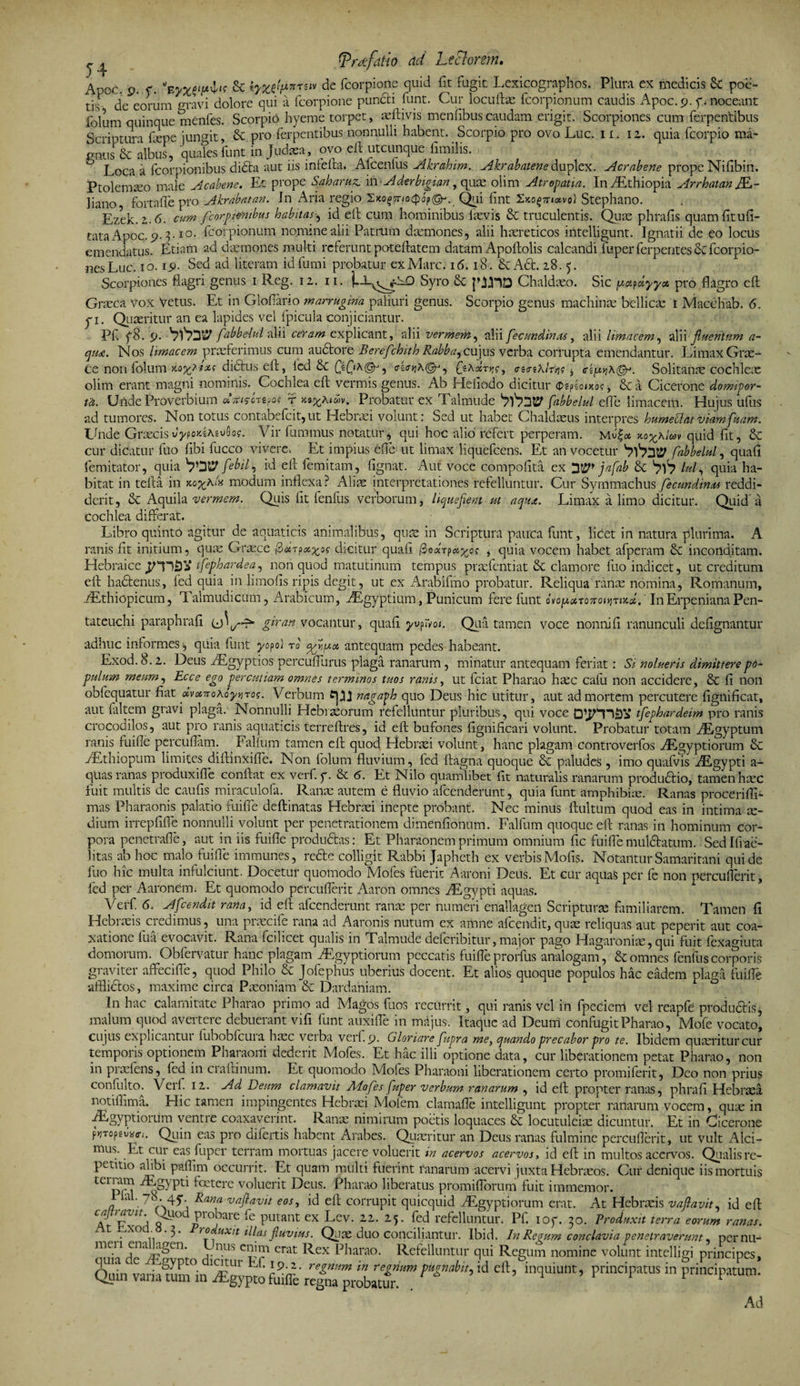Apoc. p. c. eyxw&amp;s &amp; iyyj^nrnv de fcorpione quid fit fugit Lexicographos. Plura ex medicis &amp; poe- tis^ de eorum gravi dolore qui a fcorpione pundri funt. Cur locuftae fcorpionum caudis Apoc. 9. f* noceant folum quinque menfes. Scorpio liyeme torpet, «itivis menfibus caudam erigit. Scorpiones cum ferpentibus Scriptura ftepe jungit, &amp; pro ferpentibus nonnulli habent. Scorpio pro ovo Luc. 11. 12. quia fcorpio ma¬ gnus Sc albus, quales funt in Judaea, ovo eil utcunque fimilis. ° Loca a fcorpionibus didta aut iis infelta. Alcenlus Abrahim. Akrabatene duplex. Acrabene prope Nifibin. Ptolemaeo male Acabene. Et prope Saharuz. in Aderbigian, quae olim Atropatia. In Aethiopia ArrhatanJE,- liano, fortafle pro Akrabatan. Jn Aria regio SxogTnocpop^v Qni fint 2jco^7navol Stephano. Ezek.2.6. cum fcorptmibus habitasid eft cum hominibus laevis &amp; truculentis. Quae phrafis quamfitufi- tataApoc. 9.3-10. fcorpionum nomine alii Patrum daemones, alii haereticos iritelligunt. Ignatii de eo locus emendatus. Etiam ad daemones multi referunt poteftatem datam Apoftolis calcandi fuper ferpentes 6e fcorpio- nes Luc. 10. 19. Sed ad literam id fumi probatur ex Mare. 16.18. &amp; Act. 18. 5. Scorpiones flagri genus 1 Reg. 12. 11. Syro &amp; j'ttlD Chaldaeo. Sic pctpdyyx pro flagro eft Graeca vox Vetus. Et in Gloflario marrugma paliuri genus. Scorpio genus machinae bellicae 1 Macchab. 6. yi. Quaeritur an ea lapides vel fpicula conjiciantur. Pf. f8. 9. fabbebul alii ceram explicant, alii vermem, alii fecundinas, alii limacem, alii fluentum a- qit£. Nos limacem praeferimus cum auctore Beref 'chith Rabba^ cujus verba corrupta emendantur. Limax Grae¬ ce non folum Koyrixs didtus eft, ied bc £e£<A(gH, «reo^A©, Ga«t>j?, aunhlrw * <r«(u>?A©K Solitanae cochleae olim erant magni nominis. Cochlea eft vermis genus. Ab Hellodo dicitur (Dromos , &amp;a Cicerone domipor¬ ta. Unde Proverbium dirwTtfot r hs^aiwv. Probatur ex Talmude 'yfyyy fabbelul effle limacem. Hujus ufus ad tumores. Non totus contabefcit,ut Hebraei volunt: Sed ut habet Chaldaeus interpres humettatviamfiam. Linde Graecis Jj/poxeA««fio?. Vir fummus notatur* qui hoc alio refert perperam. mu£« xo^a/w» quid fit, &amp; cur dicatur fuo fibi fucco vivere. Et impius efle ut limax liquefcens. Et an vocetur ^2® fabbelul, quafi femitator, quia bW febil, id eft femitam, fignat. Aut voce compofita ex jafab &amp; V)7 lid, quia ha¬ bitat in teita in Koya/x modum inflexa? Aliae interpretationes refelluntur. Cur Symmachus fecundinas reddi¬ derit, &amp; Aquila vermem. Quis fit fenfus verborum, liquefient ut aqua. Limax a limo dicitur. Quid a cochlea differat. Libro quinto agitur de aquaticis animalibus, qum in Scriptura pauca funt, liCet in natura plurima. A ranis fit initium, quas Graece dicitur quafi @totrpot%ioc , quia vocem habet afperam &amp; inconditam. Hebraice jniSV tfephardea, non quod matutinum tempus praefentiat &amp; clamore fuo indicet, ut creditum eft hadtenus, fed quia in limofis ripis degit, ut ex Arabifmo probatur. Reliqua ranas nomina, Romanum, FEthiopicum, Talmudicum, Arabicum, zEgyptium, Punicum fere funt o\ofA*Tosro»»jTiit*\ InErpeniana Pen¬ tateuchi paraphrafi giratt vocantur, quafi yvpTiai. Qua tamen voce nonni fi ranunculi defignantur adhuc informes, quia funt yofol to affu-a antequam pedes habeant. Exod. 8.2. Deus /Egyptios percuflurus plaga ranarum, minatur antequam feriat: Si nolueris dimittere po¬ pulum meum, Ecce ego percutiam omnes terminos tuos ranis, ut fciat Pharao hasc cafu non accidere, &amp; fi non obfequatur fiat oivomoAbytjTog. Verbum fjJJJ nagaph quo Deus hic utitur, aut ad mortem percutere fignificat, aut faltem gravi plaga. Nonnulli Hebraeorum refelluntur pluribus, qui voce Q^TljD^ tfephardeim pro ranis crocodilos, aut pro ranis aquaticis terreftres, id eft bufones fignificari volunt. Probatur totam AEgyptum ranis fuifle percudam. Falfum tamen eft quod Hebraei volunt, hanc plagam controverfos Aegyptiorum &amp; AEthiopum limites diftinxiffle. Non folum fluvium, fed ftagna quoque &amp; paludes , imo quafvis ALgypti a- quas ranas produxide conftat ex verf. y. Se <5. Et Nilo quamlibet fit naturalis ranarum productio, tamen haec fuit multis de caufis miraculofa. Ranae autem e fluvio afeenderunt, quia funt amphibiae. Ranas proceriffli- mas Pharaonis palatio fuifle deftinatas Hebraei inepte probant. Nec minus ftultum quod eas in intima se¬ dium irrepfifle nonnulli volunt per penetrationem dimenfionum. Falfum quoque eft ranas in hominum cor¬ pora penetraffle, aut in iis fuifle productas: Et Pharaonem primum omnium fic fuifle mul&amp;atum. Sedlfrae- litas ab hoc malo fuifle immunes, re&amp;e colligit Rabbi Japheth ex verbis Mofis. Notantur Samaritani qui de fuo hic multa infulciunt. Docetur quomodo Mofes fuerit Aaroni Deus. Et cur aquas per fe non percuderit, led per Aaronem. Et quomodo percuderit Aaron omnes AEgypti aquas. Verf. 6. Afcendit rana, id eft afeenderunt ranae per numeri enallagen Scripturae familiarem. Tamen fi Hebiaeis ciedimus, una pimeife rana ad Aaronis nutum ex amne afcendit,quas reliquas aut pepent aut coa¬ xatione fua evocavit. Rana fcihcet qualis in Talmude defcnbitur, major pago Hagaroniae, qui fuit fexaffluta domoium. Obfervatur hanc plagam -dEgyptiorum peccatis fuifle prorfus analogam, &amp; omnes fenilis corporis graviter affecifle, quod Philo &amp; Jofephus uberius docent. Et alios quoque populos hac eadem plaga fuifle afflictos, maxime circa Paeoniam Se Dardaniam. In hac calamitate Pharao primo ad Magos fuos recurrit, qui ranis vel in fpeciem vel reapfe productis, malum quod avertere debuerant vifi funt auxiffle in majus. Itaque ad Deum confugit Pharao, Mofe vocato, cujus explicantur iuboblcuia haec verba verf. 9. Gloriare fupra me, quando precabor pro te. Ibidem quaeritur cur temporis optionem Pharaoni dederit Mofes. Et hac illi optione data, cur liberationem petat Pharao, non in praeiens, fed in craltinum. Et quomodo Mofes Pharaoni liberationem certo promiferit, Deo non prius confulto. Verf. 12. Ad Deum clamavit Adofes fuper verbum ranarum , id eft propter ranas, phrafi Hebraea notiffima. Flic tamen impingentes Hebraei Molem clamafle intelligunt propter ranarum vocem, quae in iEgyptiorum ventre coaxaverint. Ranas nimirum poetis loquaces locutuleiae dicuntur. Et in Cicerone pjjTopsrifff/. Quin eas pro difertis habent Arabes. Quaeritur an Deus ranas fulmine percuflerit, ut vult Alci- mus. Et. cur eas fuper terram mortuas jacere voluerit in acervos acervos, id eft in multos acervos. Qualis re¬ petitio alibi paflim occurrit. Et quam multi fuerint ranarum acervi juxta Hebraeos. Gur denique iis mortuis terram iEgypti foetere voluerit Deus. Pharao liberatus promifTorum fuit immemor. i ial. 70. 45. Rana vafiavit eos, id eft corrupit quicquid AEgypriorum erat. At Hebraeis vajlavit, id eft cajtravit. Quod probare fe putant ex Lev. 22. 25. fed refelluntur. Pf. ioy. 30. Produxit terra eorum ranas. At Jyxod. 8. 3. 1 roduxn illas fluvius. Qiiae duo conciliantur. Ibid. In Reaum conclavia penetraverunt, pernu- men ena agen. nus enim erat Rex Pharao. Refelluntur qui Regum nomine volunt intelligi principes. Ori.!^ariaaTininqUiUm’ 1’ri,lciPatus in PrinciPatu'n- Ad