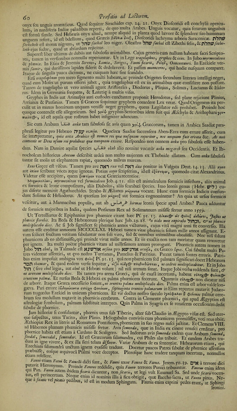 onyx feti unguis aromaticus. Quod fequitur Sirachides cap. 24. 21. Onyx Diofcoridi eft conchylii opercu¬ lum, in nardiferis Indim paludibus reperti, de quo multa Arabes. Unguis vocatur, quia ferarum unguibus elt forma fimile. Sed Hebrmis onyx aliud, nempe aliquid in planta quod laevore &amp; fplendore fuo humanum unguem refert, id eft bdellium, quod Graecis cW£, Diofcoridi lachryma arboris Saracenicae. fechekth elf aroma nigrum , ut 'mV fachal leo niger. Oleaftro bVW fachal eft Zibethi felis ,&amp; nbwMe- leth eius fudor, quod ut abiurdum rejicitur. _ . Supereft liber ultimus de dubiis aut fabulofis animalibus. Cujus generis cuni nullum habeant facri Scripto¬ res tamen in verfionibus nonnulla reperiuntur. Ut in Lege tragelaphus, gryphes &amp; ixos. In Jobo myrmecoleon &amp; phoenix. In Efaia •&amp; Jeremia Sirenes, Lamia, Striges, Fauni ficarii, Piloji, Onocentauri. In Ezekiele ver¬ misfamir, qui duriftimos lapides fiderit &amp; dedolaverit. Et paftim monoceros, qui hodie nufquam comparet. Itaque de fingulis pauca dicimus, ne cuiquam htec fint fcandalo. Etfi tragelaphum pro mero figmento multi habeant, ac proinde Origenes fecundum literam intelligi neget', quod eum Mofesut purum offerri jubet , quia tragelaphus eft ex iis animalibus quae confiftere non pofiunt. Tamen de tragelapho ut vero animali agunt Ariftoteles , Diodorus , Pliqius, Solinus, Lucianus Ifido- rus. Idem in Germania frequens, 6c Luteti^ a multis vifus. Gryphes in Indis aut Arimafpis auri cuftodes cundanter proponit Herodotus, fed plane rejiciunt Plinius, Amanus Paufanias. Tamen fi Graecos fequimur gryphem comedere Lex vetat. Quod Origenem ita per¬ culit ut in manus hominum unquam venifle neget gryphem, quem Legiftator edi prohibet. Proinde hoc quoque contendit efte allegoricum. Sed ypuj/ gryphus Senioribus idem fuit qui iEfchylo 8c Ariftophani ypv* TiotkT©-1, id eft aquila quae roftrum habet infigniter aduncum. V « - ) \ ‘ 1 I Sic cum Arabum lanka tam fibulofi fit avis quam yptj, Graecorum, tamen in Arabica Saadftepara- phrafi legitur pro Hebraeo iTJIT otcnija. Quocirca Saadice fuccenfens Aben-Ezra eum errare afferit, cum fic interpretatur, quia anca Arabice eft nomen rei qua nufquam repentur, nec unquam fuit creata tkc. At non convenit ut Deus ufum rei prohibeat qua nunquam extttit. Relpondeo non omnem anka pro fabulofa efte haben¬ dam. Nam in Damire aquilae fpecies eA.a.£ olab alio nomine vocattir anka megareb feu Occidentis. Et lb= nocholcan hiftoricus Ancam defcribit ardea non multo majorem ex Thebaide allatam. Cum anka fabulofa tantae fit molis ut elephantem rapiat, quomodo milvus murem. Ixos Grece eft vifcus. Tamen pro ave raa vel HfrH daa ponitur in Vulgata Deut. 14.15. Alii xyon aut ixion fcribunt voces aeque ignotas. Potius oxyn fcripferim, id eft ofvVrgpov, quomodo citat Alexandrinus. Videtur efte accipiter, quem vocat Graeciarecentior. , myrmecoleon vel formicoleon Job. 4.11. aliis eft animalculum formicis infeftum, aliis animal ex formica &amp; leone compofitum, aliis Diabolus, aliis fcarabaei fpecies. Imo leonis genus (Hebr. Wb) cu¬ jus diferte meminit Agatharchides. Strabo &amp;/Elianus vocant. Hunc cum formicis Indicis confun¬ dunt Solinus &amp; Heliodorus. At quorfum leo aut formica cognominatur ? An quia ut urfus formicis vefcitur, aut a Marmacibus populis, aut ab yjAjsJ** htrmas leonis fpecie apud Arabes? Pauca adduntur de formicis majoribus in India, qualem Perfarum Rex ad Solimannum mififte fertur anno iffp. Ut Tertullianus &amp; Epiphanius pro phoenice citant haec Pf. 91. 13. AUou@r u? Qo7vi% averti, Rufius ut phoenix florebit. Ita Beda &amp; Hebraeorum plerique haec Job. 29.18. rn nido meo expirabo &amp;*ut phoenix multiplicabo dies. Ac ft Job fignificet fe phoenicis annos victurum, cujus vita magni anni fit converfio. Illa autem efte creditur annorum MCCCCLXI. Hebraei tamen vitas phoenicis folum mille annos aftignant. E- vam fcilicet frudum vetitum fibulantur non foli viro, fed &amp; omnibus animalibus obtulifle. Nec nifi folum phoenicem ab eo abftinuifte, qui proinde vivat mille annos. Et iis exadis non tam moriatur quam renovetur per ignem. Ita multi poetae phoenicis vitam ad millefimum annum prorogant. Phoenicis autem nomen in Jobo *?in chul, in Talmude eft NWVIK orfina pro ornifa, ex Graeco opis. Cui fabulm multi Pa¬ tres videntur aflentiri, ut evo noftro Turrianus, Pamelius &amp; Patritius. Patent tamen fontes erroris. Patri¬ bus enim impofuit ambigua vox #oiVi£ Pf.91.13. qua non phoenicem fed palmam fignificari docet Hebraeum “1DH thamar, &amp; quod eodem verfu fequitur , ou, ut cedrus multiplicabitur. Et in Jobo bin (five chol legas, aut chul ut Hebraei volunt) nil nifi arenam fonat. Itaque Jobi verba reddenda funt &amp; ut arenam multiplicabo dies. Ibi tamen pro arena Graeci, qua de caufa incertum, habent truncum palma. Et rurfus Beda &amp; Hebraei ex palma phoenicem fecerunt. Quamvis non dicatur nifi de arbore. Itaque Graeca neceflario fonant, ut truncus palma multiplicabo dies. Palma enim eft arbor valde lon¬ gaeva. Pari errore iGJoptlxoirr# yeAejp» <txuvuwv, feptuaginta truncos palmarum inElim repertos mutavit Judaeo¬ rum tragoedus Ezekiel in unicum phoenicem. Et vir dodus noftro feculo ov $ (pavwog palmee cere¬ brum feu medullam mutavit in phoenicis cerebrum. Contra in Clemente phoenici, qui apud jEgyptios eft aftrologiae fymbolum, palmam fubftituit interpres. Quin Palma in Syagris ex fe renafcens occafionem dedit fabulae de phoenice. Jam hiftoriae fi confulantur, phoenix unus fub Tiberio, alter fub Claudio in Aegypto vifus eft. Sed uter¬ que fufpedus, unus Aucito, alter Plinio. Heliogabalus convivis cum phoenicem promififlet, voti reus obiit. AEthiopiae Rex in literis ad Romanum Pontificem, phoenicem in fuo regno nafci jaditat. Et Clemens VIII.* ad Hibernos plumam phoenicis mififte fertur. Avis femenda, quae in India ex cinere renafci creditur, pro phoenice habita eft etiam a Cardano 8c Scaligero. Sed Indorum avis [emenda eadem quae Arabum femend, fendaf femendal, femendar. Id eft Graecorum falamandra, cui Philes alas tribuit. Et eandem Arabes tra¬ dunt in igne vivere, &amp;ex illa fieri telam d(Gtsov. Variae Arabum de ea fententiae. Hebraeorum etiam, qui Tzechiam falamandra undum ignem evafifTe tradunt. Docetur paucos Patres fibula de phoenice aflenfum piaeiui e, eoique jequivoca Pfalmi voce deceptos. Plerofque hanc tradere tanquam incertam, nonnullos etiam rerellere. Faumcxim-i Fatui &amp; Fatue Ili didi funt, &amp; Fauni uxor Fauna &amp; Fatua. Jerem.fo.39. a terrore dici putavit Hieronymus. Proinde Faunos reddidit, quia Fauno terrores Punici tribuuntur. Faunus enim idem ?ur eftn,i^ non fleam, ut legi vult Emanuel Sa. Sed unde ficarii voan- r P • , tum: emm ld nominis illis a ficu obtigit, quae Baccho facra, ut Fauno pinus. Ne- q fi ais 'e picatis pedibus, id eft in modum Sphingum. Faunis enim caprini pedes erant, at Sphingi leonini,