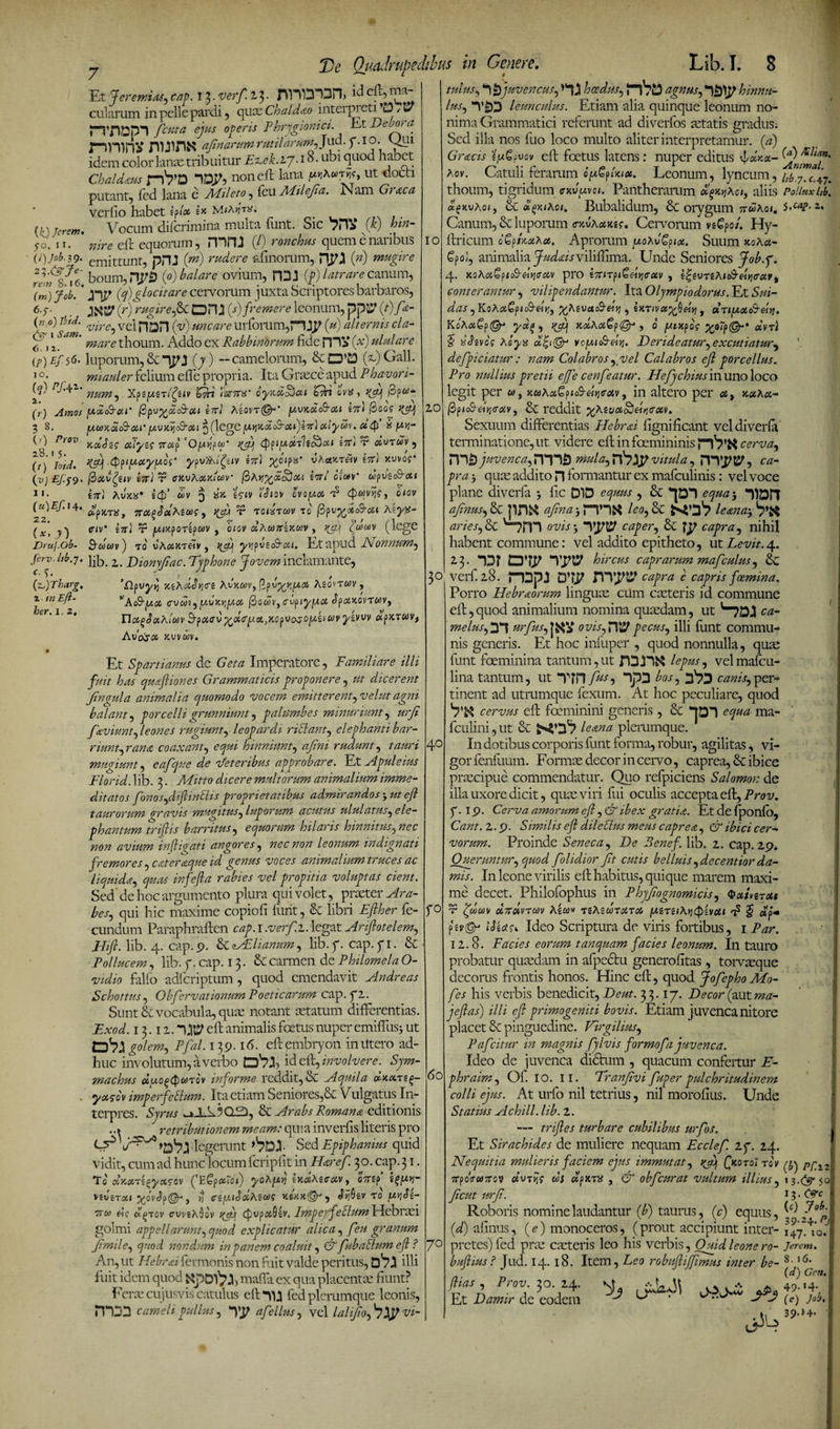 fO. II. (i)job. 39. 2 l.&amp;Je- rem 8.16. (ra) Job. 6->'• . (72,5) 7$/A (V’ 1 6.12. (/’) Ej~- $6' 10. (?) /7/4J- 2. (7 ) Amos 3 8. (f) /Vox» 2.S. 1 5: (/) btd. \v) Ef.f9’ I 1. (a)£/i+, 22. (*’ J) Druj.Ob- ferv. lib.]. M- i^yrharg. 7. m Eft- Er. 1,2, 7 Li'o. I. 8 Et f tremat, cap. 13. verf. 13. nnOT3n, W eft, ma¬ cularum in pelle pardi , quxChaldao inteip3eti’D/w iTnDpl fcttta ejus operis Phrygionici. Et Decora j—iy-qp|\f nUlHi* ajinarum rutilarum, Jud. f. IO- idem color lanae tribuitur Ez.ek.zj-18. ubi quod haoet Chald&amp;us piVD non eft lana ut docti putant, fed lana e AAAw, feuMilefia. Nam Graea verfio habet zftot 1« Vocum diferimina multa funt. Sic 7HV (*) hin¬ nire eft equorum, mHJ (/) ronchus quem e naribus emittunt, pru (m) rudere almorum, HT Jl (») mugire boum, (o) balare ovium, rDJ (f) latrare canum, jpj* (cj)glocitare cervorum juxta Scriptores barbaros, JK8? (r) rugire, ■emere leonum, pp«7 (V) fie- vire, vel nbn (V uncare urforum,rUP (») alternis cla¬ mare thoum. Addo ex Rabbinorum fide PPV (■*) ululare luporum,&amp;“ipj (7) -camelorum, (&amp;) Gall. miauler felium efte propria. Ita Graece apud Ahavori- num, 'X.pzjzrifciv b^ri 'demr dyaxj)ai clfa bv%, 3pw* po(Spv^dAxi eri Aio\a@r’ jvkxc&amp;ou eri ,Soo? JC0XXC&amp;a.l’ JVKyjC&amp;Otl ^(lege M>J>C«oS-<X»)67r)«(2/WV. «<$ 8 /2>J- xolSiS otlyzs 7rap 'Ojypw ^q (ppijotThcdcu iri v doruv, ^oq .Qpijxyjos' ypu^Ki^giv e7r) %c<pa* vAax.Te5v e/T) icvvof fiouuipHv iri t ffJcuAotKiwv’ PAyyxohai iri oj«V cJpueoS-«at* C7T) AvXX* !<J>’ «V 3 sE V<v bllOV OVOJOi T? 0<OV ap!tT», irasciAzug, r toGtcov to (dpv^xc&amp;ou Azyx- triv‘ iri v jUiJtporepwv , o<ov dAconzxoev , ^cq <Vwv (lege Sdwv) to i)Ac4kt«v , ^rq j/vjpoeAoiu Et apud Nonnum, lib. 2. Dionyjiac. Typhone Jovem inclamante, jcgAixdVe At'xft7i', fyvffi/uot Aztrrav, ‘Ao9|U04 CVUt, JVKVjJX j3oc5V, (Tupfyqot «IpoiKOVTWV, Iloi^oiAiwv S^pacu ^occr^a)xcipuojO|uh&amp;>j' «p/CTWV# Av^oi jcvvwv. IO 20 Et Spartianus de Ar/tz Imperatore, Familiare illi fuit has qmftiones Grammaticis proponere, ut dicerent Jingula animalia quomodo vocem emitterent, wAtf agm balant, porcelli grunniunt, palumbes minuriunt, urji faviuntfleones rugiunt, leopardi mclant^ elephanti bar¬ riuntor ana coaxant, hinniunt, zz/i>zz rudunt, tzzzzrz mugiunt, eafque de Feter ibus approbare. Et Apuleius Florid. lib. 3. Mitto dicere multorum animalium imme¬ ditatos fonos^diftinSUs proprietatibus admirandos -yutejl taurorum aravis mugitus^ luporum acutus ululatus^ ele¬ phantum trijl/s barritus, equorum hilaris hinnitus^ nec non avium infligati angores, nec non leonum indignati f remores ^cateraque id genus voces animalium truces ac liquida, nzfe vel propitia voluptas cient. Sed' de hoc argumento plura qui volet, praeter Arrz- A.r, qui hic maxime copiofi furit, &amp; libri fe¬ cundum Paraphraften cap. 1 .wr/E. legat Ariflotelem, FUJI. lib. 4. cap.9. &amp;MLlianum, lib. p. cap.pi. &amp; Pollucem, lib. f. cap. 13. &amp; carmen de Philomela O- vidio fallo adferiptum, quod emendavit Andreas Schottus, ObfervationumPoeticarum cap. p2. Sunt &amp; vocabula, quae notant aetatum differentias. .E.rod. 13.12. Uty eft animalis foetus nuper emiffusj ut CD^Jl Pfal. 139.16. eftembryon in iltero ad¬ huc involutum, a verbo id eft, involvere.^ Sym¬ machus duogQiooTQv informe reddit, &amp; Aquila ot-KXTtg- yxcov imperfeSlum. Ita etiam Seniores,&amp; Vulgatus In¬ terpres. Syra! ^JLk5CL2), &amp; Arabs Romana editionis ..i retributionem meam: quia inverfis literis pro legerunt Sed Epiphanius quid vidit, cum ad hunc locumfcripfit in iffien?/. 3 0. cap. 31. To oixoiTj^yotfov ('E^pctto») yoAptY] tKxAzeciv, ozrep vsosra» jj ay.iSxKico? xsxx^, drfitv to uvjJj- ttw ei? k^tov (ruveXddv j£$q cpupotQ/z^^-^^zzwHcbraei golmi appellarunt, explicatur alica, /?zz granum Jimile, nondum in panem coaluit, &amp; fubablumejl ? An, ut Hebrai fermonis non fuit valde peritus, illi fuit idem quod maffa ex qua placentae fiunt? Ferae cujusvis catulus eftnu fed plerumque leonis, mM cameli pullus, yp afellus, vel lalifiofjty vi- 3° De Quadrupedibus in Genere. tulus, 7 tyjuvencus, hoedus, agnus^ hinnu¬ lus, leunculus. Etiam alia quinque leonum no¬ ni ma Grammatici referunt ad diverfos aetatis gradus. Sed illa nos fuo loco multo aliter interpretamur. (4) Gracis tuQ.vcv eft foetus latens: nuper editus fdrx- Aov. Catuli ferarum opGfUix. Leonum, lyncum, i,y 7. thoum, tigridum cAp.m. Pantheramm x^aci, aliis PolluxUb. agKvAoi y t-c ol^y.iAoi. Bubalidum, 6c orygum ttwAo/, 2. Canum, 6c luporum o-jtuAotKs?. Cervomm vs€po/. Hy- ftricum ofyfoctA*. Aprorum uoACota. Suum xoAci- Cpoi, animalia Judais vilifiima. Unde Seniores Job.p. 4. JcoAos£p/o9-«V&amp;v pro innj^eiy]cxv , e^urgAJoS-ef^o-ap, conterantur, vilipendantur. Ita Olympiodorus. Et 5V«- das ^KoAxGpic&amp;dr,, xAtvac&amp;eui , 6Xt/v«^0«>j , otTijxcFdy]. KoAuGptGp ydt>^ rjj\ x,xAa£p@J , 0 jUixpoc %o7f>d\n) 5 «JgvoV Ae^-y d%t&amp; vcjuGeiy. Derideatur^ excutiatur^ * defpiciatur : nam Colabros yvel Calabros ejl porcellus. Pro nullius pretii effe cenfeatur. Hefychius in uno loco legit per «, xaAxGoicS-dycav, in altero per 04, jc#a«- ^jniFeiJcxvy &amp; reddit ^Agyot^dTnrav. Sexuum differentias Hebrai fignificant vel diverfa terminatione, ut videre eftinfoemininis nS’x cerva, tnuia^rb^ vitula, rrvp&amp;y, ca¬ pra , quae addito H formantur ex mafculinis: vel voce plane diverfa y fic D1D equus , &amp; llDll ajinus^ &amp; |in^ ajina 3 leanay anesj&amp; v“7rn «w; caper^ &amp; fp capra, nihil habent commune: vel addito epitheto, ut Levit.4. 2.3. CW hircus caprarum mafculus, &amp;C verf. 28. n3pj D’?P capra e capris foemina. Porro Hebraorum linguae cum caeteris id commune eft,quod animalium nomina quaedam, ut v-?Ddl ca¬ melus, 31 urfus, owb, n*^ p ecus, illi funt commu¬ nis generis. Et hoc infuper , quod nonnulla, quae funt foeminina tantum,ut lepus, velmafcu- lina tantum, ut T?n fiSi pD , canis, per¬ tinent ad utrumque fexum. At hoc peculiare, quod cervus eft foeminini generis , &amp; J01 equa ma- fculini,ut &amp; leana pleramque. 1 In dotibus corporis funt forma, robur, agilitas, vi¬ gor fenilium. Formae decor in cervo, caprea, 8c ibice praecipue commendatur. Quo refpiciens Salomon de illa uxore dicit, quae viri fui oculis accepta eft, Prov. y. 19. Cerva amorum efl ,&amp; ibex gratia. Et de fponfo, Cant. 2.9. Similis efl dilectus meus caprea, &amp; ibici cer¬ vorum. Proinde Seneca, De Benef. lib. 2. cap. 29. Queruntur, quod folidior Jit cutis belluis ,decentior da¬ mis. In leone virilis eft habitus, quique marem maxi¬ me decet. Philofophus in Phyjiognomicis, Qutmxt v Jdm olTrdvToiv Azaiv TcAzw-cxta jztziAytyzvcti F § ctf* ftv&amp; Gy.c<. Ideo Scriptura de viris foitibus, 1 Par. 12.8. Facies eorum tanquam facies leonum. In tauro probatur quaedam in afpccfcu generofitas , torvmque decorus frontis honos. Hinc eft, quod JofephoMo- fes his verbis benedicit, De ut. 33.17. Decor (aut ma- jeflas) illi efl primogeniti bovis. Etiam juvenca nitore placet &amp; pinguedine. Virgilius, Pafcitur m magnis fylvis formofa juvenca. Ideo de juvenca dictum , quacum confertur F- phraim, Of. IO. II. Tranjivi fuper pulchritudinem colli ejus. At urfo nil tetrius, nil morofius. Unde Statius Ac hili. lib. 1. — trifles turbare cubilibus urfos. Et Sirachides de muliere nequam Ecclef. ij. 24. Nequitia mulieris faciem ejus immutat, rf) JkotoItov pf.i irpd<TU7rov doiY.$ di cqxrtf , &amp; obfcurat vultum illius, «3.^* 50, Jicut urjt. 13 • Cvc Roboris nomine laudantur (b) taurus, (c) equus, ^ 1 (d) afinus, (e) monoceros, (prout accipiunt inter- i^^o. pretes)fed prae caeteris leo his verbis, Ouidleonero- Rrem. buftius? Jud. 14. 18. Item, Leo robuflijfimus inter be- 8-,6* (d) Gen. (lias, Prov. 20.24. \t ••• L,U 40 60 70 I Et Damir de eodem (e) Job, _ 39.H