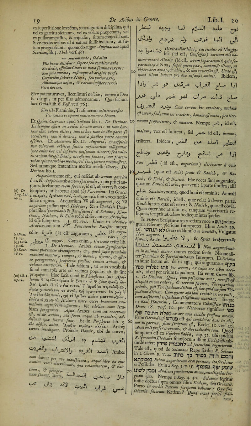 20 |C.U*xyO i__> *~^\ Arabes nomine vocrf ^ hnaufpicata , atque ideo ex ejus voces derivarunt, qua calamitatem, iz- ***» 5 # peregri¬ num fonant. Item, ^-Wdl JLa ^ *3$ • i/ cx fuperftitione invedtus, totaaugurum difciplina, qui vel ex garritu ofcinum, vel ex volatu praepetum, vel ex pullorum partu, &amp; tripudio, futura conjectabant. Sive credas avibus id a natura fuifte inditum, ut fu¬ tura praegnofeant: quomodo augur Amphiaraus apud Statium, lib. 3. Theb. verf 481 • — mirum unde, yW olim Hic honor alitibus : fupera feu conditor aula Sic dedita ejfufum Chaos in nova femina texens : Seu quia mutata , noflraque ab origine verfs Corporibusfubiere Notos, feupurior axis, Amotumque nefas, &amp; rarum infjlere terris Vera docent. Sive putentur aves, licet futuri nefeim, tamen a Deo rtc dirigi, ut per illas admoneamur. Quo faciunt haec Ovidii lib. 6. Fafl. verf 763. S int tibi Flaminius, T rartmenaque Ut tora t eft es Per volucres aquum multa monere Deum. Et Quinti Ciceronis apud Tullium lib. I. De Divinat. 10 Eademque efficit m avibus divina mens : ut tum huc, tum illuc volent alites 3 tum in hac tum in illa parte fe occultent 3 tum d dextra, tum a fniflra parte canant ofeines. Et Ammiani lib. 21. Auguria, &amp;aufpicia non voluerunt arbitrio futura nefeientium colliguntur (nec enim hoc vel infpiens quifquam diceret) fed vola¬ tus avium dirigit Deus, ut rojlrum fonans, aut prater- volanspinna turbido meatu, vel leni) futura pramonftret. Sed utramque fententiam merito refellit Cicero, De Divinat.lib. 2. ' Augurium nemoert, qui nefeiat ab avium garritu dici, bc Aufpicium ab avibus fp e ciendis, quia prifei au¬ gures dicebantur avem /fecere, id ert, afpicere, &amp; con- (h) De templari, ut habetur apud (h) Varronem. Ita Gracis A oicovtirfAcf j o^viQoirKOTriKtj) ogvitoy.oi\t«a, funt voces notif- rtmae oiignns. Atquorfum 7— ert augurari, &amp; augurium partim apud HebraoS) &amp;in Chaldais Para- phrartbus Jonathanis &amp; Jeruf ilem f R. Selomo, Kim- chius) Nat h an, &amp; Elias redte obfervant ex Arabifmo id efle fumptum. ^ ert avis. Unde in Arabico Arabice nimirum S Pentateucho Parifns nuper (i) tVum. ec^t0 (0 ert augurium, W augu- 23.23. t\ u rari, &amp; (10 Levit. sAzXs* ^ augur. Cum enim , Cicerone terte lib. '?• i6.  I • De Divinat. Arabes izz/xmk famficatio- mbus plurimum obtemperent, &amp;, quod paflu pecudum maxime utuntur) campos) &amp; montes, Verne , &amp; alla¬ te peragrantes) propterea facilius cantus avium) &amp; vo.atus notaverint. Inde factum , ut artis vocabula limul cum ipfa arte ad vicinos populos ab iis rtnt (m) Lib. 1. Propagata. Huc facit quod in Philoflrato . (m) Apol- c/,14. lomus r Ap«g<0y rpoVov e? |vWi* ^ * t5to r 'Ap*^ ttopeuA^,©- «piW yiw«orT«» re «W, prpatroW « KOIVCV, ^ T0' IV CiWs/V piXVTZVO A/coV c“ Qf c‘ fflwp0*» Arabum brutorum ani¬ malium cognofeere a/fuevit , hoc edoElus cum Ara- iam peragraret. Apud Arabes *»»» zW receptum eft ) ut ab avibuS) non fecus atque ab oraculis, z^- di/camqua futura funt. Et in Porphyrio lib. 2. e a Jlin. anim. ApaSe? xopax^v Arabes tnte/ligunt. Proinde DW, ubi de corvo, O-* tfUH shubus in Genere. *■ /.« u • U5 (4? Lib. f. 20 C5» 20 ^ <5,^31 .y.X Dixit anclor l ibri , czzz m»Zar ejl Mugia- hfi (id ert, ConfcJ/us j corvum alio no¬ mine vocari Albain (id ert, avem feparationis) quia fe- paratus efl a INToa , fuper quem pax, cum mijit illuni) ut I0 obfervar et aquas )&amp; abiit non reverfuseft. Unde ef, quod illum habent pro ave infaufi ominis. Ibidem, o'/* Cum corvus bis crocitat, malum efi omen yfed, cum ter crocitat, W/zwz efl omen, pro lite- rarum proportione, &amp; numero. Nempe ^ y id ert, malum) vox ert bilitera , fed id ert, bonum- trilitera. Ibidem, A'1 t/” C • • oo La2» C- Vox ^IzS (id ert , augurium ) derivatur d voce 3° A - ^ nvisj prout (A Sanich , uf nch, ef Kaid, U' AfHm voces funt augurales, quarum Sanich ert avis, quse venit a parte finiftra 3 alii Sacchin vocant, quod boni ert ominis: Atmali oimmseft B arido, id ert, quae volat a dextra parte. Kaid dipitur, quae ert retro: &amp; Natich, qu^e ert obvia. Quae obiter huc attulimus, tanquam veteris artis re¬ liquias, feriptis Arabum hodieque interfperfas. In Hebr&amp;o Scripturae textu etiam vocem 5?n J ad au¬ guria referunt plerique Interpretes. Hinc Levit. 19. imin N7 Gracireddunt’Oux oiuimcbe. Vuluatus Non augura- * ^ .. . . ° bimini, Arabs 'A A*2* A , Sc Syrus i7r^yt]Tnug Non augurabimi- 40 r° m mammah alato: omnes eodem fenfu. Neque ali teiJonathan &amp;C J erofolymit anus Interpres. Et Selon m lunc J°cum ait de iis agi, qui augurantur £llp •'P a ^ <flJent'> ex CMjHS ore cibus deci dit) id ert per avium tripudium. Ita enim Cicero HI 2 DeDivmat. Quia, cumpafcuntur aves , Ze/fta aliquid ex ore cadere &amp; terram pavire, Terripavium primo ) pofl Terripudium ditium efl) hoc quidem jam Tri pudium dicitur. Cum igitur offajam cecidit ex ore pulli tum anfpicanti tripudium foliflimum nuntiant. Itaqui in Baal Hatmrim , Commentatore Cahdiliko tffrnr Dmt. 18. verf 10. per Notoriam %mficat V3. •/t? nDTin n?SJ ex ore meo cecidit frtfflum meum Et in GerundenJiyJW^y eft ri confidebat aves in alis 00 amsngarrttH ficu, fertpum efl, Ecclef 10. veiC 10 Avis cod, proferet vocem, &amp; ales indicabit rem Ouo' inmptum eft ex VajekraRabba, cap.» ubiqiS R. feremiasF.lpar an . 3- 70 f ■ J~E‘eaA filius locum illui A ffici furde refert aJ />• *• J J l 1 w * lOJn 7 tia Jcientiam auguriorun. Tale eft, quod de Solomone Rege feribit R. Selem m 2 chron. 9. v. 4. Dino y>zn n»n ddh **rPn*? Et[am “piorum erat peritus, itaferibitu TfRe^:v-ir- «Ivssd fv pm j joi siudiensgarrientem avem, intelliaebat lin S T% 7empe 1 Rei' 4' 3°' Sol°™» leeitu PoS, iL VI om™sT°SKedem > k» Orientis orro ,n verbis Patrum fcriptum habetur : Que fui fetent,a filiorum Kedem ? Quod eram perifs fide rum.