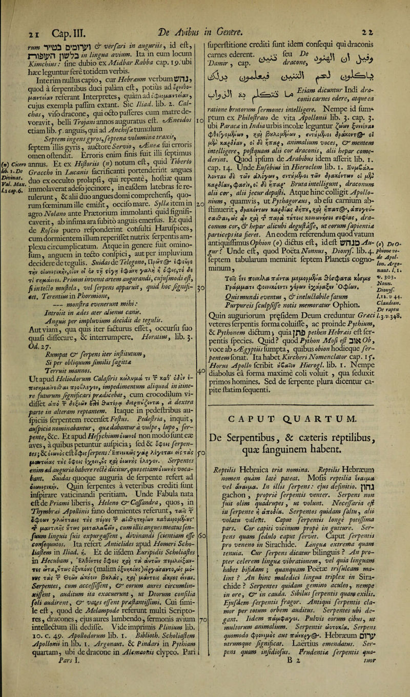 rnm *V’£3!j D*DHP1 &amp; 'V^fari ln auguriis , id eft, mST^n m Hagua avium. Ita in eum locum Kimchius: line dubio exMidbar Rabba cap. 19. ubi haec leguntur fere totidem verbis. Interim nullus capio, cur Hebraum verbum quod a ferpentibus duci palam eft, potius adofibo- pavr«*v referant Interpretes, quam ad c QtofMtvieixv, cujus exempla pafiim extant. Sic Ihad. lib. z. Cal¬ chas , vilb dracone, qui octo palleres cum matre de¬ voravit , belli Trojani annos auguratus elt. asEneidos etiam lib. y, anguis, qui ad Anchife tumulum Septem ingens gyros, feptena volumina traxit, leptem illis gyris, au£tore Servio, i/Enegi lui erroris omen ollendit. Erroris enim linis fuit illi feptimus (») Cicero annus. Et ex Hijloriis (n) notum eft, quid Tiberio Itb. i. De Graccho in Lucanis laetificanti portenucnnt angues £7™'- duo ex occulto prolapfi, qui repente, hoftfie quam l.i cat>,6* immolaverat adelojecinore, ineafdem latebras le re¬ tulerunt, &amp; alii duo angues domi comprehenfi, quo¬ rum foeminam ille emifit, occifomare. Sylla item in agro Nolano ante Praetorium immolanti quid fignifi- caverit, ab infima ara fubito anguis emerfus. Et quid de Rofcio puero relponderint confiilti Harufpices, cum dormientem illum reperiflet nutrix ferpentis am¬ plexu circumplicatum. Atque in genere fuit omino- fum, anguem in te<5to conlpici, aut per impluvium decidere de tegulis. Suidas de Telegono, Uf ut &amp; Ttjv OlUlVigiXyjv,o!ov £i OV Tij $Zyv\ J ycCAvj Y) OCpifjTO Si rl ffrifAoiivit. Primus invenit artem augurandi, cujufmodiefi, ji in teblo mufiela, vel ferpens apparuit, quid hoc Jigniji— get. Terentius in Phormione, — monjlra evenerunt mihi: Introiit in ades ater alienus canis. Anguis per impluvium decidit de tegulis. Aut viam, qua quis iter facturus eflet, occurfu fuo quali diftecare, &amp;: interrumpere* Horatius, lib. 3. Od. 27. Rumpat CF ferpens iter injlitutum, Si per obliquum Jimilis fagitta Terruit mannos. Ut apud Heliodorum Calajiris xuAvy,» ti t xotf oScv i- TTKTYif/.oilvzc&amp;otii 7rpovAzyzv, impedimentum aliquod imtine— re futurum fgnificari pradicebat, cum crocodilum vi- diflet duo t fZUri ^uTtfxx, Sn^7rv^ovtcs , a dextra parte in alteram reptantem. Itaque in pedeftribus au- fpiciis ferpentem recenfet Feflus. Pedeftria, inquit, aufpicia nominabantur, qua dabantur a vulpe, lupo, fer- pente, &amp;c. Et apud Hefychium ouovol non modo funt eae aves, a quibus petuntur aufpicia -, fed&amp; o<p£<s ferpen- tes;6couovo?eft.o(pisferpens: EiriiULugyoig hzyiTXi eigidg fjcoHrdas txs o(pe<? W °luv*s eAsyov. Serpentes enim ad auguria habere reble dicitur, quos etiam aiuvls voca¬ bant. Suidas quoque auguria de ferpente refert ad oumgiKw. Quin ferpentes a veteribus crediti liint infpirare vaticinandi peritiam. Unde Fabula nata eft de Priami liberis, Heleno Cr Cajfandra, quos, in Thymbrai Apollinis fano dormientes referunt, t»Ts t ctyzwv yAumoiis rls 7S0fas v #u&amp;jjT»jp/«v Kx^xifOjA^isg' fAMVTjKtjc urus [MTuAciGeiv, cumillis angues meatusfen- fuum linguis fuis expurgajfent, divinandi feientiam ejfe confequutos. Ita refert Anticlides apud Homeri Scho- liajlem in Iliad. r,. Et de iifdem Euripidis Scholiajles in Hecubam , 'EaOovtj? oQus J£cq rd xvtuv 7tifihd^xv- r«f uraferug ot-vKQXi (malim o^vyiKoas)d^yd<roivroidg (aq- Tois v ©zuv dwuv ftxAcig, qjjf [mxvt i ii dxpxg eivai. Serpentes, cum accejfijfent, &amp; eorum aures circumlin- xijfent, auditum ita exacuerunt , ut Deorum conjilia feli audirent, Cr vatfs ejfent praflantijfemi. Cui fimi- le eft , quod de Melampode referunt multi Scripto¬ res , dracones, ejus aures lambendo, fermonis avium intellectum illi dedifie. Vide imprimis PUnium lib. 10. c. 49. Apollodorum lib. I. Biblioth. Scholiajlem Apollonii in lib. 1. Argonaut. &amp;C Pindari in Pythiam quartam, ubi de dracone in ALmaonis clypeo. Pari Pars I. De Apibus in Genere. iz fuperftitione crediti limt idem confequi qui draconis carnes ederent. 4 . v leu De t . ^ t •i 1 10 20 Damir cap7 tp*** dracone, 0 ^ r3 # L/3 3° 40 r° UJJ Etiam dicuntur Indi dra¬ conis carnes edere, atque ea ratione brutorum fermones intelligere. Nempe id liim* ptum ex Philojlrato de vita Apollonii lib. 3. cap. 3. ubi Paracx in India urbis incolas leguntur Zfem (pQifyofefcuv , , cnlfefaot JpccxovT@* oi fefe xxfeixv, oi Si i;7rxg, animalium voces. Ommentem intelligere, poflquam alii cor draconis, alii hepar come¬ derint. Quod ipfum de Arabibus idem aflerit lib. 1* cap. 14. Unde Eufebim in Hieroclem lib. 1. Suju€aA- Aovt<x< S\ twv dKoym, cms/s&amp;oi ruv Spxxovrm 01 feft xxgSUv, <$ot,<r)v, ol Si viTvafp Bruta intelligunt, draconum alii cor, alii jecur depafti. Atque hinc colligit Apollo¬ nium , quamvis, ut Pythagoreus, abefu carnium ab- ftinuerit, Spxkqvtm xxgSlots S^ttu,n7ruT@rj,aVo^sJ- cotcQ-oti, ug opv 'J? Tt&amp;pd t«toig xoivwbeai cotbixg, dra¬ conum cor, &amp; hepar alicubi degufldjfe, ut eorum fapientia particeps ita fieret. An eodem referendum quod vatum antiquiflimus Ophion (0) di£tus eft, id eft tyflJDAlu- (0) r>eO- guri Unde eft, quod Poeta Nonnus, Dionyf. lib. 4. phtonevt- leptem tabulamm meminit feptem Planetis cogno- fonAjfel'g minum, Zut.Tu Tofr ivi TtOlxlkXttdivTX [At[A0p$Sct> NiffQlOVta KOfffAiS rpotfXfAXTi tyoivixbivn ytpav \%dpa%tv 'Otylav, Quis mundi eventus , &amp; inelubiabile fatum Purpureis fculpjijfe notis memoratur Ophion. Quin auguriorum prqfidem Deum creduntur Grtci /.3,^ 348. veteres ferpentis forma coluifle, ac proinde Pythium, &amp; Pythonem dictum -, quia JHS) pethen HebrTis eft fer¬ pentis Ipecies. Quid ? quod Python Mofi efi 31^ Ob, Voce ab zAFgyptiis fumpta , quibus obion hodieque fer¬ pentem lonat. Ita habet Kircheri Nomenclator cap. 1 f. Horus Apollo (cribit IGxTqv Hierogl. lib. i. Nempe diabolus ea forma maxime coli voluit , qua feduxit primos homines. Sed de ferpente plura dicentur ca¬ pite ftatim fequenti. 303. Nonn. DtonyP 1.11. v 44. Claudtan. De raptu 60 70 CAPUT Q.U ARTUM. De Serpentibus, &amp; caeteris reptilibus, quas fanguinem habent. Reptilis Hebraica tria nomina. Reptilis Hebrteum nomen quam late pateat. Mofis reptilia ivoufxx vel olvoupix. In illis ferpens: ejus definitio, jinj gachon , proprie ferpentis venter. Serpens non fuit olim quadrupes, ut volunt. Necejfaria ejl in ferpente n dntoSlx. Serpentes quidam faltu , alii volatu valeYit. Caput ferpentis longe potijfima pars. Cor capiti vicinum prope in gutture. Ser¬ pens quam fedulo caput fervet. Caput ferpentis pro veneno in Sirachide. Lingua extrema quam tenuia. Cur ferpens dicatur bilinguis ? An pro¬ pter celerem lingua vibrationem, vel quia linguam habet bifidam ; quanquam Poeta: trifulcam ma¬ lint ? An hinc maledici lingua triplex in Sira¬ chide ? Serpentes quidam gemino aculeo, nempe in ore, £r in cauda. Sibilus f rrpentis quam exilis. Ejufdem ferpentis fragor. Antiqui ferpentis cla¬ mor per totum orbem auditus. Serpentes ubi de¬ gant. Iidem 7TXfA^xyoi. Pulvis eorum cibus, ut multorum animalium. Serpentis uoroxix. Serpens quomodo aut 7rdvxQy&amp;. Hebrasum DVtfP utrumque fignificat. Laertius emendatus. Ser- , pens quam injidiofus. Prudentia ferpentis qua- B z tuor