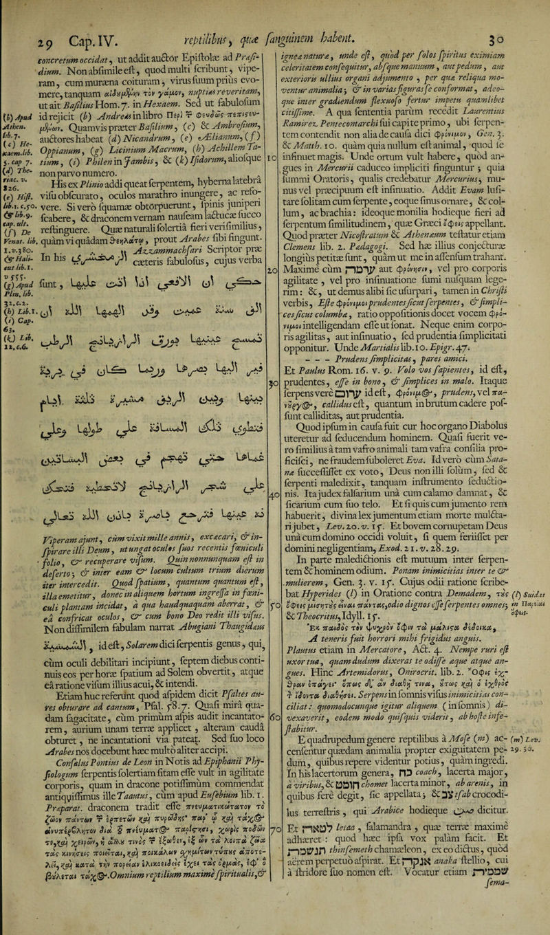 (b) 4pud JLthen. tib. 7. (c) He- Knem.lib. $.cap 7. {d) The- rtac. v. tz6. (e) Hlft. ltb.\. c.70. (gith. 9. <ap. ult. (f) De Venat. Itb. I.v.380. Hali- eu.t Itb.X. (g) Jpud Plin, Itb. 32,0.1. (1b) Lib. I. (/) Cap. 63* (O ^ li.c.6. z 9 Cap. IV. reptilibus) concretum occidat, ut addit auctor Epiftolas ad Pigfi- dium. Nonabfimileeft, quod multi fcribunt, vipe¬ ram, cum muraena coituram j virus Ilium prius evo¬ mere, tanquam otiSy^yiv 'tov yauov, nuptias reveritam, ut ait Bafihus Hom. 7. in Hexaem. Sed ut fabulofum id rejicit (b) Andreiu in libro nspi t ®£\idus mitigfo- juijowv. Quamvis praeter Bafilium, (e) &amp; Ambro/ium, auctores habeat (d) Nicandrum, (?) sALlianum, (/) Oppianum, (g) Licinium Macrum, (h) Achillemi a- tium, (/) Philen in J ambis, &amp; (£)-/jWor#», alioique non parvo numero. _A His ex Plimo addi queat ferpentem, hyberna latebra vifu obfcurato, oculos marathro inungere, ac iero- vere. Si vero (quamse obtorpuerunt, fpinis jumpeii fcabere, &amp; draconem vernam naufeam lactucas fucco reftinguere. Quas naturali folertia fiei i vei ifimilius, quam vi quadam £h)ja«to>, prout Arabes libi fingunt. .... i» Az.z,ammachfari Scriptor prae In his C£eterjs fabulofus, cujus verba (unt, L&amp;eb ^ (9^ xjj\ Si? fanguinem habent. 3 0 ignea natur a, unde efi, quod per folos fpirkus eximiam celeritatem confequitur, ab f que manuum, aut pedum, aut exterioris ullius organi adjumento , per qua reliqua mo¬ ventur animalia’, &amp; in variasfiguras fe conformat, adeo- que inter gradiendum fieXuofo fertur impetu quamlibet citijjime. A qua lententia parum recedit Laurentius Ramirex. Pentccontarchi lui capite primo, ubi ferpen¬ tem contendit non aliadecaufa dici Qpovipov, Gen. 3. &amp; Matth. 10. quam quia nullum ell animal, quod i e infinuet magis. Unde ortum vult habere, quod an- 10 20 L£> u ♦ .Kt icdS Viperam ajunt, c um vixit mille annis, e xc ac ari, &amp; in- fpirare illi Deum, ut ungat ocules fuos recentis f Geniculi , folio, Cr recuperare vifum. Quinnonnunquam ejl in deferto 3 &amp; inter eam Cr locum cultum trium dierum iter intercedit. Quodfpatium, quantum quantum efl, illa emetitur, donec in aliquem hortum ingreffa in f Geni¬ culi plantam incidat, d qua haudquaquam aberrat, &amp; ed confricat oculos, &amp; cum bono Deo redit illi vifus. Nondiflimilem fabulam narrat Abugiani Thaugidaus , id efl:, Solarem dici ferpentis genus, qui, cum oculi debilitari incipiunt, feptem diebus conti¬ nuis eos per horae fpatium ad Solem obvertit, atque ea ratione vifum illius acui, 8c intendi. Etiam huc referunt quod afpidem dicit Pfaltes au¬ res obturare ad cantum, Plal. p8.y. Quafi mira qua¬ dam fagacitate, ciim primum afpis audit incantato¬ rem , aurium unam terrae applicet , alteram cauda obturet, ne incantationi via pateat. Sed fuo loco Arabes nos docebunt haec multo aliter accipi. Confalus Pontius de Leon in Notis ad Epiphanii Phy- fiologum ferpentis foleitiam fitam efie vult in agilitate corporis, quam in dracone potifiimum commendat antiqyiffimus iWzTaautus, cum apudEufebium lib. 1. Praparat. draconem tradit elle 7tv£^tixwto4tov t0 ^wov ndvTtov r l^TTiTuv 7rvpc?^* ira f u> dwTtifiMrov Sid | noids-vjei, noduv rivos r ^e£v,i| uv rd Koiit» ^oo rdg yuvr,<rtig 7toieira>i,i{cjjj 7toiKoohuv %yi[mtwv runas conori- uard rrtv 7rop«aiv iAixouSeis reus o^p,xs, 10 0 fiihirsii rdrgfSjy.Omnium reptilium maxime fpiritualis,&amp; 50 40 60 70 gues in Mercurii caduceo impliciti finguntur •, quia fummi Oratoris, qualis credebatur Mercurius, mu¬ nus vel praecipuum eft infinuatio. Addit Evam lufi- tare folitam cum fei*pente, eoque finus ornare, £c col¬ lum, ac brachia: ideoque monilia hodieque fieri ad ferpentum fimilitudinem, quae Graeci 0 Qus appellant. Quod praeter Nicojlratum &amp; Athennum tellatur etiam Clemens lib. 1. Padagogi. Sed hae illius conjecturae longius petitae funt, quam ut me in alfenfum trahant. Maxime cum JHDIP aut 0pW<v, vel pro corporis agilitate , vel pro infinuatione fumi nufquam lege¬ rim: &amp;, ut demus alibi ficufurpari, tamen in Chrifli verbis, Efie 0p0viy.01 prudentesJicut ferpentes, &amp;fimpli- cesJicut columba, ratio oppofitionis docet vocem 0p 0- v 1^.0* intelligendam efieutfonat. Neque enim corpo¬ ris agilitas, aut infinuatio, fed prudentia fimplicitati opponitur. Unde Martialis lib. 10. Epigr. 47. - - - Prudens /implicitas, pares amici. Et Paulus Rom. 16. V. 9. Volo vos fapientes, id efi, prudentes, effie in bono, &amp;Jimplices in malo. Itaque ferpens vere HDVTJf id eft, 0pov(jw@j, prudens, vel rta.- vaey@r, callidus efi:, quantum in brutum cadere pof- funt calliditas, aut prudentia. Quodipfumin caufafuit cur hoc organo Diabolus uteretur ad feducendum hominem. Quafi fuerit ve¬ ro fimilius a tam vafro animali tam vafra confilia pro- ficifci, ne fraudem fuboleret Eva. Id vero cum Sata¬ na fucceflifiet ex voto, Deus non illi foliim, fed &amp; ferpenti maledixit, tanquam inftrumento fcductio- nis. Ita judex falfarium una cum calamo damnat, &amp; ficarium cum fuo telo. Et fi quis cum jumento rem habuerit, divina lex jumentum etiam morte muidta- ri jubet, Lev. 20. v. 1 f. Et bovem cornupetam Deus una cum domino occidi voluit, fi quem feriiflet per domini negligentiam, Exod. 21. v. 28.29. In parte maledictionis eft mutuum inter ferpen¬ tem £c hominem odium. Ponam inimicitias inter teOr .mulierem, Gen. 3. v. if. Cujus odii ratione feribe- batHyperides (/) in Oratione contra Demadem, riss (Jsuidu o(pus iMffvirxs eivou rtdvras,odio dignos efe ferpentes omnes-, in nasica Si Theocritus, Idyll. I f. * /§ \ 'Eit notiSos rav v]/o^pov o0sv rd y.cihi^ct, JiJoixoc, A teneris fuit horrori mihi frigidus anguis. Plautus etiam in Mercatore, Act. 4. Nempe ruri efi uxor tua, quam dudum dixeras te odijfe aque atque an¬ gues. Eline Artemidorus, Onirocrit. lib. 2. ’'Ocp<f e^- O-pciv Indyu’ onus A’ dv mvee, %tus 0 i^Opo? r fJov-rci JiaQytrei. Serpens in fomnis vifus inimicitias con¬ ciliat : quomodocunque igitur aliquem (in fomnis) di¬ vexaverit, eodem modo qui f quis viderit, abhofie infe- fiabitur. E quadrupedum genere reptilibus a Mofe (m) ac- (m) t eV. cenfentur quasdam animaha propter exiguitatem pe- 2-9 dum, quibus repere videntur potius, quam ingredi. In his lacertorum genera, PD coach, lacerta major, d viribus, &amp; DD1I1 chornet lacerta minor, ab arenis, in quibus fere degit, fic appellata3 Scy^tfaberocodi- lus teiTeftris , qui Arabice hodieque c>^ dicitur. Et laaa , falamandra , quee terr^ maxime adhaeret : quod haec ipfa vox palam facit. Et riDSPJD thinfemeth chamaeleon, ex eo didlus, quod aerem perpetuo afpirat. Et plp anaha ftellio, cui a ftridore fuo nomen eft. Vocatur etiam rTDQ*^ fema-