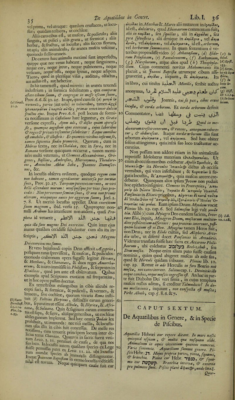 De Aquatilius vel prona, vel utraque: quaedam cruftacea ut locu¬ li: :tae$ quaedam teftacea, ut cochleas. Aliis caro cibus efi, ut mufcae, &amp; pediculo 5 alus ... ... .... • alus - y i Pinguis, ut pulici 5 aliis grana , ut formicae 5 : «T-fvn/Q-nc nt- InniiisB i alllS UlCCUS IxOl herbas, &amp; fructus, ut locuto? 5 aliis fuccus Horum, ut api •, aliis animalcula, fic aranea mufcis ve citui, quomodo ftellio araneis. . v _ . r ~ h«c animalia maxime lunt imperfecta, II.3 De ctetero --- r A • quippe quae nec venas habeant , neque langumem, neque cor, neque jecur, neque pulmonem, neque vcficam, neque ofla, neque fpinas, neque adipem. Taceo, quod in plerifque vifus , auditus, olfadus, aut nullus elt, aut hebetior. In his tamen eft, quod mireris: in aranea texendi induftriam irt formica fedulitatem , qua comparat aflate cibum [uum, &amp; congregat in meffe efcam fuam, Prov. <5.6. &amp; 30. iy. In ape, quod cum fit (a) juncp» b> (ajStrac7rgTiJV0~f^ parva (autvilis) involucribus, tamen<*(>%* yXvKcnrfAoiTwv o y-ci^ttot aCiYii $ primas tenet inter dulcia frublus ejus. Itaque Prov. 6.6. poit locum de formb ca notiiumum in Caflalione hasc leguntur, ex Graea verfione exprelfa, Apem adi, &amp; difee quam operofa Jit , quamque auguftum opus exerceat , cujus laboribus &amp; reges &amp; privati vefcuntur falubriter : Eaque omnibus eft amabilis, &amp; illuflris : Jit quamvis viribus infirma Jit, tamen fapienti* fiudio promovit. Quorum , cum in Hebrao textu, nec in Chaldaa, nec in Syra, nec in Romana verlione quicquam occurrat, tamen memi¬ nere multi veterum, ut Clemens Alexandrinus, Ori- genes, Bajilius, Ambrojius, Hieronymus, Theodore- tus, Antiochus Abbas Sab* , Joannes Damafce- 10 nus, &amp;c In locultis obferva ordinem, quodque regem cum non habeant, tamen egrediuntur univerf* per turmas fuas, Prov. 30.27. Tanquampotentes currunt, ut viri belli afeendunt murum: unufquifque per vias fuas pro cedit: Non pervertuntfemitas fuas , &amp; una non premit alteram, unaquaque eunt e per aggerem fuum-, Joel. 2. 7. 8. Ut merito locuftas appellet Deus exercitum frnrn magnum , ibid. verfu iy. Quapropter non¬ nulli Arabum has interficere non audent, quafi Pro¬ pheta id vetuerit, USli quia illa fiunt magnus Dei exercitus. Quin inter ejus manus quafdam cecidifle fabulantur cum alis ita m- feriptis , O-S-u* (^..so Magnus Hei exercitus nos fumus. Et vero hujufmodi copiis Deus afflixit zAbgyptios, poftquam ranas fprevifient, &amp; rnufcas, &amp; pediculos : quomodo crabronum opera fugafie legitur Hevaos, £c Hetth&amp;os, <k.Chananaos, &amp; duos reges Amorrha- crum -y &amp; mures immifille in Philiflaos, &amp; lerpentes in Ifraelitas , quod jam ante eft obfervatum. Quibus exemplis apud Scriptores exoticos nil frequentius, iitm hoc opere pafflm docetur. Ex terrei Iribus exfanguibus in cibis alicubi re¬ cepti fuci, &amp; formicas, &amp; pediculi, &amp; vermes, &amp; limaces , live cochleas, quorum vivaria Roma infti- 20 3° 40 (b) Varro tldt (fi) Fulvius Hirpinus , diftindis earum generi- DereRufi. bus, feparatimut efibnt AIbula, &amp; Illyrica, &amp; Afri- e*»*, &amp;S olit an* Dnin .1_ plw,i9. Cfi'2<£?x f Solitana. Quin &amp; faginam earum commen- is eltlapa, cefarre, aliifquegeneribus, ut cochleas c- f9« i >1 ± J t / j ^ Lll LULlilLtv ri 1 vi^aneam 'mP^crcnt- bed hasc omnia ffudais lex prohibmt, ut immunda: nec nifi mellis, &amp;locufta- US11S concefius. De meile res lici'1™’ tenuerit principem locum inter de- tum Lew Chanaan- Quamvis in facris fuerit veti- fuoloco Ini;,1 mPeCullari dccaufa, de qua nos fuiffe pemiffasVeTS”^U!lfdam fPecif.f L^e rum munda: ibdes fiP 1Vlz:. locufta- Itaquc Joarnem Baptpam ; ™muild'? diftmguuntur. fO 60 cur 70 in Genere. Lib. I. 3 6 arfilag in Matthao &amp; Marco alii mutarent in lys.fiSuct id ell', dulciaria, quod Ebionaorum commentum fuit} alii in KufiSus , feu fquillas 5 alii in oiffldJots , feu pyra fylveflria } alii denique in cixpofyva , vel cocpa dpuw(i5 vel>cpi/xovoi?, vel (XHp/tr^wtxra, id eft, arborum^ vel herbarum fummitates. I11 quam fententiam e ve¬ teribus propendifie video (c) Athanafum, (d) IJido- rum Pelufotam, (fi) Pantaleontem, (/) Euthymium, (jQ Nicephorum, atque alios apud (/?) Theophyla¬ bium. Cujus commenti novitas Mahumetanis ita placuit , ut Joanni Baptifia utrumque cibum affi- gnaverint, d^lSag, inquam , daficfj.xTot. Ita in libro, cui titulus Monile, feribit audior anonymus, (jUT Joannis, fit pax, cibus erant locufi*j &amp; corda arborum. Et corda arborum definit Commentator, U22 J 0^ (jjJV dio e arum cr efc it t en erum , &amp; recens, antequam robore¬ tur , d“ obduref :at. Itaque corda-arborum illis funt arborum , vel duptuoves. Sed hasc obiter folum attingimus 5 quia infra fuo loco tradantur ac¬ curatius. Non polium non addere etiam in his animalculis reperiifle Idololatras materiam iS-iAoS-pwxdag. Ut enim ab occifis muribus colebatur Apollo SjutvQw, &amp; MvoKTov(§y’ ita Hercules ’l7rc^Tov@- didtus ab occifis vermibus, qui vites infeftabant} &amp; Ko^o7riaiv a fu¬ gatis locuftis, &amp; a TtQixvi&amp;, quia rnufcas arcere cre¬ debatur. Quanquam alios lplum Jovem non puduit hoc epitheto infignire. Clemens in Protreptico, 'atto- pvfi 3da er IV ’UAeioi , 'VuifxxToi Jg ’a 7T0[a\iim 'HpxKAeh Paufanias in Eliacis prioribus, aeyovrxt Je x‘xtd txvtm ’haHoi B-vuv tm 'A7T0(J.^a Ah, l|sAstixvovT< ^’H\elxc’0- AojxTtlxg Tfj? fAvixs. Eum ipfum Deum Myodem vocat Plinius lib. 29. cap. 6. Sed Salmafius legi vult jxvitjov A '“*■ Alibi (f) cum Myiagro Deo eundem faciens, Invo¬ cant Elei, inquit, Myiagron Deum, mufcarum multitu¬ dinepeflilentiam adferente : quaprotinus intereunt,pofi- quam litatum efl ei Heo. Myagrus tamen Heros fuit non Deus} nec in Elide cultus, fed AUpheris Arca¬ dia urbe, ut diferte docet Paufanias in Arcadicis. Videntur tranflatafuifle haec facra ex Accarone Phili- flaorum , ubi colebatur BeeNebub , feu Hemmufc*. Neque enim aliam puto fuifie caufam nominis, quam quod abigeret rnufcas ab «de fua, quod &amp; Herculi quidam tribuunt. Plinius lib. 10. cap. 29. Romae in *de Herculis in foro Boario nec mufea, nec canes intrant. Sol mus cap. l. Divinitus illo neque canibus, neque muf :is ingrefjus efl. An hac in par¬ te fuit Diabolus Dei veri fimia , in cujus templum mufcis nullus aditus, fi creditur Talmudicis? In do¬ mo m ablationis , inquiunt, non confpebla etl mufea • Pirke Aboth, cap. y. 8.6.6c7. (0 Tn Sebo/. (d) Epift. >33. (e) Serm. i tl tx c&amp;yix tpZrot. (/) hunc la¬ cum. <g) Hifi. hb I.c.14. (h)In hunc locum. (1) Lih. 10. c.z8i CAPUT SEXTUM. De Aquatilibus in Genere, &amp; in Specie de Fifcibus. Aquatilia Hebraei cur repere dicant. In mari nafei quicquid ufpiam , &amp; multa qua nufquam alibi. Animalium in aquis viventium quantus numerus. Vari* fententi*. Aquatilium fumma genera. Pi- /mHebr. Jn. Huyus propria partes, pinna, fquama, CV bran chia. Pinna cur Hebr. TtJJD, Cr fqua¬ ma cur HWpWp. Branchi* interna, &amp; extern* pro pulmone funt. Pifc'sis plani ucpuv@* , mde itt.of. Quor-